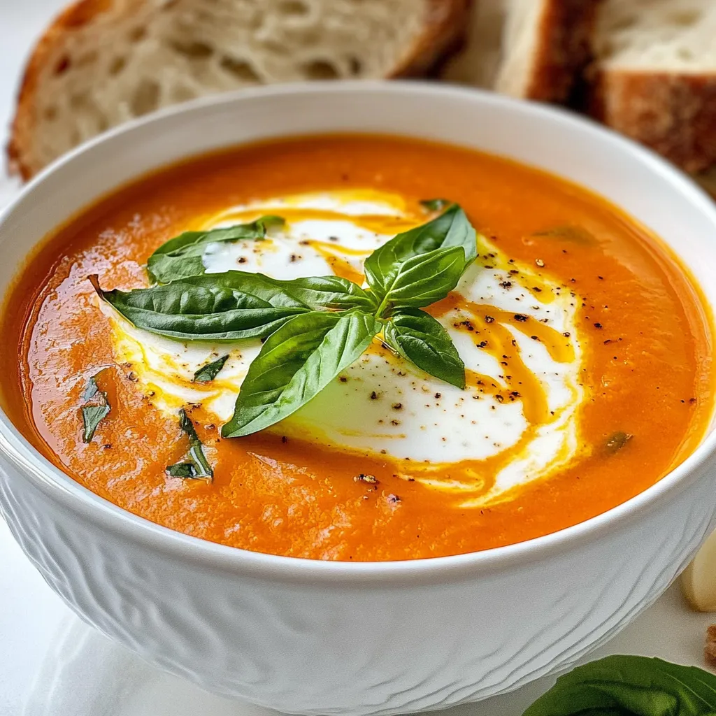 To make creamy roasted garlic tomato soup, you need simple, fresh ingredients. Here’s what you’ll need: - 3 large tomatoes, halved - 1 whole bulb of garlic - 1 medium onion, chopped - 2 tablespoons olive oil - 2 cups vegetable broth - 1 cup heavy cream (or coconut cream for a dairy-free version) - 1 teaspoon dried basil - 1 teaspoon dried oregano - Salt and pepper to taste - Fresh basil leaves for garnish These ingredients create a rich, smooth soup. The tomatoes bring sweetness, while roasted garlic adds depth. Olive oil gives a nice flavor and helps with cooking. You can easily adapt this recipe for different diets. For a dairy-free option, use coconut cream instead of heavy cream. It still gives a creamy texture but is plant-based. For a gluten-free version, check your vegetable broth. Most brands are gluten-free, but it's good to confirm. This soup is naturally gluten-free, so you can enjoy it without worry. Garnishing enhances the soup's look and taste. Try these ideas: - Fresh basil leaves for a pop of color - A drizzle of extra heavy cream on top - Crusty bread or grilled cheese for dipping These additions make your meal more enjoyable and satisfying. They also add texture and flavor, which elevate the whole experience. Enjoy creating your creamy roasted garlic tomato soup! {{ingredient_image_1}} Start by preheating your oven to 400°F (200°C). Take three large tomatoes and cut them in half. Place them cut side up on a baking sheet. Grab a whole bulb of garlic, cut off the top, and add it to the sheet. Drizzle one tablespoon of olive oil over the tomatoes and garlic. Sprinkle a pinch of salt over everything. Roast them in the oven for 25 to 30 minutes. Look for caramelized tomatoes and soft, golden garlic. In a large pot, heat one tablespoon of olive oil over medium heat. Chop one medium onion and add it to the pot. Sauté the onion for about five minutes. You want it to be soft and translucent. Once your garlic has cooled, squeeze the soft cloves into the pot. Add the roasted tomatoes next. Now, pour in two cups of vegetable broth. Bring the mixture to a simmer and add one teaspoon each of dried basil and oregano. Season with salt and pepper. Let it simmer for ten minutes to blend the flavors. Remove the pot from heat. Use an immersion blender to blend the soup until smooth. If you don’t have an immersion blender, carefully pour the soup into a countertop blender. Blend it in batches until smooth. Stir in one cup of heavy cream or coconut cream for a dairy-free option. Gently heat the soup over low heat for three to five minutes. Taste and adjust the seasoning as needed. Enjoy this creamy roasted garlic tomato soup! To make the best creamy roasted garlic tomato soup, roasting is key. Here are my tips: - Choose ripe tomatoes. They add more flavor. - Use fresh garlic. A whole bulb will give a rich taste. - Drizzle olive oil. It helps caramelize the tomatoes and garlic. - Add salt. This enhances the natural sweetness of the tomatoes. - Watch the time. Roast for about 25-30 minutes, until soft and golden. Blending makes your soup smooth and creamy. Here’s how to do it right: - Use an immersion blender. This tool is easy and less messy. - If using a countertop blender, let the soup cool first. Blend in small batches to avoid spills. - Blend until smooth. This gives you that creamy texture you want. To make your soup even better, try these flavor tips: - Add herbs. Fresh basil or parsley can brighten the taste. - Experiment with spices. A pinch of red pepper flakes adds a nice kick. - Adjust creaminess. Use coconut cream for a dairy-free version. - Balance flavors. Taste and adjust salt and pepper as needed. With these tips, you can make a rich, tasty soup that everyone will love! Pro Tips Use Ripe Tomatoes: For the best flavor, choose ripe, in-season tomatoes. They will provide natural sweetness and richness to your soup. Adjust Creaminess: If you prefer a lighter soup, use half-and-half or milk instead of heavy cream. For a vegan option, coconut cream adds richness without dairy. Enhance Flavor with Fresh Herbs: While dried herbs are great, adding fresh basil or oregano right before serving can elevate the dish with bright, fresh flavors. Garnish Creatively: In addition to fresh basil, try adding a sprinkle of Parmesan cheese or a drizzle of balsamic reduction for extra flavor and visual appeal. {{image_2}} You can make this soup vegan with a few easy swaps. Use coconut cream instead of heavy cream. It adds a rich taste without dairy. You can also use vegetable broth for extra flavor. This way, everyone can enjoy creamy roasted garlic tomato soup! Feel free to add more flavors to your soup. Try spices like smoked paprika or red pepper flakes for heat. You can also mix in vegetables like bell peppers or carrots. They add more texture and taste. Experimenting with flavors makes your soup unique! Serve this soup with a slice of crusty bread. It soaks up the delicious broth. A simple side salad adds freshness. You can also top the soup with croutons for a nice crunch. These pairings make your meal even better! After you enjoy your creamy roasted garlic tomato soup, store any leftovers in an airtight container. Let the soup cool to room temperature before sealing it. This step helps keep it fresh. Place the container in the fridge. Your soup will stay good for about 3 to 4 days. If you add cream, it may not last as long. Always check for any signs of spoilage before eating. You can freeze this soup to enjoy later. First, let the soup cool completely. Then, pour it into freezer-safe bags or containers. Leave some space at the top for expansion. Label the bags with the date. The soup will last in the freezer for up to 3 months. When you’re ready to eat, thaw it in the fridge overnight. To reheat the soup, place it in a pot over low heat. Stir it gently to ensure even warming. If the soup seems thick, add a splash of vegetable broth or water. You can also microwave it in a bowl. Heat it in short bursts, stirring in between. This way, you keep the flavors fresh and tasty. To make this soup healthier, swap heavy cream for coconut cream or almond milk. You can also add more veggies, like carrots or spinach, for extra nutrients. Using low-sodium vegetable broth helps cut back on salt. If you want more fiber, consider adding lentils or beans. These changes keep the flavor rich while boosting health benefits. Yes, you can use canned tomatoes. Look for whole or diced tomatoes in juice or puree. Canned tomatoes save time and can be just as tasty. Use about 28 ounces of canned tomatoes for this recipe. Drain excess liquid if you want a thicker soup. The flavors may differ slightly, but it will still be delicious. Serve the soup hot in bowls. Drizzle a bit of heavy cream on top for a nice touch. Fresh basil leaves make a great garnish, adding color and flavor. Pair the soup with rustic bread or a grilled cheese sandwich. This combo makes for a cozy meal that everyone will enjoy. This blog showed you how to make creamy roasted garlic tomato soup. We covered key ingredients and helpful substitutions for different diets. The step-by-step instructions guided you from roasting to blending. You learned tips for perfect flavor and texture. We even explored tasty variations and storage tips. Now you can enjoy a warm bowl of soup anytime. Remember, this dish is not just comforting; it’s also easy to make. Enjoy experimenting with flavors and ingredients that match your taste!