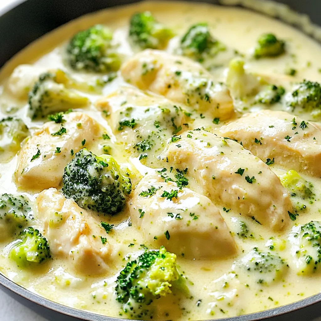 To make this creamy garlic chicken broccoli skillet, you need the following: - 2 boneless, skinless chicken breasts, sliced into strips - 2 cups fresh broccoli florets - 4 cloves garlic, minced - 1 cup heavy cream - 1 cup chicken broth - 1 tablespoon olive oil - 1 teaspoon Italian seasoning - Salt and pepper to taste - 1/2 cup grated Parmesan cheese - Fresh parsley, chopped (for garnish) Each ingredient plays a key role in building flavor and texture in this dish. If you want to swap some ingredients, here are a few ideas: - Chicken: You can use turkey or tofu for a different protein. - Cream: For a lighter option, use half-and-half or coconut cream. - Broccoli: Cauliflower or green beans can work well too. - Parmesan: Use nutritional yeast for a dairy-free choice. - Olive oil: Any cooking oil, like avocado oil, can be used here. These substitutions can still give you a tasty meal but change the flavor slightly. Choosing fresh ingredients is key to a great dish. Here are some tips: - Chicken: Look for bright pink color and no smell. - Broccoli: Pick florets that are bright green and firm. Avoid yellowing. - Garlic: Choose bulbs that are heavy and firm, with no sprouting. - Cream: Check the date and choose a brand that you trust. Fresh ingredients make a big difference in taste and quality. {{ingredient_image_1}} Start by gathering all your ingredients. You will need chicken, broccoli, garlic, and more. Prepare the chicken by cutting it into strips. Wash the broccoli and cut it into small florets. Mince the garlic and set it aside. This prep makes cooking easier and faster. Heat olive oil in a large skillet over medium heat. Once hot, add the chicken strips. Season them with salt, pepper, and Italian seasoning. Cook for about 5 to 7 minutes until golden brown. Ensure the chicken is fully cooked, then remove it from the skillet. Set it aside on a plate. This keeps the chicken juicy while you make the sauce. In the same skillet, add minced garlic. Sauté it for about one minute. Be careful not to burn the garlic, as it can taste bitter. Next, pour in the chicken broth and bring it to a simmer. Let it reduce for about 3 to 4 minutes. Then, add heavy cream and mix well. Simmer for another 3 to 4 minutes. Watch as the sauce thickens and turns rich. Now, it’s time for the broccoli. Add the florets to the skillet and cover with a lid. Let them steam in the creamy sauce for 4 to 5 minutes. This keeps them bright and tender. Return the chicken to the skillet and sprinkle with Parmesan cheese. Stir everything to combine and cook for another 2 minutes. Adjust the seasonings to taste. Garnish with chopped fresh parsley. Serve hot and enjoy this delightful meal! To cook chicken just right, start with thin strips. Thin pieces cook quickly and evenly. Heat your skillet on medium heat and add olive oil. Once hot, season the chicken with salt, pepper, and Italian seasoning. Cook for about 5-7 minutes. Look for a golden color on the chicken. Always check if the chicken is cooked through. For perfect broccoli, use fresh florets. Fresh broccoli stays bright green and crunchy. Add the florets to the skillet after the sauce simmers. Cover the skillet with a lid to steam them. Let them cook for about 4-5 minutes. The broccoli should be tender but still firm. This keeps it vibrant and tasty. If you want to change flavors, try different seasonings. Lemon zest adds a fresh touch. Smoked paprika gives a warm flavor. You can also use fresh herbs like thyme or basil. These spices can elevate your dish. Experiment with what you like best. Each change can make this recipe feel new! Pro Tips Use Fresh Ingredients: Fresh broccoli and garlic will enhance the flavor and texture of your dish significantly. Opt for seasonal vegetables whenever possible. Don’t Overcook the Broccoli: Steam the broccoli just until tender to maintain its vibrant color and crisp texture. This adds not only flavor but also visual appeal to your dish. Adjust the Creaminess: If you prefer a lighter sauce, substitute half of the heavy cream with Greek yogurt or sour cream for a tangy twist without sacrificing creaminess. Experiment with Cheese: While Parmesan is delicious, feel free to experiment with other cheeses like mozzarella or cheddar for different flavor profiles. {{image_2}} You can make simple swaps to boost health. Instead of heavy cream, try coconut milk. It adds creaminess with fewer calories. You can also use low-sodium chicken broth. This helps cut down on salt. For cheese, swap Parmesan for nutritional yeast. It gives a cheesy flavor without dairy. Want to add more veggies? Toss in bell peppers or carrots for color and crunch. You can also use spinach or kale. These greens cook quickly and blend well in the sauce. Just add them when you add the broccoli. They will steam perfectly in the creamy sauce. To spice things up, add red pepper flakes. Start with a pinch and taste as you go. If you want more heat, add a diced jalapeño. This gives a nice kick without changing the dish too much. You can also use spicy Italian sausage instead of chicken for a bold twist. Store your creamy garlic chicken broccoli skillet in an airtight container. Allow it to cool first. This helps prevent sogginess. Keep it in the fridge for up to three days. Make sure to label your container with the date. This way, you know when to use it. When you're ready to eat your leftovers, reheating is easy. The best way is to use a skillet for even heating. Heat it over low to medium heat. Stir occasionally to prevent sticking. You can also use a microwave. Place it in a microwave-safe dish and cover it. Heat in short bursts until warm, stirring in between. If you want to save it for later, freezing is a great option. Let your dish cool completely before freezing. Use a freezer-safe container or bag. Squeeze out as much air as possible to avoid freezer burn. It can last for about three months in the freezer. When you’re ready to eat, thaw it in the fridge overnight before reheating. Yes, you can use frozen broccoli. Frozen broccoli cooks faster. It is already blanched, so it will be tender quickly. Just add it to the skillet and cook until heated through. The flavor will still be nice, but fresh broccoli gives better texture. This dish pairs well with rice or pasta. You can also serve it with crusty bread for dipping. A fresh salad or roasted potatoes can add a nice touch too. Each side complements the creamy sauce well. To make it dairy-free, swap heavy cream for coconut milk. Use dairy-free cheese instead of Parmesan. You can also use a thick nut milk to mimic the creaminess. This keeps the dish rich without dairy. If the sauce is too thick, add more chicken broth. Stir it in slowly until you reach your desired consistency. You can also add a splash of water or more cream. This keeps the sauce creamy without being too heavy. Yes, you can make this dish ahead of time. Cook it fully and let it cool. Store it in an airtight container in the fridge for up to three days. Reheat it gently on the stove for best results. This blog post covered all you need to make a tasty Creamy Garlic Chicken Broccoli Skillet. We explored key ingredients, helpful tips, and fun variations to try. Remember to choose fresh ingredients for the best taste and follow my steps for perfect chicken. Don't hesitate to experiment with your own twists. Store leftovers properly, and enjoy this dish whenever you crave it. Cooking can be fun and creative, so get started!
