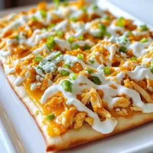 To make Buffalo Chicken Flatbread, gather these key ingredients: - 1 large flatbread or naan - 1 cup cooked chicken, shredded - 1/2 cup buffalo sauce - 1/2 cup mozzarella cheese, shredded - 1/4 cup blue cheese crumbles (optional) - 1/4 cup ranch or blue cheese dressing - 1/4 cup green onions, sliced - Salt and pepper to taste - Olive oil for brushing These main ingredients combine to create a tasty, spicy dish that is loved by many. The flatbread acts as a perfect base, holding all the flavors together. The chicken, coated in buffalo sauce, gives it a nice kick. Feel free to get creative with more toppings! Here are a few ideas: - Fresh cilantro - Sliced jalapeños - Avocado - Different cheese blends like cheddar or pepper jack You can also swap out the ranch for other dressings. Consider using yogurt-based dressings for a lighter option. Each topping adds its own flavor and texture, making your flatbread unique. If you want to change things up, you can easily substitute ingredients: - Instead of flatbread, you can use pita bread or a tortilla. - Any cooked chicken works. You can use rotisserie chicken or leftover grilled chicken. - If you prefer a milder taste, use less buffalo sauce or a milder dressing. - For a dairy-free version, try vegan cheese or omit cheese altogether. These substitutes keep the dish flexible. You can adjust it to fit your taste or diet needs. {{ingredient_image_1}} To start, you will want to preheat your oven to 400°F (200°C). This step is key for a perfect bake. While your oven heats, prepare your baking sheet by lining it with parchment paper. This makes cleanup easy and helps prevent sticking. Next, take a mixing bowl and add 1 cup of shredded chicken. Pour in 1/2 cup of buffalo sauce. Mix these together well, so every piece of chicken gets coated. You can add salt and pepper to taste. This mix gives the chicken a spicy kick. Now, grab your flatbread or naan. Place it on the lined baking sheet. Use a brush to lightly coat the flatbread with olive oil. This will help it get nice and crispy when baking. Once your chicken is mixed and your flatbread is ready, it's time to layer. Spread the buffalo chicken evenly over the flatbread. This ensures every bite is full of flavor. Next, sprinkle 1/2 cup of shredded mozzarella cheese on top. If you like blue cheese, add 1/4 cup of blue cheese crumbles too. This adds a nice tangy flavor that pairs well with the buffalo sauce. Bake the flatbread in the oven for about 10 to 12 minutes. You want the cheese to be bubbly and the edges of the flatbread to turn golden brown. Keep an eye on it to prevent burning. Once baked, take the flatbread out and let it cool for a minute. Drizzle 1/4 cup of ranch or blue cheese dressing over the top. This adds creaminess that balances the heat from the buffalo sauce. For a fresh touch, sprinkle sliced green onions on top. They add color and a mild onion flavor. Slice the flatbread into pieces and serve it warm. For a great presentation, place the flatbread on a wooden board. Adding extra buffalo sauce and ranch dressing on the side makes for a fun dipping experience. If you have fresh cilantro, a sprinkle of that adds a nice pop of color. To make your Buffalo chicken flatbread pop, start with fresh ingredients. Use high-quality buffalo sauce for the best taste. You can mix in spices like garlic powder or smoked paprika for a kick. Brush the flatbread with olive oil before baking. This helps it get crispy and adds a nice flavor. Don't skimp on cheese; it melts into a gooey, tasty topping. For a zesty finish, drizzle ranch or blue cheese dressing after baking. One common mistake is overcooking the chicken. Make sure it is just heated through, not dry. Another error is using too much buffalo sauce. A half-cup is perfect; too much may make it soggy. Avoid using cold flatbread; let it come to room temperature for even baking. Lastly, don't forget to slice the green onions thinly. This helps them mix well and adds a fresh taste. You don’t need fancy tools to make this dish. A good mixing bowl is key to combining the chicken and sauce. A baking sheet lined with parchment paper makes cleanup simple. Use a sharp knife for slicing the flatbread and green onions. A basting brush helps evenly apply olive oil. Finally, an oven thermometer ensures your oven is at the right temperature for perfect baking. Pro Tips Use Fresh Ingredients: Freshly cooked chicken and high-quality buffalo sauce will elevate the flavor of your flatbread significantly. Customize Your Heat: Adjust the amount of buffalo sauce to match your heat preference. For a milder version, use less sauce or mix in some ranch dressing. Perfect Cheese Melt: For the best cheese melt, consider adding the mozzarella halfway through baking to prevent it from browning too quickly. Optimal Crispiness: Ensure your flatbread is brushed with olive oil to achieve a crispy texture. You can also bake it on a pizza stone for extra crunch. {{image_2}} You can change the flavor of your Buffalo chicken flatbread with different sauces. Try barbecue sauce for a sweet twist. A garlic sauce can add a nice touch, too. If you want heat, use spicy sriracha instead of buffalo sauce. For cheese, mozzarella is classic, but you can mix it up. Try pepper jack for a kick or gouda for its creamy texture. Each sauce and cheese choice brings its own unique taste to the flatbread. If you prefer a meatless option, you can easily adapt this recipe. Use roasted cauliflower or chickpeas instead of chicken. Toss them in buffalo sauce to keep that spicy flavor. You can also use grilled veggies like bell peppers and zucchini. These add great texture and taste. Make sure to add plenty of cheese or a vegan cheese for a creamy finish. This way, everyone can enjoy a tasty flatbread. Buffalo chicken flatbread can be as spicy or mild as you like. For a mild version, reduce the buffalo sauce. You can mix it with ranch dressing to tone down the heat. Adding more cheese can also help make it milder. On the other hand, if you love spice, add jalapeños or a dash of hot sauce to the top. You can even sprinkle crushed red pepper for an extra kick. Customize it to fit your taste! To keep your buffalo chicken flatbread fresh, let it cool first. Wrap the flatbread in plastic wrap or foil. You can also use an airtight container. Store it in the fridge for up to three days. This way, the flavors stay nice and bold. When you’re ready to eat, preheat your oven to 350°F (175°C). Place the flatbread on a baking sheet. Heat it for about 10 minutes. This will make the flatbread warm and crisp again. You can also use a microwave. Just heat for about 30 seconds to 1 minute. But be careful; the flatbread may get soft. If you want to save some for later, freezing works well. Wrap the flatbread tightly in plastic wrap, then foil. You can freeze it for up to three months. When you’re ready to eat, take it out and thaw in the fridge overnight. Then, reheat it in the oven for the best taste. Enjoy your leftovers! Buffalo chicken flatbread is a tasty dish. It combines soft flatbread with shredded chicken and spicy buffalo sauce. You also add cheese and toppings. The mix creates a savory and satisfying meal. It's great for sharing or as a snack. Yes, you can make buffalo chicken flatbread ahead of time. Prepare the chicken and sauce, then store them in the fridge. Just assemble the flatbread when you're ready to bake. This makes it easy for a quick meal later. Many restaurants serve buffalo chicken flatbread. You can find it at casual dining spots and pizzerias. Popular chains often have their own versions. Check local menus for unique takes on this tasty dish. Buffalo Chicken Flatbread is a fun meal to make at home. We covered the main ingredients, the cooking steps, and helpful tips. You can enhance flavors and avoid mistakes easily. Variations let you explore new tastes, like vegetarian or spicy options. Lastly, I shared how to store, reheat, and freeze leftovers. In conclusion, this dish is tasty and adaptable. Enjoy this easy recipe with friends and family.
