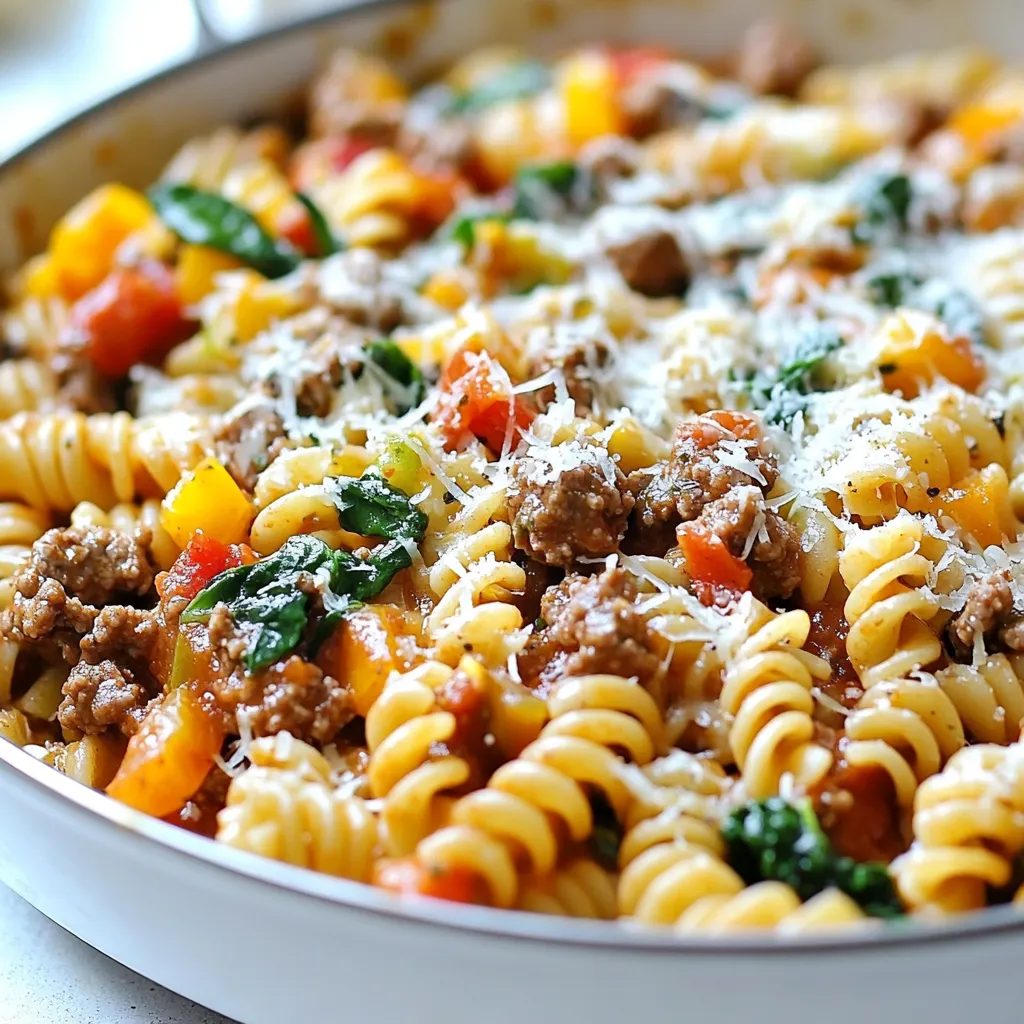 This Healthy Ground Beef Pasta Skillet is quick, tasty, and packed with good stuff. Here’s what you need to make it: - 1 lb lean ground beef - 8 oz whole wheat pasta (penne or rotini) - 1 tablespoon olive oil - 1 medium onion, diced - 2 cloves garlic, minced - 1 bell pepper, diced (any color) - 1 can (14 oz) diced tomatoes (with juice) - 1 cup low-sodium beef broth - 1 teaspoon Italian seasoning - 1 teaspoon paprika - Salt and pepper to taste - 2 cups fresh spinach - 1/2 cup grated Parmesan cheese (optional, for topping) These ingredients work together to create a filling meal. Lean ground beef gives you protein. Whole wheat pasta adds fiber. Fresh veggies like spinach and bell pepper bring color and nutrients. Plus, you can adjust the flavors with spices like paprika and Italian seasoning. If you like cheese, sprinkle some Parmesan on top. This dish is a great way to enjoy hearty flavors while keeping it healthy. {{ingredient_image_1}} To start, fill a large pot with water. Add a generous amount of salt. Bring the water to a boil over high heat. Once boiling, add the whole wheat pasta. Cook it according to the package instructions until it is al dente. This usually takes about 8-10 minutes. Al dente pasta should be firm but not hard. Drain the pasta and set it aside while you prepare the rest. Next, grab a large skillet and heat one tablespoon of olive oil over medium-high heat. Once the oil is hot, add the pound of lean ground beef. Use a spatula to break the beef apart as it cooks. Stir it well, and let it brown for about 5-7 minutes. If there is excess fat, drain it away. This step adds rich flavor to your dish. Now it’s time to add some color. Toss in one diced onion and one diced bell pepper into the skillet with the browned beef. Sauté these veggies for about 3-4 minutes until they start to soften. Then, add two minced garlic cloves. The garlic will cook quickly, so let it sauté for only one more minute. This brings out its strong flavor, making your dish even better. After the vegetables are cooked, stir in a can of diced tomatoes, including the juice. Then pour in one cup of low-sodium beef broth. Add one teaspoon of Italian seasoning and one teaspoon of paprika for extra taste. Don’t forget to season with salt and pepper to your liking. Bring this mixture to a simmer. Letting it simmer helps the flavors blend nicely. Once the mixture simmers, add in the cooked pasta and two cups of fresh spinach. Stir everything together gently. Ensure the spinach wilts down well. This should take just a couple of minutes. You want to make sure the pasta is coated in the sauce and that every bite is full of flavor. Remove the skillet from heat. You can serve this dish straight from the skillet. It looks great and keeps it warm. If you like, sprinkle some grated Parmesan cheese on top for added flavor. This dish is not only healthy but also quick to make and share with your family. Enjoy your meal! To get that perfect al dente texture, cook your pasta in boiling water for the time stated on the package. Check it a minute or two early. You want it to be firm but not hard. The key is to taste it as it cooks. When boiling your pasta, use a good amount of salt in the water. This adds flavor to the pasta. It should taste like the sea. This simple step makes a big difference in your dish. To make your dish even more flavorful, try adding spices like red pepper flakes or oregano. You can also use fresh herbs like basil or parsley for a nice touch. These spices will brighten the flavors in your meal. Always remember to season to taste. After you mix all the ingredients, taste your dish. If it needs more salt or pepper, add some. This small step can take your dish from good to great. For a leaner option, choose ground beef that is at least 90% lean. This helps reduce fat but keeps great flavor. You can also use ground turkey or chicken if you want something lighter. When cooking the ground beef, drain any excess fat after browning. If you notice a lot of grease in the pan, pour it out. This keeps your dish healthier and makes it less greasy. Pro Tips Perfect Pasta: Always cook pasta al dente according to package instructions to ensure it retains a firm texture in the skillet. Flavor Boost: Add a splash of red wine to the skillet after browning the beef for an extra depth of flavor. Vegetable Variations: Feel free to swap in seasonal vegetables like zucchini or mushrooms for added nutrition and taste. Meal Prep Magic: This dish can be made ahead and reheated, making it perfect for quick lunches or dinners throughout the week. {{image_2}} You can switch up the pasta type for fun. Whole grain pasta gives more fiber. Gluten-free pasta works great for those with allergies. Try using chickpea or lentil pasta for a protein boost. Explore different shapes too. Bowties, shells, or spaghetti can change the look and feel. Adding more veggies makes this dish even better. You can toss in zucchini, carrots, or mushrooms. They add color and nutrients. Seasonal veggies like asparagus or cherry tomatoes can brighten the dish. Don’t forget leafy greens like kale or Swiss chard for extra health benefits. If you want a meat-free meal, you can make this vegetarian. Use lentils or beans as a protein source. Tofu is a great option too. You can also swap ground beef for ground turkey or chicken. These options keep it light but still tasty. To store leftovers, let the dish cool first. Then, place it in an airtight container. This keeps it fresh and tasty. I recommend using glass or BPA-free plastic containers. They are safe and easy to clean. Store the dish in the fridge for up to three days. You can freeze this meal for later use. Portion it into smaller containers or bags. This helps with quick meals later. It stays good in the freezer for about three months. When you want to eat it, thaw it in the fridge overnight. For reheating, use the stove or microwave until hot. Get creative with leftovers! You can make a pasta bake by adding cheese and baking it. Or, turn it into a soup by adding broth. When reheating, add a splash of water or broth. This helps keep the pasta moist and flavorful. Enjoy your meal again and again! To add some heat, you can use crushed red pepper flakes. Start with a pinch and adjust to your taste. You can also add diced jalapeños for a fresh kick. If you want more depth, try a dash of hot sauce while cooking. Each method brings a different flavor and heat level. Yes, you can use regular pasta. Whole wheat pasta has more fiber and nutrients, but both options work. Regular pasta is softer and cooks faster. If you want to keep it healthy, I suggest sticking with whole wheat. It offers a nutty flavor that pairs well with the beef and sauce. This dish lasts about three to four days in the fridge. Store it in an airtight container to keep it fresh. Make sure to cool it down before putting it away. When reheating, warm it on low heat to avoid drying it out. Stir in a splash of beef broth if it seems dry. For low-carb options, use spiralized zucchini or cauliflower rice instead of pasta. Both give you a hearty base without the carbs. You can also try shirataki noodles, which are very low in calories. These choices keep the dish light and healthy while still being filling. This post showed you how to make a tasty pasta dish with lean ground beef and fresh veggies. You learned cooking steps, ingredient choices, and helpful tips to boost flavor. Remember, you can customize this recipe to match your taste and dietary needs. Try different vegetables, pastas, or proteins. Enjoy experimenting in the kitchen! This dish is easy to store and reheat, allowing you to savor it later. Happy cooking and savoring every bite!