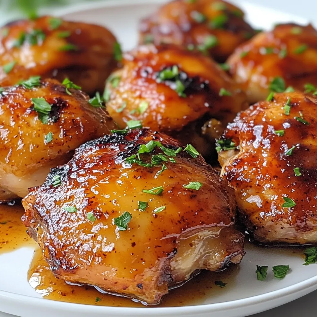 - 4 chicken thighs (bone-in, skin-on) - 2 tablespoons olive oil - 1 tablespoon soy sauce (or coconut aminos for a keto option) - 1 tablespoon apple cider vinegar - 2 tablespoons sugar-free barbecue sauce - 1 tablespoon Dijon mustard - 1 teaspoon smoked paprika - 1 teaspoon garlic powder - 1 teaspoon onion powder - Salt and pepper to taste - Fresh parsley for garnish This dish serves four. Each serving contains about: - Calories: 380 - Protein: 28g - Carbohydrates: 4g - Fat: 28g - Fiber: 1g This recipe fits well in a keto diet. The low carb count helps keep you in ketosis. When picking chicken, look for fresh thighs. Choose organic, pasture-raised chicken if you can. The skin adds flavor and helps keep the meat juicy. For olive oil, select extra virgin for the best taste. Always check the label for quality. Use low-sodium soy sauce or coconut aminos for a healthier option. Both add depth to the dish without too much salt. Make sure your spices are fresh. Smoked paprika and garlic powder boost flavor, making your meal even better. When it comes to the barbecue sauce, choose sugar-free options to keep it keto-friendly. Fresh parsley gives a nice touch. It adds color and brightens up the dish. {{ingredient_image_1}} 1. Preheat your oven to 400°F (200°C). 2. In a small bowl, mix the soy sauce (or coconut aminos), apple cider vinegar, sugar-free barbecue sauce, Dijon mustard, smoked paprika, garlic powder, onion powder, salt, and pepper. Whisk until smooth. 3. Pat the chicken thighs dry with paper towels. Place them in a large mixing bowl. 4. Pour the marinade over the chicken. Coat each piece evenly. Let it sit for at least 30 minutes. For more flavor, marinate overnight in the fridge. 1. Heat olive oil in a large oven-safe skillet on medium-high heat. 2. Once hot, add the marinated chicken thighs skin-side down. Sear them for 4-5 minutes. Look for crispy, golden skin. 3. Flip the chicken thighs over. Move the skillet to the preheated oven. Roast for 25-30 minutes. Use a meat thermometer to check that the internal temperature reaches 165°F (75°C). 4. After cooking, remove the skillet from the oven. Let the chicken rest for about 5 minutes. - Always dry the chicken before marinating. This helps the skin crisp up nicely. - Make sure to use an oven-safe skillet for easy cooking. - Use a meat thermometer for accuracy; it prevents overcooking. - Let the chicken rest after cooking. This keeps it juicy and flavorful. - Garnish with fresh parsley for a bright finish. Marinating chicken makes it taste great. For this recipe, use a mix of soy sauce, apple cider vinegar, sugar-free barbecue sauce, and spices. Let the chicken sit in this mix for at least 30 minutes. The longer you marinate, the more flavor it gets. You can even marinate it overnight in the fridge for a rich taste. Using the right tools helps a lot. You will need: - A large mixing bowl for marinating - A whisk to mix the marinade - An oven-safe skillet for searing and roasting - A meat thermometer to check the chicken's doneness These tools make cooking easy and fun. There are a few mistakes to watch out for. First, don’t skip the marinating step. It adds great flavor. Second, make sure the skillet is hot before adding the chicken. This helps to get that crispy skin. Lastly, always check the chicken's internal temperature. It should be 165°F to be safe to eat. Avoid these mistakes, and your Bourbon Style Keto Chicken will shine! Pro Tips Marinate for Maximum Flavor: The longer you marinate the chicken, the more flavorful it will be. Aim for at least 30 minutes, but overnight is ideal for deeper penetration of the flavors. Use a Meat Thermometer: To ensure your chicken is perfectly cooked, use a meat thermometer. It should read 165°F (75°C) in the thickest part of the thigh. Get Crispy Skin: For ultimate crispy skin, make sure to sear the chicken thighs skin-side down until golden brown before transferring to the oven. Fresh Herbs for Garnish: Adding fresh parsley not only enhances the dish's appearance but also adds a burst of freshness to the rich flavors of the chicken. {{image_2}} You can swap out some ingredients to fit your taste or needs. For chicken, use drumsticks or breasts instead of thighs. If you want a soy-free option, coconut aminos work great. For a tangy kick, try lemon juice in place of apple cider vinegar. You can also use any sugar-free barbecue sauce you like. If you prefer fresh herbs, swap parsley for cilantro or chives. This flexibility keeps the dish fresh each time you make it. Pair this bourbon style keto chicken with low-carb sides. Roasted vegetables like broccoli or Brussels sprouts add color and flavor. You might enjoy a simple salad with spinach, avocado, and olive oil. Cauliflower rice is another great side that soaks up the sauce well. For a heartier option, consider mashed cauliflower with garlic. Each side can enhance your meal while keeping it keto-friendly. You can also grill or slow cook this dish for different flavors. For grilling, marinate the chicken as usual. Preheat your grill to medium heat, then cook the chicken skin-side down for about 25 minutes. Flip and grill for another 15 minutes until fully cooked. For slow cooking, add the marinated chicken to a slow cooker. Cook on low for 6-8 hours or high for 3-4 hours. Both methods give you delicious results and make the chicken tender and juicy. To keep your Bourbon Style Keto Chicken fresh, place leftovers in an airtight container. Make sure to cool the chicken to room temperature first. Store it in the fridge for up to four days. If you want to keep it longer, consider freezing. Reheat the chicken in the oven for the best taste. Set the oven to 350°F (175°C). Place the chicken on a baking tray and cover it with foil. Heat for about 15-20 minutes until warm. You can also use a microwave, but the oven keeps the skin crispy. To freeze the chicken, wrap each piece tightly in plastic wrap, then place it in a freezer bag. This way, it can last up to three months. When ready to eat, thaw the chicken in the fridge overnight. For quick thawing, use the microwave on the defrost setting. The best way to marinate chicken is to use a mix of flavors. You need a salty element, like soy sauce, and an acid, like apple cider vinegar. This combo helps the chicken absorb the flavors. Use a bowl and whisk together your marinade. Coat the chicken well. Let it marinate for at least 30 minutes. For a richer taste, marinate it overnight in the fridge. Yes, you can make this dish without bourbon. The bourbon adds depth, but you can skip it. To replace the bourbon, add more apple cider vinegar or a splash of chicken broth. You can also use a little extra soy sauce for flavor. This keeps the dish tasty while sticking to your keto diet. To keep the chicken moist, start with bone-in, skin-on thighs. This cut has fat that helps retain moisture. Marinate the chicken well and do not overcook it. Use a meat thermometer to check for doneness. Aim for an internal temperature of 165°F. Let the chicken rest after cooking. This helps juices redistribute for a juicy bite. In this post, we covered the best ingredients, cooking steps, and helpful tips for your chicken dish. We explored ways to enhance flavor and avoid common mistakes. Quality ingredients and smart techniques will make your meal shine. Remember to store leftovers properly and try cooking methods that suit your taste. With these insights, you're ready to create a delicious chicken dish that impresses. Enjoy the cooking journey!