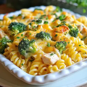 - 2 cups rotini pasta - 1 pound chicken breast, diced - 2 cups broccoli florets - 1 cup shredded cheddar cheese - 1 cup shredded mozzarella cheese - 1 cup cream cheese, softened - 1 cup chicken broth - 1 teaspoon garlic powder - 1 teaspoon onion powder - Salt and pepper to taste - 1/2 teaspoon paprika (for garnish) - Fresh parsley, chopped (for garnish) Gathering the right ingredients is key to making this dish shine. I love using rotini pasta for its fun shape. It holds sauce well, giving you a tasty bite every time. Tender, diced chicken breast adds protein and makes it hearty. Fresh broccoli florets bring a nice crunch and a pop of color. Next, we have the cheeses. Cheddar and mozzarella mix together for a rich, gooey topping. Cream cheese adds creaminess to the dish. Chicken broth ties all the flavors together and keeps the pasta moist. The seasonings are simple but effective. Garlic powder and onion powder boost flavor without much fuss. Salt and pepper make everything pop. Finally, a sprinkle of paprika and fresh parsley makes it look great on your table. With these ingredients, you create something comforting and delicious. This dish works for busy nights and special occasions alike. {{ingredient_image_1}} - Preheat the oven: Set your oven to 375°F (190°C). This helps the dish cook evenly. - Cook the rotini pasta: Boil water in a pot. Add 2 cups of rotini pasta. Cook it until it is al dente, or firm to the bite. Drain the pasta and set it aside. - Prepare the chicken: In a large skillet, add 1 pound of diced chicken breast. Cook it over medium heat. Stir until the chicken is golden brown and cooked through, about 5 to 7 minutes. Season it with garlic powder, onion powder, salt, and pepper to taste. - Add broccoli to the skillet: Toss in 2 cups of broccoli florets. Cook for about 2 to 3 minutes until they are tender but still crisp. - Prepare the cream cheese mixture: In a separate bowl, mix 1 cup of softened cream cheese with 1 cup of chicken broth. Stir until the mixture is smooth. - Combine all ingredients: In a large mixing bowl, add the cooked pasta, chicken, broccoli, the cream cheese mixture, half of the cheddar cheese, and half of the mozzarella cheese. Stir until everything is well coated. - Transfer to baking dish: Grease a 9x13 inch baking dish. Pour the mixture into the dish, spreading it evenly. - Baking time and temperature: Place the baking dish in the preheated oven. Bake for 25 to 30 minutes. Look for the cheese to be bubbly and golden brown on top. - Tips for checking doneness: You can use a fork to poke the dish. If the cheese is melted and hot, it is ready. Let it cool for a few minutes before serving. This helps the cheese set a bit. To cook pasta perfectly, follow these steps: - Use a large pot with plenty of water. - Add a pinch of salt to the water before boiling. - Cook the rotini until it is al dente. This means it should be firm but not hard. - Drain the pasta and toss it with a little olive oil to prevent sticking. To ensure chicken is tender and flavorful, follow these tips: - Cut the chicken into small, even pieces. This helps it cook evenly. - Sear it in a hot skillet for a nice golden color. - Use garlic powder and onion powder for added flavor. - Cook until no pink remains in the center. For the best sides to serve with your pasta bake, consider: - A fresh green salad with a light dressing. - Garlic bread or rolls for a nice crunch. - Steamed vegetables to keep it healthy. For ideal garnishes, try: - A sprinkle of paprika for color. - Fresh parsley adds a nice touch and flavor. - Extra cheese on top for that cheesy goodness. To prepare ingredients in advance, here’s what you can do: - Chop the chicken and vegetables the night before. - Cook the pasta and store it in the fridge. - Mix the cream cheese and chicken broth ahead of time. Using rotisserie chicken is another great tip: - It cuts down on cooking time. - Simply shred the chicken and mix it in. - This gives you more time to relax and enjoy your meal. Pro Tips Cook Pasta Al Dente: Ensure the rotini pasta is cooked al dente to prevent it from becoming mushy during the baking process. Use Fresh Broccoli: Fresh broccoli florets offer a better texture and flavor compared to frozen; they retain their crunch in the bake. Mix Cheeses for Depth: Combining different types of cheese enhances the flavor profile; feel free to experiment with gouda or parmesan for added richness. Let it Rest: Allow the pasta bake to cool for a few minutes before serving; this helps the cheese set and makes for easier slicing. {{image_2}} You can switch out proteins easily. If you want a lighter option, try turkey. For a plant-based choice, tofu works great. Both options will add different flavors and textures. Choosing different vegetables can also change the dish. Try bell peppers, spinach, or zucchini. These veggies add color and nutrients to your meal. You can mix and match based on what you have at home. To boost flavor, add spices like Italian seasoning or cayenne pepper. A splash of hot sauce can also give it a nice kick. If you love sauces, consider a drizzle of pesto or a spoonful of mustard. Cheese variations can add unique tastes. Instead of cheddar and mozzarella, try feta or gouda. Both cheeses melt well and bring their own special flavor to the dish. For gluten-free pasta choices, look for options made from rice or quinoa. There are many great brands that taste just as good. Make sure you cook them just right to avoid mushiness. Adjusting other ingredients is key for gluten sensitivity. Check your cream cheese and broth labels to ensure they are gluten-free. This way, everyone can enjoy the meal without worry. To keep your cheesy broccoli chicken pasta bake fresh, use airtight containers. Glass containers work best, as they are sturdy and don’t stain. I recommend storing leftovers in the fridge. They will stay good for about 3 to 4 days. You can freeze the pasta bake for later. Let it cool completely before freezing. Cover it tightly with plastic wrap and then foil. This helps to prevent freezer burn. When ready to eat, thaw it overnight in the fridge. Reheat it in the oven at 350°F (175°C) until hot, about 25-30 minutes. For easy reheating, portion out the pasta bake into single servings. This way, you can grab just what you need. If you plan to make it ahead of time, prepare the dish but wait to bake it. Cover it and store it in the fridge for up to 24 hours before baking. This saves time on busy nights! Can I use frozen broccoli? Yes, you can use frozen broccoli. It will save time and is still healthy. Just add it to the skillet straight from the bag. Cook it for a few extra minutes until it is tender. How do I make it creamier? To make it creamier, add more cream cheese. You can mix in some sour cream or a splash of milk too. This adds extra richness and flavor. What can I substitute for cream cheese? If you need a substitute for cream cheese, try using Greek yogurt. It adds creaminess and a little tang. You can also use ricotta cheese for a different taste. Is this recipe kid-friendly? Yes, this recipe is very kid-friendly. It has chicken, cheese, and pasta, which kids usually love. You can even let them help mix the ingredients! How can I make it healthier? To make it healthier, use whole wheat pasta. You can also add more vegetables like spinach or bell peppers. Reducing the cheese can cut calories too. Can I cook it in a slow cooker? Yes, you can cook it in a slow cooker. Mix all the ingredients, then cook on low for about 4 hours. Make sure to add the cheese on top in the last 30 minutes. What if I want to double the recipe? If you want to double the recipe, use a larger baking dish. You might need to adjust the baking time too. Just check the cheese to see if it is bubbly and golden. This blog post detailed how to make a delicious pasta bake with simple ingredients and steps. You learned about each component, from cooking the pasta to baking the dish. I shared tips to ensure your chicken stays juicy and to serve your meal perfectly. Consider variations for different tastes and dietary needs. Don’t forget to store leftovers properly for easy meals later. With these easy instructions, you’ll create a dish everyone enjoys. Happy cooking!