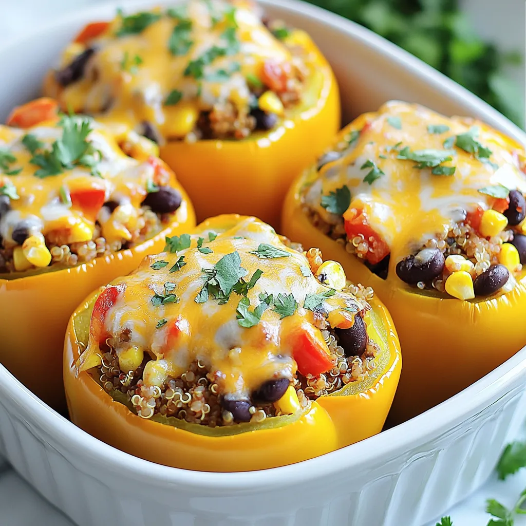 - 4 medium bell peppers (any color) - 1 lb ground turkey or beef - 1 cup cooked quinoa or rice - 1 packet taco seasoning - 1 cup black beans, rinsed and drained - 1 cup corn kernels (fresh, frozen, or canned) - 1 cup shredded cheddar cheese - 1 cup diced tomatoes (fresh or canned) - 2 tablespoons olive oil - Salt and pepper to taste - Fresh cilantro for garnish (optional) To make Cheesy Taco Stuffed Peppers, you need a bright mix of fresh ingredients. Start with bell peppers. You can pick any color. They add a nice crunch and color to your meal. Next, choose your ground meat. Ground turkey is lean, while beef gives a richer taste. Either works well, so pick what you like best. For the filling, cooked quinoa or rice brings a hearty texture. They help bind the mixture and make it satisfying. Then, you need taco seasoning. This is key for flavor. It brings all the spices you need in one packet. Adding black beans and corn gives extra fiber and sweetness. These ingredients make the dish more nutritious and colorful. Don’t forget the diced tomatoes. They add moisture and balance the flavors. To make it cheesy, use shredded cheddar. It melts beautifully and adds creaminess. You’ll also need olive oil to sauté the meat and seasonings. Lastly, sprinkle salt and pepper to taste. If you want a fresh touch, add cilantro on top when serving. Gather these ingredients, and you’re ready to create a fun, tasty meal! {{ingredient_image_1}} - Prepping the Peppers Start by preheating your oven to 375°F (190°C). Take your bell peppers and slice off the tops. Remove all seeds and membranes inside. This step is key to making sure your peppers are tasty and fun to eat. - Oiling the Peppers Lightly brush the outside of each pepper with olive oil. This helps them cook evenly and adds flavor. Place the peppers upright in a baking dish, ready for their delicious filling. - Browning the Meat In a large skillet, heat the remaining olive oil over medium heat. Add your ground turkey or beef. Cook until the meat is browned and no longer pink. Drain any extra fat from the pan. - Adding Seasoning and Other Ingredients Sprinkle the taco seasoning over the browned meat. Then, add the cooked quinoa or rice, black beans, corn, and diced tomatoes. Stir well to mix everything together. Let this simmer for about 5 minutes. This helps all the flavors blend nicely. - Combining the Mixture Remove the skillet from heat and stir in half of the shredded cheese. If you want, add salt and pepper to taste. This mixture is the heart of your stuffed peppers, so make sure it's full of flavor. - Filling the Peppers Take the cheesy taco mixture and fill each prepared bell pepper. Pack it tightly to ensure each bite is full of flavor. You want every pepper to be a tasty little surprise. - Cheese Topping Process Once filled, sprinkle the remaining cheese on top of each stuffed pepper. This will melt into a glorious, gooey layer while baking. - Baking Instructions Cover the baking dish with aluminum foil. Bake for 25 minutes. After that, remove the foil and bake for another 10-15 minutes. This step makes sure the cheese is bubbly and the peppers are tender. Once done, let them sit for a few minutes before serving. Enjoy your cheesy taco stuffed peppers! Ingredient Substitutions You can switch out the meat. Use ground chicken or turkey instead of beef. For a meatless option, try lentils or mushrooms. Change the cheese too! Use pepper jack for a spicy kick. You can also add other beans, like pinto or kidney beans. Spice Level Adjustments Adjust the heat easily. Add jalapeños for spice. If you prefer mild, skip the hot stuff. You can also use mild taco seasoning. This way, everyone can enjoy the dish at their own level. Ensuring Even Cooking To cook the peppers evenly, cut them all the same size. If some are bigger, they may take longer to cook. Place them cut side up in the dish. This helps them roast nice and evenly. Tips for Cheese Melt For the best melt, use cheese at room temperature. Sprinkle the cheese on top before the last baking step. Cover the dish with foil to trap heat. This helps the cheese melt perfectly without burning. Serving Ideas Serve these peppers on a colorful plate. A bright dish makes the meal pop. Pair with a side salad for a fresh touch. You can even serve with salsa or guacamole for extra flavor. Garnishing Tips Garnish with fresh cilantro for color and taste. You can also add sour cream or avocado slices on top. A squeeze of lime adds a nice zing. These little touches make your meal look and taste amazing! Pro Tips Choose Colorful Peppers: Using a variety of colored bell peppers not only makes the dish visually appealing but also adds a slight variation in flavor. Customize the Filling: Feel free to add other vegetables or proteins like diced zucchini, mushrooms, or shredded chicken to tailor the filling to your taste. Cheese Variations: Experiment with different cheese types such as pepper jack for a spicy kick or feta for a tangy flavor twist. Make Ahead: You can prepare the stuffed peppers in advance and refrigerate them. Just bake them when ready to serve for a quick meal. {{image_2}} You can easily switch the meat in this recipe. Ground chicken or turkey works well. These meats are leaner but still tasty. They absorb the taco seasoning nicely. If you want a lighter dish, this is a great option. For vegetarian options, use lentils or chopped mushrooms. Both add flavor and texture. You can also use plant-based ground meat. These choices make the dish hearty and satisfying. You can change the beans in your stuffed peppers. Black beans are popular, but kidney or pinto beans work too. Each type gives a different taste and texture. For grains, try brown rice or barley instead of quinoa. These grains add fiber and nutrients. You can even use couscous for a different feel. Each grain brings its own unique flavor to the dish. Adding spices or sauces can enhance the flavor. Try adding cumin or paprika for a smoky taste. A splash of hot sauce can kick up the heat. Adjust these to fit your family's taste. Also, cheese can change the whole dish. Use pepper jack for a spicy twist. Or try a blend of cheeses for more depth. Mixing different cheeses can elevate your cheesy taco stuffed peppers to a new level. To keep your cheesy taco stuffed peppers fresh, follow these tips: - Refrigeration Guidelines: Store leftovers in an airtight container. They stay good for 3 to 4 days. Make sure to let them cool before sealing. - Freezing Instructions: For longer storage, freeze the stuffed peppers. Wrap each pepper in plastic wrap, then place them in a freezer bag. They can last up to 3 months in the freezer. To enjoy your cheesy taco stuffed peppers again, try these methods: - Best Methods for Microwave and Oven: For the microwave, place a pepper on a plate and cover it with a damp paper towel. Heat for 2-3 minutes until warm. In the oven, preheat to 350°F (175°C). Place the peppers in a dish and cover with foil. Bake for about 15-20 minutes. - Maintaining Texture and Flavor: Make sure not to overheat. This keeps the peppers tender and the cheese melty. Let them cool for a minute before eating to enjoy the full flavor. You can prep the peppers and filling a day before. Slice the tops off the peppers and remove seeds. Cook the meat and mix in the grains, beans, corn, and tomatoes. Store this mixture in the fridge. When ready, fill the peppers and bake them. This saves time on busy nights. Yes, frozen peppers work well, too. Just thaw and drain any excess water. They may be a bit softer, but they still taste great. Follow the same steps to fill and bake them. You can serve these with simple sides. Think about a fresh salad or some guacamole. Rice or tortilla chips also make great options. They add crunch and balance the meal. Absolutely! Swap the meat for more beans or lentils. Use quinoa or rice as your base. Add extra veggies like zucchini or mushrooms for more flavor. This way, you keep it tasty and filling. To make this recipe gluten-free, check the taco seasoning. Some brands add gluten. Use a certified gluten-free blend or make your own. The rest of the ingredients are naturally gluten-free. Enjoy this dish worry-free! In this post, we explored how to make Cheesy Taco Stuffed Peppers. We covered the ingredients, including bell peppers, ground meat, and spices. I shared step-by-step instructions, tips for customization, and variations for different tastes. Remember, stuffed peppers are versatile. You can make them fit your needs. They can be stored and reheated with ease. Enjoy your cooking adventures with these tasty peppers, and feel free to experiment!