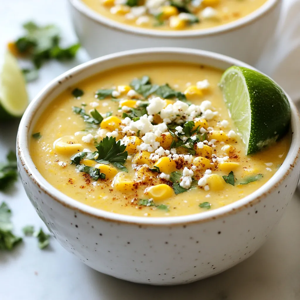 - 4 ears of corn, husked and kernels removed - 1 medium onion, diced - 2 cloves garlic, minced - 1 medium jalapeño, finely chopped (seeds removed for less heat) The base of this soup starts with fresh corn. I love using sweet corn for its natural flavor. You can husk the corn easily. Just peel off the outer leaves and remove the silk. Cut the kernels off the cob with a sharp knife. The onion and garlic add a nice depth. Dice the onion into small pieces. Mince the garlic to release its aroma. The jalapeño gives the soup a nice kick. If you want less heat, just take out the seeds. - 1 teaspoon chili powder - 1 teaspoon cumin - Salt and pepper to taste These seasonings make the soup pop! Chili powder adds warmth, while cumin gives it an earthy taste. I always taste as I go. Add salt and pepper to bring out all the flavors. You can adjust these to your liking. A little pinch can make a big difference. - 1 cup heavy cream - 1/2 cup crumbled cotija cheese (or feta for a twist) - Fresh cilantro, chopped for garnish The heavy cream makes the soup rich and smooth. You can use less cream if you prefer a lighter soup. Cotija cheese gives a salty bite, and you can swap it for feta if you like. Finally, cilantro adds a fresh touch. I always chop it finely so it spreads well across the soup. These ingredients make the soup not just tasty but also pretty on the plate. {{ingredient_image_1}} Heat a tablespoon of olive oil in a large pot over medium heat. Add the diced onion. Cook until the onion turns translucent, which takes about 5 minutes. Next, stir in the minced garlic and finely chopped jalapeño. Cook for another 2 minutes until you smell the garlic. Once the base is ready, add the fresh corn kernels. Stir and cook for about 3 minutes. This helps the corn soften a bit and brings out its sweet flavor. Now, it’s time to add the seasonings. Sprinkle in the chili powder, cumin, salt, and pepper. Mix everything well to coat the corn and veggies. Slowly pour in the vegetable broth. Bring the mixture to a gentle boil. Then, reduce the heat and let it simmer for about 10 to 15 minutes. This allows all the flavors to meld together nicely. After simmering, grab your immersion blender. Blend the soup until it reaches your desired consistency. You can make it smooth or leave it slightly chunky. If you don’t have an immersion blender, carefully transfer the soup to a countertop blender. Blend and then return it to the pot. Stir in the heavy cream and lime juice. Make sure to taste and adjust the seasoning with salt and pepper if needed. Let the soup gently heat through for another 5 minutes, but avoid boiling. Ladle the soup into wide bowls. Top each bowl with crumbled cotija cheese and chopped fresh cilantro. For a fun touch, add extra corn kernels, a sprinkle of chili powder, and a lime wedge on the side. This makes the soup look as good as it tastes! Sautéing is key for great flavor. Start with a medium heat. Use a tablespoon of olive oil. Add the diced onion first. Cook until the onion is soft and clear. This takes about five minutes. Then, add minced garlic and chopped jalapeño. Cook these for two minutes more. This step builds a strong base for your soup. You can change the spice level to fit your taste. If you want it milder, remove the jalapeño seeds. You can also use less jalapeño. For more heat, add more chopped jalapeño. Taste the soup after adding spices. Adjust salt and pepper as needed. This way, you control the flavor to your liking. You have options for thickening your soup. For a creamier soup, add more heavy cream. Blend the soup longer to break down the corn. If you prefer a chunkier soup, blend less. You can also leave some corn kernels whole. This gives a nice texture. Enjoy finding your perfect balance! Pro Tips Fresh Corn is Best: For the sweetest flavor, use fresh corn on the cob. If fresh corn isn't available, frozen kernels can be a convenient substitute. Adjust the Heat: If you prefer a milder soup, remove all the seeds and membranes from the jalapeño. For extra heat, leave some seeds in or add a pinch of cayenne pepper. Garnish for Flavor: Enhance your soup's flavor by topping it with additional cotija cheese, a sprinkle of smoked paprika, or even diced avocado for creaminess. Make it Vegan: Substitute heavy cream with coconut cream or cashew cream to create a delicious vegan version of this soup. {{image_2}} You can easily make this soup vegetarian or vegan. To replace the heavy cream, use coconut milk or cashew cream. These alternatives give a creamy texture and rich taste. For cheese, swap cotija with nutritional yeast or vegan cheese. These choices keep the flavors vibrant without dairy. Want to boost flavor? Try adding black beans or chickpeas for protein. Diced avocado adds creaminess and freshness. For meat lovers, shredded chicken or chorizo works well. Just cook the meat before adding it to the soup for a heartier meal. If you love heat, change up the chili options. Instead of jalapeño, use serrano or habanero for more kick. You can also add a dash of your favorite hot sauce. This adds a fun twist and can be adjusted to your taste. After you make the soup, cool it down. Store it in an airtight container. Place it in the refrigerator. It will stay fresh for about 3 to 4 days. If you want to keep it longer, try freezing it. For freezing, let the soup cool completely. Pour it into freezer-safe containers. Leave some space at the top, as soup expands when frozen. It can last up to 3 months in the freezer. To use, thaw it in the fridge overnight before reheating. Reheat the soup gently on the stove. Use low to medium heat. Stir often to keep it from sticking. If it looks too thick, add a splash of broth or water. You can also microwave it in a bowl. Heat in short bursts and stir in between to keep it smooth and tasty. Mexican Street Corn Soup is a creamy, flavorful dish inspired by elote, the popular street food. It features sweet corn, garlic, and jalapeño for a bit of spice. You’ll taste the warmth from chili powder and cumin, which bring depth to the soup. The heavy cream adds richness, while cotija cheese gives a salty touch. Fresh cilantro and lime juice lift the flavors, making each bite refreshing and exciting. You can prepare this soup in advance for easy meals. Cook the soup following the recipe, but stop before adding the cream and lime juice. Let the soup cool, then store it in an airtight container in the fridge for up to three days. To serve, reheat the soup on the stove. Add the cream and lime juice just before serving to keep it fresh and tasty. Yes, frozen corn works great in this soup. It saves time and is easy to use. Just measure out 4 cups of frozen corn and add it to the pot. Cook it until it's heated through, about 5 minutes. The flavor will still be sweet, and you won’t miss the fresh corn. This soup pairs nicely with various sides. Consider serving it with tortilla chips for crunch. A fresh avocado salad or a simple green salad adds brightness. Grilled shrimp or chicken also works well for a heartier meal. You can even serve it with a side of Mexican rice for a full meal experience. This guide explored the ingredients and steps for making Mexican Street Corn Soup. You learned about fresh ingredients, key seasonings, and various dairy and garnish options. I shared tips to enhance flavor and ways to adjust spice levels. We also discussed how to store the soup and possible variations, like vegetarian options. By trying this recipe, you can enjoy a tasty and satisfying dish. Enjoy making it your own with different add-ins and spices!