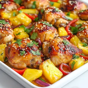 - 4 bone-in, skin-on chicken thighs - 2 cups fresh pineapple chunks - 1 red bell pepper, sliced - 1 green bell pepper, sliced - 1 medium red onion, sliced - 3 cloves garlic, minced The main ingredients bring flavor and color to the dish. The chicken thighs ensure juiciness, while the fresh pineapple adds sweetness. Bell peppers and red onion give a nice crunch and brightness. - 3 tablespoons coconut aminos - 2 tablespoons olive oil - 1 teaspoon ground ginger - 1 teaspoon sea salt - ½ teaspoon black pepper The marinade adds depth to the chicken. Coconut aminos provide a savory taste without soy. Olive oil keeps everything moist. Ginger, salt, and pepper bring out the best flavors. - 1 tablespoon sesame seeds (for garnish) - Fresh cilantro, chopped (for garnish) Garnishes add a final touch. Sesame seeds give a nutty flavor. Chopped cilantro brings freshness. They also make the dish look beautiful. {{ingredient_image_1}} First, preheat your oven to 425°F (220°C). This step helps the chicken cook evenly. Next, line a large sheet pan with parchment paper. This makes cleanup easy and helps prevent sticking. In a small bowl, whisk together the marinade. Combine 3 tablespoons of coconut aminos, 2 tablespoons of olive oil, 1 teaspoon of ground ginger, 1 teaspoon of sea salt, and ½ teaspoon of black pepper. Whisk until the mixture is well blended. Now it’s time to marinate the chicken thighs. Place 4 bone-in, skin-on chicken thighs on the prepared sheet pan. Pour half of the marinade over the chicken. Ensure each piece is well coated for great flavor. Next, toss the vegetables with the remaining marinade. In a large bowl, mix 2 cups of fresh pineapple chunks, 1 sliced red bell pepper, 1 sliced green bell pepper, 1 sliced red onion, and 3 minced cloves of garlic. Drizzle the leftover marinade over the veggies and toss until they are evenly coated. Arrange the chicken and veggies on the sheet pan. Scatter the vegetable mixture around the chicken thighs. Make sure everything is spread out in a single layer. This ensures even cooking. Bake your dish in the preheated oven for 30-35 minutes. Check for doneness by ensuring the chicken's internal temperature reaches 165°F. You want the skin to be golden and crispy. After baking, remove the sheet pan from the oven. Sprinkle sesame seeds and chopped cilantro over the chicken and veggies for added flavor and a nice look. Let the dish rest for a few minutes before serving. To get crispy chicken skin, use bone-in, skin-on thighs. First, pat the skin dry with paper towels. This helps it crisp up nicely. Then, use high heat. Set your oven to 425°F (220°C). To check chicken doneness, use a meat thermometer. Insert it into the thickest part of the thigh. The safe internal temperature is 165°F (74°C). If you don’t have a thermometer, cut into the chicken. The juices should run clear, not pink. For extra flavor, add spices like paprika or chili powder. Garlic powder or onion powder can also boost taste. You can also try fresh herbs, like thyme or rosemary. If you want to change the marinade, mix coconut aminos with lime juice or pineapple juice. You can also add honey if you’re not strict on Whole30. This gives a sweet twist that pairs well with the chicken. Serving straight from the sheet pan looks great and is easy. Place it on your table with some colorful dinnerware. You can add fresh herbs on top for color. For plating, stack the chicken thighs on a plate and arrange the veggies around them. Add extra pineapple chunks for a pop of color. Drizzle a bit of the sauce from the pan over the dish for added flavor. Pro Tips Use Fresh Ingredients: Fresh chicken and ripe pineapple will enhance the flavors of this dish, making it more vibrant and delicious. Marinate for Flavor: If time allows, let the chicken marinate in the coconut aminos mixture for a few hours or overnight to deepen the flavor. Customize Veggies: Feel free to add or substitute your favorite vegetables, such as zucchini or snap peas, for a personalized twist. Check Doneness: Always use a meat thermometer to ensure your chicken reaches an internal temperature of 165°F for safe consumption. {{image_2}} You can switch up the protein in this dish. For a leaner option, use chicken breast instead of thighs. If you want a different flavor, try pork chops or tenderloin. Both options work well with the marinade. You can also change the vegetables. Instead of bell peppers, use zucchini or carrots. They add a nice crunch and soak up the flavors. Feel free to add more veggies like broccoli or snap peas for extra color and nutrients. Want a new taste? Try different marinades! A teriyaki-style sauce adds a sweet and savory twist. You can mix in some crushed pineapple for added sweetness. If you’re not strict on Whole30, use honey or maple syrup as a sweetener. These options can bring a rich flavor to your dish. Just be sure to adjust the amount to keep the balance right. For a fun flair, add spices to give it a South Asian twist. Cumin, coriander, or turmeric can brighten the flavors. Just sprinkle a bit into the marinade or veggies. You can also incorporate tropical fruits like mango or papaya. They add a sweet and juicy contrast to the savory chicken. Just toss them in during the last few minutes of baking for a fresh burst of flavor. To store leftovers, let the dish cool first. Place the chicken and veggies in an airtight container. This keeps them fresh and tasty. In the fridge, your leftovers last for up to four days. When you want to enjoy them again, just reheat in the oven or microwave. For freezing, let the dish cool completely. Use freezer-safe bags or containers to store the chicken and veggies. Make sure to remove as much air as you can. This helps to prevent freezer burn. You can keep it frozen for up to three months. When you’re ready to eat, thaw it overnight in the fridge. Reheat in the oven at 350°F for about 20-25 minutes until hot. There are many fun ways to use leftover chicken and veggies. Chop the chicken and toss it in a salad for a light meal. You can also make a stir-fry by adding leftover veggies and some rice. Another idea is to use the chicken in tacos with fresh toppings. Each option is a quick and tasty way to enjoy your meal again! Can I use boneless chicken thighs for this recipe? Yes, you can use boneless chicken thighs. They will cook faster and stay juicy. Just adjust the cooking time to about 25-30 minutes. What can I substitute for coconut aminos? If you need a substitute, try tamari or soy sauce. They have a similar taste but are not Whole30 compliant. Can this recipe be made in a slow cooker? Yes, you can make this dish in a slow cooker. Cook on low for 6-8 hours or high for 3-4 hours. Add the pineapple and veggies in the last hour of cooking. Is there a grill option for this dish? Absolutely! You can grill the chicken and veggies. Just marinate them as usual and grill over medium heat until cooked through. Is this recipe Whole30 compliant? Yes, this recipe is Whole30 compliant. It uses whole ingredients without added sugars or grains. How many calories are in the Whole30 Hawaiian Chicken? This dish has about 350 calories per serving. The calories come from the chicken, veggies, and healthy fats. This blog offered a simple guide to making Whole30 Hawaiian Chicken. We explored key ingredients like chicken thighs and fresh pineapple. I shared how to prepare the marinade and steps for baking. Tips helped ensure crispy skin and flavor boosts. Variations let you customize the dish with different proteins and spices. In closing, enjoy the creative process of cooking. Try new twists and make it your own. Embrace leftovers for quick meals throughout the week. Cooking should be fun and rewarding!