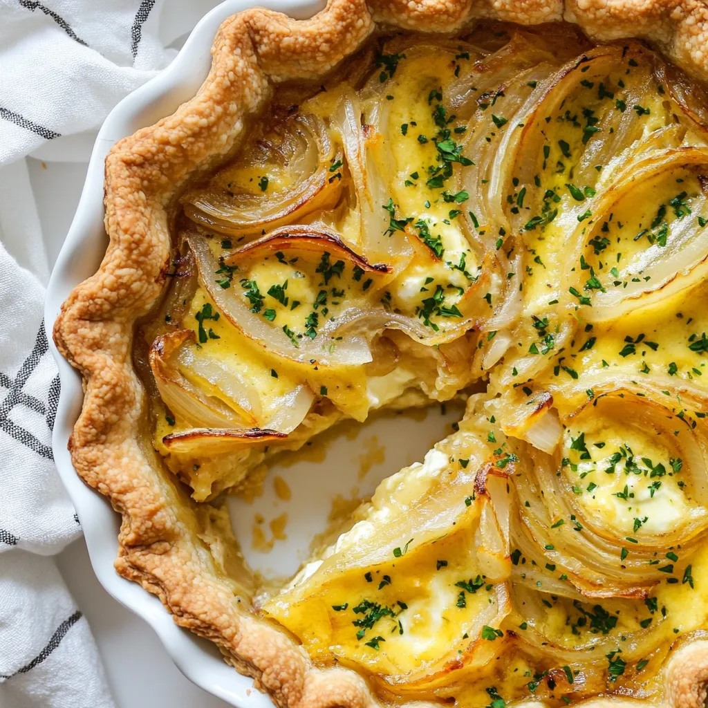 To make a delicious German Onion Pie, you’ll need the following ingredients: - 2 large onions, thinly sliced - 2 tablespoons olive oil - 1 teaspoon sugar - 1 teaspoon salt - 1/2 teaspoon black pepper - 1/2 teaspoon dried thyme - 1/4 teaspoon nutmeg - 3 large eggs - 1 cup sour cream - 1 cup ricotta cheese - 1 pre-made pie crust (store-bought or homemade) - Fresh parsley, chopped (for garnish) You can swap ingredients if needed: - Use butter instead of olive oil for a richer flavor. - Replace ricotta with cottage cheese for a lighter filling. - If you don’t have thyme, use oregano or basil. - For a gluten-free option, try a gluten-free pie crust. Using fresh ingredients makes a big difference. Fresh onions are sweeter and more flavorful. Fresh herbs like parsley add brightness to the pie. Quality eggs make the filling rich and creamy. When you use fresh, you enhance the taste and aroma. Plus, it shows you care about what you eat. This pie is all about comfort and warmth, so fresh ingredients help you achieve that perfect bite. {{ingredient_image_1}} To start, we need to bring out the sweet flavor of the onions. Heat 2 tablespoons of olive oil in a large skillet over medium heat. Add 2 large onions, thinly sliced. Sprinkle in 1 teaspoon of sugar, 1 teaspoon of salt, and 1/2 teaspoon of black pepper. Stir the mixture often. Cook until the onions turn golden brown, which takes about 15-20 minutes. This step creates a deep, rich flavor that is key to our pie. Next, let’s prepare a creamy filling. In a mixing bowl, whisk together 3 large eggs, 1 cup of sour cream, and 1 cup of ricotta cheese. Add 1/2 teaspoon of dried thyme and 1/4 teaspoon of nutmeg for extra taste. Make sure the mixture is smooth and well combined. This filling will balance the sweet onions perfectly. Now it’s time to put everything together. Once the onions are caramelized, let them cool slightly. Then, fold them into the egg and cheese mixture. Preheat your oven to 375°F (190°C). Grab a pre-made pie crust and place it in a pie dish. Pour the onion mixture into the crust, spreading it evenly. Bake in the preheated oven for 30-35 minutes. You want the filling to be set and the top to be lightly golden. After baking, let the pie cool for about 10 minutes. Garnish it with fresh chopped parsley before slicing. Enjoy your delicious German onion pie! Caramelizing onions is key to this dish. Start with large onions. Thinly slice them for even cooking. Heat olive oil in your skillet over medium heat. Add the onions, sugar, salt, and black pepper. Stir them often. This helps them cook evenly. Cook for about 15 to 20 minutes. You want them to turn golden brown. If they stick to the pan, add a splash of water. This adds flavor and keeps them from burning. A creamy filling makes the pie rich and smooth. Use a mix of sour cream and ricotta cheese. Whisk them together in a bowl until they are smooth. Add the eggs, thyme, and nutmeg. These spices add warmth to the filling. Make sure to blend everything well. After caramelizing the onions, let them cool a bit. Fold them into the creamy mixture gently. This keeps your filling light and fluffy. The right baking time gives you a perfect texture. Preheat your oven to 375°F (190°C). Pour the onion mixture into the pie crust evenly. Bake for 30 to 35 minutes. The filling should be set and the top lightly golden. If the edges brown too fast, cover them with foil. Let the pie cool for about 10 minutes before slicing. This helps it hold its shape better when served. Add fresh parsley on top for color and flavor. Pro Tips Use Sweet Onions: Opt for sweet onions like Vidalia or Walla Walla for a milder, sweeter flavor in your pie. Chill the Crust: For a flakier texture, chill the pie crust in the refrigerator for about 30 minutes before adding the filling. Experiment with Cheeses: Try mixing in different cheeses like Gruyère or feta for added depth and flavor. Add a Splash of Wine: Deglaze the skillet with a splash of white wine after caramelizing the onions for an extra layer of flavor. {{image_2}} German Onion Pie has many versions across different regions. In Swabia, they use a thicker, creamy filling. This gives it a rich taste that many love. You might find bacon in some recipes, adding a smoky flavor. In the Saarland area, they often serve it with a side of apple sauce. This sweet touch balances the savory pie perfectly. Each region adds its own twist, making this dish unique and fun to explore. You can easily adapt this recipe to fit your needs. For a gluten-free option, use a gluten-free pie crust. This swap keeps the pie tasty without the gluten. If you're vegetarian, simply skip the bacon or any meat. You can also try adding mushrooms or spinach for extra flavor. For a lighter dish, substitute sour cream with Greek yogurt. This swap cuts down the fat while keeping it creamy. When serving German Onion Pie, think about balance. A fresh green salad pairs well with it. The crunch of the salad complements the soft pie. You can also serve it with a dollop of sour cream on the side. This adds a cool touch that enhances the flavors. For drinks, try a light white wine or a crisp apple cider. These beverages match the pie's savory notes and make the meal more enjoyable. To store leftovers, let the pie cool first. Place it in an airtight container. You can also cover it tightly with plastic wrap. This keeps the pie fresh for up to three days. If you want to keep it longer, consider freezing it. When ready to enjoy leftovers, preheat your oven to 350°F (175°C). Place the pie on a baking tray. Cover it with foil to avoid burning the top. Heat for about 20 to 25 minutes, or until warmed through. You can also reheat individual slices in the microwave for quick meals. If you want to freeze the onion pie, do this before baking. Prepare the pie as usual, but do not bake it. Wrap it tightly in plastic wrap, then place it in a freezer bag. Label the bag with the date. The pie can last up to three months in the freezer. When ready to bake, thaw it in the fridge overnight. Then, bake as directed in the recipe. German Onion Pie, or Zwiebelkuchen, has roots in Germany. It often comes from the region of Swabia. This pie is a favorite in fall, especially during harvest time. Many people enjoy it with a glass of wine. The dish reflects a blend of simple ingredients and rich flavors. It is a comfort food for many families. The pie has spread beyond Germany and gained fans worldwide. Yes, you can swap cheeses in this recipe. While ricotta is common, feel free to use cottage cheese or cream cheese. Each cheese brings a unique taste and texture. If you prefer stronger flavors, try using sharp cheddar or feta. Just remember that the pie's creaminess may change slightly. Experimenting with cheese can lead to delightful new flavors. To add heat to your German Onion Pie, consider adding red pepper flakes. Start with a pinch and adjust to your taste. You can also add diced jalapeños or fresh chili peppers for a kick. Another option is to mix in spicy sausage or chorizo with the onions. These additions will bring a bold flavor to the pie while keeping its comforting essence. Enjoy the balance of spice and sweetness! This article covered the key steps to make a delicious German onion pie. We examined important ingredients, from fresh picks to substitutes. I shared tips for caramelizing onions and crafting a creamy filling. We explored fun variations and how to store leftovers. As you try this recipe, remember it’s all about balance. Enjoy every bite of your pie!