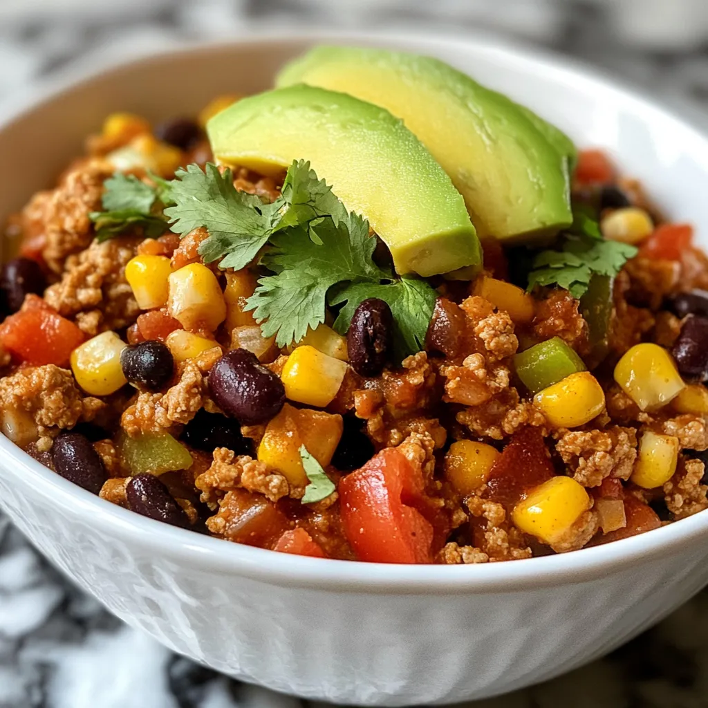 - 1 pound ground turkey - 1 cup cooked brown rice - 1 small onion, diced - 2 cloves garlic, minced - 1 bell pepper (red or green), diced - 1 cup black beans, drained and rinsed - 1 cup corn (fresh or frozen) - 1 can (14.5 oz) diced tomatoes with green chilies - 1 teaspoon cumin - 1 teaspoon smoked paprika - 1 teaspoon chili powder - Salt and pepper to taste - 2 tablespoons olive oil The main ingredients make this dish quick and tasty. Ground turkey gives you lean protein. I love using cooked brown rice for texture. Onions and bell peppers add sweetness and crunch. The garlic gives a nice aroma. Black beans and corn bring heartiness. Diced tomatoes with green chilies add flavor and a little heat. For the spices, cumin, smoked paprika, and chili powder create a warm taste. Salt and pepper help tie all the flavors together. Olive oil is key for sautéing the veggies and turkey. - Fresh cilantro, for garnish - Avocado slices, for serving Garnishes make meals look and taste better. Fresh cilantro adds a pop of color and fresh flavor. Avocado slices bring creaminess and balance to the dish. You can add these at the end for a beautiful and tasty finish. {{ingredient_image_1}} - First, heat 2 tablespoons of olive oil in a large skillet over medium heat. - Next, add 1 small diced onion and 1 diced bell pepper. Sauté them for 3-5 minutes until they start to soften. - After that, add 2 minced garlic cloves to the skillet. Cook for 1 more minute until you smell that lovely garlic aroma. - Now, raise the heat to medium-high. Add 1 pound of ground turkey to the skillet. - Use a spatula to break the turkey apart. Cook it for about 6-8 minutes, or until it's browned and cooked through. - Stir in 1 teaspoon of cumin, 1 teaspoon of smoked paprika, and 1 teaspoon of chili powder. Add salt and pepper to taste. Make sure the turkey is well coated in the spices. - Pour in 1 can of diced tomatoes with green chilies, 1 cup of black beans (drained and rinsed), and 1 cup of corn. - Also, mix in 1 cup of cooked brown rice. Stir everything until well combined and heated through, which should take about 5 minutes. - Taste your dish and adjust the seasoning if needed. This quick and flavorful meal is ready to serve! To ensure great flavor, mix spices well. I use cumin, smoked paprika, and chili powder. These add warmth and depth. Don’t skip the salt and pepper; they bring everything together. Taste your dish as you cook. Adjust seasoning if needed. This step makes a big difference. For cooking time, ground turkey needs just 6-8 minutes. Ensure it is browned and cooked through. Use a spatula to break it apart as it cooks. Proper browning helps develop rich flavors. If you overcook it, the turkey can dry out, so keep an eye on it. For sides, I love serving this dish with a green salad. The fresh crunch balances the warm skillet. You can also try tortilla chips for added crunch. A side of guacamole pairs well too. For toppings, fresh cilantro adds a nice touch. Avocado slices make it creamy. You can also add a dollop of sour cream or Greek yogurt. These toppings add flavor and texture. Enjoy mixing and matching! Pro Tips Use Lean Turkey: Opt for lean ground turkey to reduce fat content while maintaining flavor. Customize the Spice Level: Adjust the amount of chili powder and diced tomatoes with green chilies to suit your heat preference. Add More Veggies: Enhance nutrition by adding additional vegetables like zucchini or spinach to the skillet. Meal Prep Friendly: This dish can be made in advance and stored in the fridge for up to 3 days, making it perfect for meal prep! {{image_2}} You can swap out the ground turkey with other meats. Ground chicken or beef works well. If you want a lighter option, try ground turkey. Each meat brings a unique flavor. You can also use plant-based meat for a vegetarian dish. For veggies, you can change what you use. Try zucchini, carrots, or spinach instead of bell peppers. You can also add mushrooms for a hearty touch. Mixing different veggies makes the dish colorful and fun. Adjusting the heat level is easy. If you like spice, add more chili powder or jalapeños. For milder flavors, skip the chili powder. You can also reduce the diced tomatoes with green chilies. Experiment with different cuisine themes. Try adding curry powder for an Indian twist. Or, add soy sauce and ginger for an Asian flair. Each change brings new tastes to the skillet. Enjoy exploring flavors! You can store your Ground Turkey Dinner Skillet in the fridge. Use an airtight container. It stays fresh for up to three days. Before storing, let the dish cool. This helps it stay tasty and safe. When you are ready to eat, just reheat it on the stove or in the microwave. To freeze, place the cooled skillet meal in a freezer-safe container. You can also use freezer bags. Remove as much air as possible to prevent freezer burn. Label the container with the date. It will keep well for up to three months. To reheat, thaw the skillet in the fridge overnight. Heat it in a skillet over medium heat. Stir it often until hot. You can also use the microwave, but stir halfway through. Enjoy your quick and flavorful meal anytime! You can serve this dish with many sides. Here are some great options: - Salad: A fresh green salad adds crunch. - Tortillas: Warm corn or flour tortillas are perfect for wraps. - Sliced Avocado: Creamy avocado makes it richer. - Sour Cream: A dollop of sour cream adds creaminess. - Cheese: Shredded cheese brings extra flavor. These sides can enhance your meal and make it more filling. Yes, you can prepare this dish ahead of time. Cook the turkey and mix in other ingredients. Then let it cool before storing. Keep it in an airtight container in the fridge. It stays fresh for about three days. Reheat it on the stove or microwave before serving. This makes busy nights easier. Yes, this recipe is gluten-free. Ground turkey, beans, and rice do not contain gluten. Just be sure to check labels on canned items. Some diced tomatoes may have additives. Always choose gluten-free brands to be safe. To add heat to your skillet, try these tips: - Add more chili powder: Use an extra teaspoon. - Include fresh jalapeños: Dice them and cook with the veggies. - Use hot sauce: Drizzle it on top when serving. - Experiment with spices: Try cayenne pepper or crushed red pepper flakes. Adjust the heat to fit your taste, and enjoy the kick! This blog post covered how to create a tasty ground turkey dinner skillet. We looked at main ingredients and cooking steps, plus some helpful tips. You can customize the dish with different meats and flavors. Storing and reheating is easy too. Remember, cooking can be fun and creative! Get started and enjoy a delicious meal your way.