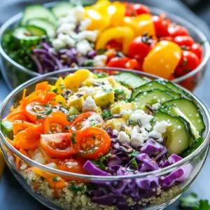 - 1 cup quinoa - 1 cup cherry tomatoes, halved - 1 cup cucumber, diced - 1 cup bell peppers, diced - 1 cup shredded carrots - 1 cup purple cabbage, thinly sliced - 1 avocado, sliced - 3 tablespoons olive oil - 2 tablespoons lemon juice - Salt and pepper to taste You need quinoa for a great base. Quinoa cooks up fluffy and adds protein. Cherry tomatoes add sweetness, while cucumbers bring crunch. Bell peppers add color and flavor. Shredded carrots and purple cabbage provide more crunch and nutrients. Add avocado for creaminess. - 1/4 cup feta cheese, crumbled - 1/4 cup sunflower seeds - 1/4 cup fresh cilantro, chopped Optional ingredients can elevate your salad. Feta cheese adds a salty tang. Sunflower seeds offer a nutty crunch. Fresh cilantro adds a bright, herbaceous note. - Calories per serving: About 290 - Protein: 10 grams - Fiber: 8 grams - Vitamins A, C, and K from veggies This salad is packed with nutrients. It has good protein and fiber. You'll get vitamins from the fresh vegetables. Eating colorful foods like this is great for your health. {{ingredient_image_1}} To cook quinoa, start by bringing two cups of water to a boil in a medium saucepan. Add one cup of rinsed quinoa to the boiling water. Lower the heat to a gentle simmer, cover, and let it cook for about 15 minutes. The quinoa is ready when the water is absorbed. After cooking, fluff the quinoa with a fork to separate the grains. Set it aside to cool while you prepare the veggies. Next, it's time to prepare your colorful vegetables. Chop the cherry tomatoes in half and dice the cucumber into small pieces. For bell peppers, aim for a mix of colors. This makes the salad more vibrant. Shred the carrots and slice the purple cabbage thinly. To keep your veggies fresh, cut them just before assembling the salad. This helps maintain their bright colors and crunch. In a large bowl, combine the cooled quinoa with your prepared vegetables: cherry tomatoes, cucumber, bell peppers, carrots, and cabbage. Toss gently to mix the ingredients without mashing them. For the dressing, whisk together olive oil, lemon juice, salt, and pepper in a small bowl. Drizzle the dressing over the salad and toss again to combine everything evenly. To serve, scoop the rainbow salad into bowls. Top with avocado slices, fresh cilantro, and optional feta cheese. Finally, sprinkle sunflower seeds on top for extra crunch. To make a great dressing, you want balance. Add herbs like basil or parsley for fresh flavors. For a creamy dressing, try adding Greek yogurt or tahini. If you want tang, increase the lemon juice or add a splash of vinegar. Serve your rainbow salad in glass bowls. This lets you show off the bright colors. It also makes each layer visible. For garnish, add a sprig of cilantro on top. A few slices of lemon or lime also add a nice touch. Prep your ingredients ahead of time. You can chop veggies the night before. Store them in separate containers to keep them fresh. Cook the quinoa in advance and let it cool. This way, you can quickly assemble your salad when you're hungry. Pro Tips Perfectly Cooked Quinoa: To ensure your quinoa is fluffy and not mushy, rinse it thoroughly before cooking and pay attention to the water-to-quinoa ratio. Vibrant Veggies: For the freshest taste, choose seasonal vegetables. Mixing colors not only enhances presentation but also boosts nutritional value. Adjustable Dressing: Feel free to customize the dressing by adding herbs or spices according to your taste preference for a unique flavor profile. Make Ahead: This salad can be prepped in advance. Just keep the dressing separate until you're ready to serve to maintain freshness. {{image_2}} You can boost your salad with protein. Chickpeas add fiber and flavor. Grilled chicken offers a hearty bite. Tofu is great for a plant-based option. Each choice enhances taste and nutrition. Mix and match to keep it fun! Using seasonal veggies and fruits makes your salad fresh. In summer, try zucchini or peaches. In fall, add roasted squash or apples. Seasonal choices keep the dish vibrant and exciting. You can even swap ingredients based on what’s available. This salad is easy to adapt for different diets. For gluten-free, ensure your quinoa is labeled gluten-free. To make it vegan, skip the feta cheese. You can add nuts or seeds for extra crunch. These swaps keep the meal tasty for everyone! To keep your rainbow salad fresh, refrigerate it right away. Place it in an airtight container. This protects the salad from air and moisture. Make sure to store the dressing separately. This helps the veggies stay crisp. You can mix the dressing in just before serving. Always use clean utensils when scooping out portions. This keeps the salad safe to eat. You can freeze some salad components, but not all. Quinoa freezes well. Just let it cool, then place it in a freezer-safe bag. Seal it tightly and label it with the date. However, avoid freezing fresh veggies like tomatoes and cucumbers. They lose their texture and flavor when frozen. Instead, keep them in the fridge for the best taste. Your rainbow salad will last about 3 to 5 days in the fridge. Keep an eye on the veggies for freshness. If they start to look wilted or slimy, it’s time to toss them. Quinoa can last a bit longer, but check for any odd smells. Always trust your senses when it comes to food safety. Quinoa is a superfood packed with nutrients. It is high in protein, which helps build muscles. It also has fiber that aids in digestion. Quinoa is gluten-free, making it great for those with gluten issues. It contains essential vitamins and minerals like magnesium and iron. Eating quinoa can boost energy and keep you feeling full longer. Yes, you can make this salad ahead of time. Prepare the quinoa and chop the veggies in advance. Store them separately in the fridge. Mix them together just before serving. This keeps the salad fresh and crunchy. The dressing can also be made early. Just remember to stir it well before adding. The best dressing for rainbow salad bowls is a simple lemon-olive oil mix. This dressing enhances the fresh flavors of the salad. You can adjust the taste with salt and pepper. For a creamier option, try adding yogurt or tahini. Fresh herbs can also add more flavor to your dressing. - Additional common questions: - Can I add other vegetables? Yes, feel free to mix in your favorites. - Is this salad good for meal prep? Absolutely! It stores well and is easy to pack for lunch. - What can I use instead of feta? Try goat cheese or leave it out for a vegan option. This blog post covered how to make a vibrant rainbow salad, starting with key ingredients like quinoa and fresh veggies. I shared step-by-step instructions, tips for dressings, and ideas for presentation. You can also customize the salad with different proteins or seasonal vegetables. Remember to store leftovers properly for the best taste. Enjoying this colorful dish means eating healthy while having fun with flavors. This salad can fit any diet and be a great meal prep option. Your healthy eating journey just became exciting with this recipe!