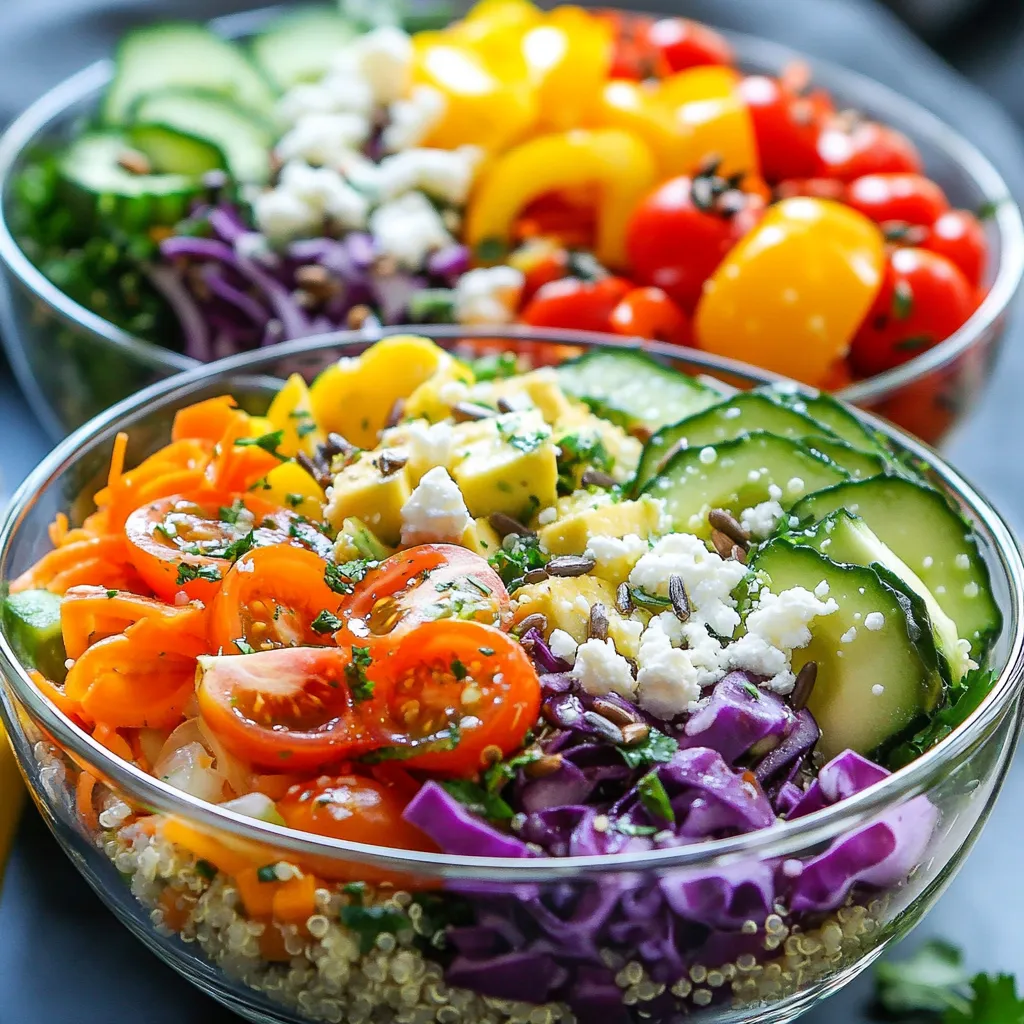 - 1 cup quinoa - 1 cup cherry tomatoes, halved - 1 cup cucumber, diced - 1 cup bell peppers, diced - 1 cup shredded carrots - 1 cup purple cabbage, thinly sliced - 1 avocado, sliced - 3 tablespoons olive oil - 2 tablespoons lemon juice - Salt and pepper to taste You need quinoa for a great base. Quinoa cooks up fluffy and adds protein. Cherry tomatoes add sweetness, while cucumbers bring crunch. Bell peppers add color and flavor. Shredded carrots and purple cabbage provide more crunch and nutrients. Add avocado for creaminess. - 1/4 cup feta cheese, crumbled - 1/4 cup sunflower seeds - 1/4 cup fresh cilantro, chopped Optional ingredients can elevate your salad. Feta cheese adds a salty tang. Sunflower seeds offer a nutty crunch. Fresh cilantro adds a bright, herbaceous note. - Calories per serving: About 290 - Protein: 10 grams - Fiber: 8 grams - Vitamins A, C, and K from veggies This salad is packed with nutrients. It has good protein and fiber. You'll get vitamins from the fresh vegetables. Eating colorful foods like this is great for your health. {{ingredient_image_1}} To cook quinoa, start by bringing two cups of water to a boil in a medium saucepan. Add one cup of rinsed quinoa to the boiling water. Lower the heat to a gentle simmer, cover, and let it cook for about 15 minutes. The quinoa is ready when the water is absorbed. After cooking, fluff the quinoa with a fork to separate the grains. Set it aside to cool while you prepare the veggies. Next, it's time to prepare your colorful vegetables. Chop the cherry tomatoes in half and dice the cucumber into small pieces. For bell peppers, aim for a mix of colors. This makes the salad more vibrant. Shred the carrots and slice the purple cabbage thinly. To keep your veggies fresh, cut them just before assembling the salad. This helps maintain their bright colors and crunch. In a large bowl, combine the cooled quinoa with your prepared vegetables: cherry tomatoes, cucumber, bell peppers, carrots, and cabbage. Toss gently to mix the ingredients without mashing them. For the dressing, whisk together olive oil, lemon juice, salt, and pepper in a small bowl. Drizzle the dressing over the salad and toss again to combine everything evenly. To serve, scoop the rainbow salad into bowls. Top with avocado slices, fresh cilantro, and optional feta cheese. Finally, sprinkle sunflower seeds on top for extra crunch. To make a great dressing, you want balance. Add herbs like basil or parsley for fresh flavors. For a creamy dressing, try adding Greek yogurt or tahini. If you want tang, increase the lemon juice or add a splash of vinegar. Serve your rainbow salad in glass bowls. This lets you show off the bright colors. It also makes each layer visible. For garnish, add a sprig of cilantro on top. A few slices of lemon or lime also add a nice touch. Prep your ingredients ahead of time. You can chop veggies the night before. Store them in separate containers to keep them fresh. Cook the quinoa in advance and let it cool. This way, you can quickly assemble your salad when you're hungry. Pro Tips Perfectly Cooked Quinoa: To ensure your quinoa is fluffy and not mushy, rinse it thoroughly before cooking and pay attention to the water-to-quinoa ratio. Vibrant Veggies: For the freshest taste, choose seasonal vegetables. Mixing colors not only enhances presentation but also boosts nutritional value. Adjustable Dressing: Feel free to customize the dressing by adding herbs or spices according to your taste preference for a unique flavor profile. Make Ahead: This salad can be prepped in advance. Just keep the dressing separate until you're ready to serve to maintain freshness. {{image_2}} You can boost your salad with protein. Chickpeas add fiber and flavor. Grilled chicken offers a hearty bite. Tofu is great for a plant-based option. Each choice enhances taste and nutrition. Mix and match to keep it fun! Using seasonal veggies and fruits makes your salad fresh. In summer, try zucchini or peaches. In fall, add roasted squash or apples. Seasonal choices keep the dish vibrant and exciting. You can even swap ingredients based on what’s available. This salad is easy to adapt for different diets. For gluten-free, ensure your quinoa is labeled gluten-free. To make it vegan, skip the feta cheese. You can add nuts or seeds for extra crunch. These swaps keep the meal tasty for everyone! To keep your rainbow salad fresh, refrigerate it right away. Place it in an airtight container. This protects the salad from air and moisture. Make sure to store the dressing separately. This helps the veggies stay crisp. You can mix the dressing in just before serving. Always use clean utensils when scooping out portions. This keeps the salad safe to eat. You can freeze some salad components, but not all. Quinoa freezes well. Just let it cool, then place it in a freezer-safe bag. Seal it tightly and label it with the date. However, avoid freezing fresh veggies like tomatoes and cucumbers. They lose their texture and flavor when frozen. Instead, keep them in the fridge for the best taste. Your rainbow salad will last about 3 to 5 days in the fridge. Keep an eye on the veggies for freshness. If they start to look wilted or slimy, it’s time to toss them. Quinoa can last a bit longer, but check for any odd smells. Always trust your senses when it comes to food safety. Quinoa is a superfood packed with nutrients. It is high in protein, which helps build muscles. It also has fiber that aids in digestion. Quinoa is gluten-free, making it great for those with gluten issues. It contains essential vitamins and minerals like magnesium and iron. Eating quinoa can boost energy and keep you feeling full longer. Yes, you can make this salad ahead of time. Prepare the quinoa and chop the veggies in advance. Store them separately in the fridge. Mix them together just before serving. This keeps the salad fresh and crunchy. The dressing can also be made early. Just remember to stir it well before adding. The best dressing for rainbow salad bowls is a simple lemon-olive oil mix. This dressing enhances the fresh flavors of the salad. You can adjust the taste with salt and pepper. For a creamier option, try adding yogurt or tahini. Fresh herbs can also add more flavor to your dressing. - Additional common questions: - Can I add other vegetables? Yes, feel free to mix in your favorites. - Is this salad good for meal prep? Absolutely! It stores well and is easy to pack for lunch. - What can I use instead of feta? Try goat cheese or leave it out for a vegan option. This blog post covered how to make a vibrant rainbow salad, starting with key ingredients like quinoa and fresh veggies. I shared step-by-step instructions, tips for dressings, and ideas for presentation. You can also customize the salad with different proteins or seasonal vegetables. Remember to store leftovers properly for the best taste. Enjoying this colorful dish means eating healthy while having fun with flavors. This salad can fit any diet and be a great meal prep option. Your healthy eating journey just became exciting with this recipe!