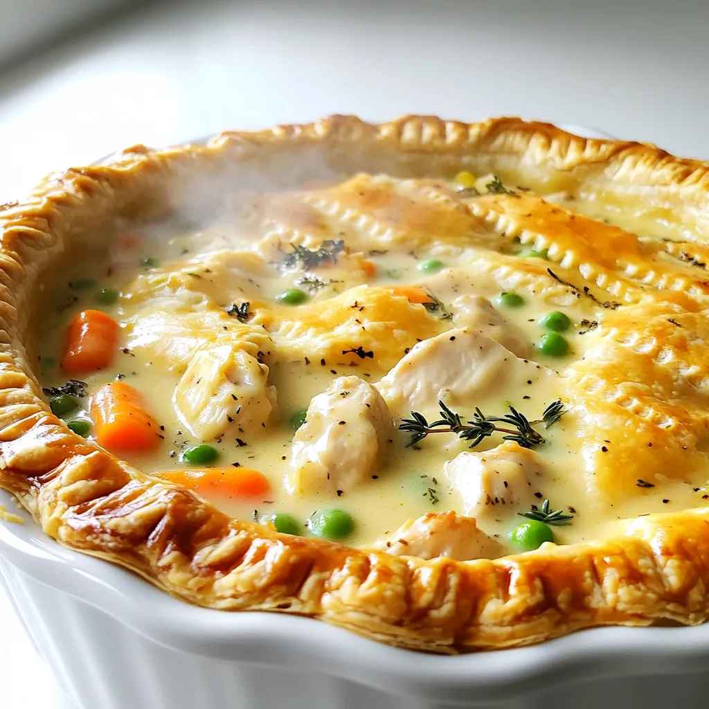 - 2 cups cooked chicken, chopped - 1 cup carrots, diced - 1 cup peas (fresh or frozen) - 1 cup potatoes, peeled and diced - 1/2 cup celery, diced - 1 small onion, finely chopped - 3 cloves garlic, minced - 1/3 cup flour - 2 cups chicken broth - 1 cup heavy cream - 2 tablespoons olive oil - 1 teaspoon dried thyme - 1 teaspoon dried rosemary - 1 teaspoon salt - 1/2 teaspoon black pepper - 1 package of refrigerated pie crusts (2 crusts) - 1 egg, beaten (for egg wash, optional) I often use rotisserie chicken for a quick meal. It saves time and adds flavor. For the cream, heavy cream works best. It gives a rich and silky texture. If you want a lighter version, use half-and-half. For herbs, fresh thyme or rosemary adds a nice touch if you have it. You can swap out the chicken for turkey if you have leftovers. For a vegetarian option, use mushrooms or chickpeas instead. You can also change the veggies. Sweet corn or green beans work great. If you don’t have pie crusts, you can use biscuit dough or even puff pastry. First, gather your ingredients. You need: - 2 cups cooked chicken, chopped - 1 cup carrots, diced - 1 cup peas (fresh or frozen) - 1 cup potatoes, peeled and diced - 1/2 cup celery, diced - 1 small onion, finely chopped - 3 cloves garlic, minced - 1/3 cup flour - 2 cups chicken broth - 1 cup heavy cream - 2 tablespoons olive oil - 1 teaspoon dried thyme - 1 teaspoon dried rosemary - 1 teaspoon salt - 1/2 teaspoon black pepper - 1 package of refrigerated pie crusts (2 crusts) - 1 egg, beaten (for egg wash, optional) Now, preheat your oven to 425°F (220°C). This way, it’s ready when you finish. In a large skillet, heat the olive oil over medium heat. Add the onions, celery, and garlic. Cook these for about 3-4 minutes until they get soft. Next, stir in the diced carrots and potatoes. Cook for another 5 minutes. This helps the veggies get tender. Sprinkle the flour over the mix. Stir well to coat all the vegetables. Cook for 2 more minutes. This helps thicken the filling. Now, slowly pour in the chicken broth. Stir as you pour to avoid lumps. Bring this mixture to a simmer. Once thickened, reduce the heat to low. Add the heavy cream, cooked chicken, peas, thyme, rosemary, salt, and pepper. Mix everything until it’s heated through. This should take about 3-4 minutes. Roll out one pie crust. Place it in a 9-inch pie dish and trim any excess. Pour the creamy chicken mix into this crust. Cover with the second crust. Trim, tuck, and crimp the edges to seal it well. Cut slits in the top crust to let steam escape. If you want, brush it with beaten egg for a golden color. Now, bake for 30-35 minutes. Look for a golden brown crust and bubbly filling. Let it cool for a few minutes before serving. Enjoy your warm, creamy chicken pot pie! To boost flavor, use fresh herbs like thyme and rosemary. Fresh herbs add a bright taste. You can also sauté garlic and onions until they are golden. This brings out their sweet notes. For extra creaminess, use a high-fat cream. Heavy cream makes the filling rich and smooth. If you want a touch of zest, add a squeeze of lemon juice before serving. It brightens all the flavors. One common mistake is overcooking the vegetables. They should be tender but not mushy. Cook them just until they soften. Another mistake is using too much flour. This can make the filling thick and pasty. Stir the flour in well and let it cook briefly before adding the broth. Finally, be careful not to skip the venting slits on the crust. This allows steam to escape during baking. If you forget, the pie may bubble over. Serve your creamy chicken pot pie with a simple green salad. A fresh salad adds crunch and balances the rich pie. You can also pair it with crusty bread for a hearty meal. If you want to impress, garnish with fresh herbs like parsley. This adds color and a touch of freshness. Enjoy your meal with a glass of white wine or sparkling water to cleanse the palate. {{image_2}} You can switch up the crust for your pot pie. Instead of a standard pie crust, try using biscuit dough. It gives a nice, fluffy texture. Puff pastry also works well. It adds a flaky layer that melts in your mouth. You can even make your crust from scratch if you feel adventurous! You can make this dish vegetarian by using plant-based protein. Substitute the chicken with mushrooms or tofu. You can also add more veggies like zucchini or bell peppers. For a lighter option, use low-fat cream or chicken broth. This keeps all the flavor while cutting down on calories. To boost flavor, add fresh herbs like parsley or basil. You can also try spices like paprika or cumin for a twist. A splash of lemon juice can brighten the dish. If you love a bit of heat, add some red pepper flakes. Each option brings a unique taste to your creamy chicken pot pie. After you enjoy your creamy chicken pot pie, store leftovers properly. Let the pie cool to room temperature. Then, cover it tightly with plastic wrap or aluminum foil. You can also place it in an airtight container. This keeps the pie fresh for up to three days in the fridge. Make sure to label it with the date you stored it. This way, you won't forget about it! To reheat your pie, preheat your oven to 350°F (175°C). Place the pie on a baking sheet to catch any drips. Cover the pie with foil to prevent the crust from burning. Heat it for about 25 to 30 minutes. If you want a crispier crust, remove the foil for the last 10 minutes. The pie should be heated through and bubbly. If you want to save some for later, freezing works great! Wrap the pie tightly in plastic wrap, then in aluminum foil. This prevents freezer burn. You can freeze it for up to three months. To bake from frozen, preheat your oven to 425°F (220°C). Bake the frozen pie for about 50 to 60 minutes. Check the center to make sure it's hot. Enjoy your delicious, homemade pie any time! Yes, you can prepare the filling a day before. Cook the chicken and veggies, then cool the mix. Store it in the fridge. When you’re ready, roll out the pie crust and assemble the pot pie. Bake it fresh for great taste. If you want a lighter option, use half-and-half or whole milk. For a dairy-free choice, try coconut milk or almond cream. These options still provide creaminess. Adjust seasonings as needed to balance flavors. Look for a golden brown crust. The filling should bubble up through the slits on top. Insert a knife into the pie; it should come out hot. If the crust browns too fast, cover the edges with foil. This blog post covered the key ingredients, step-by-step process, and tips for making creamy chicken pot pie. You learned about substitutions and variations to suit your taste. Remember, enhancing flavor and avoiding common mistakes can elevate your dish. Store leftovers properly to enjoy them later. Now you’re ready to start cooking your pot pie with confidence. Enjoy making this classic dish your own!