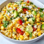 - 2 cups pasta (cavatappi or elbow) - 1 cup corn kernels (fresh, frozen, or canned) - 1 red bell pepper, diced - 1/2 cup red onion, finely chopped - 1 jalapeño, seeded and diced (optional for spice) - 1 avocado, diced - 1/2 cup crumbled cotija cheese - 1/4 cup fresh cilantro, chopped - 1/4 cup mayonnaise - 2 tablespoons lime juice - 1 teaspoon chili powder - Salt and pepper to taste You will need a mix of fresh and hearty ingredients for this dish. Start with two cups of pasta. I like cavatappi or elbow pasta for their fun shapes. They hold the dressing well and add a nice bite. Next, grab a cup of corn. You can use fresh corn off the cob, frozen corn, or canned corn. All work well. Add a red bell pepper for sweetness and color. One diced red bell pepper gives a bright pop. Then, chop half a cup of red onion for a sharp taste. If you want a little heat, use one jalapeño, seeded and diced. This is optional. Don't forget one diced avocado. It adds creaminess and balances the flavors. For that Mexican flair, you'll want half a cup of crumbled cotija cheese. This cheese is salty and tangy, perfect for this salad. For the dressing, mix a quarter cup of mayonnaise with two tablespoons of lime juice. The lime juice gives a fresh kick. Add one teaspoon of chili powder for extra flavor. Season with salt and pepper to taste. These ingredients come together to create a vibrant, tasty salad perfect for summer. {{ingredient_image_1}} Start by boiling water in a large pot. Add a pinch of salt to the water. Then, add the pasta. Cook it according to the package instructions until it's al dente. This means the pasta should be firm but not hard. Once done, drain the pasta and rinse it under cold water. Rinsing stops the cooking process and cools the pasta. This keeps it from getting mushy in your salad. Next, grab a large skillet and heat it over medium heat. Add the corn kernels to the skillet. Sauté the corn for about 5-7 minutes. You want it to turn golden brown and caramelize. This gives it a sweet, rich flavor. Stir it occasionally to ensure even cooking. Once it looks good, take it off the heat and let it cool. In a large mixing bowl, combine the cooked pasta and the sautéed corn. Now, add in the diced red bell pepper, finely chopped red onion, and jalapeño if you want some heat. Toss in the diced avocado, too. In a smaller bowl, whisk together the mayonnaise, lime juice, chili powder, salt, and pepper until smooth. This dressing brings everything together. Pour the dressing over the pasta mixture. Gently toss the salad to coat all the ingredients. Be careful not to break the avocado or cheese. Finally, add the crumbled cotija cheese and chopped cilantro. Fold them in gently. Taste your salad and adjust the seasoning with more salt, pepper, or lime juice if needed. Cover the salad and refrigerate it for at least 30 minutes. This allows the flavors to blend nicely. Serve it chilled or at room temperature for a refreshing dish. To serve Mexican Street Corn Pasta Salad, use a large bowl. This makes it easy for guests to help themselves. For a nice touch, garnish it with extra cilantro and a sprinkle of cotija cheese on top. This adds color and makes the dish look more inviting. You can also serve it in individual bowls. Add lime wedges on the side for a fun twist. This way, everyone can squeeze lime over their salad as they wish. If you want to elevate the flavors, consider adding some spices. A pinch of smoked paprika or cumin can add depth. You might also want to mix in some diced tomatoes or black beans. These ingredients add great texture and flavor. For a creamier salad, try adding extra mayonnaise or a dollop of sour cream. You could even mix in some Greek yogurt for a tangy twist. One big mistake is overcooking the pasta. Always cook it al dente. This keeps the pasta firm and prevents it from getting mushy. Also, make sure your ingredients are at the right temperature. Cool the pasta and corn before mixing. If you add warm ingredients, it can make the salad soggy. Keep these tips in mind for a perfect dish! Pro Tips Use Fresh Corn: For the best flavor, use fresh corn on the cob when it’s in season. Grilling it first can add a delicious smoky taste. Customize the Heat: Adjust the spiciness by adding more or less jalapeño or even using a dash of hot sauce in the dressing. Make Ahead: This salad tastes even better the next day! Prepare it in advance and let the flavors meld overnight in the fridge. Swap the Cheese: If you can’t find cotija cheese, feta or queso fresco can be great substitutes for a similar salty flavor. {{image_2}} You can boost this pasta salad by adding proteins. Grilled chicken adds heartiness. Shrimp brings a nice touch of seafood. For a vegetarian option, use black beans or chickpeas. These choices add flavor and texture. They also make the dish more filling. Don't worry if you can't find cotija cheese. Feta cheese works well as a substitute. You can also try goat cheese for a tangy twist. Feel free to swap veggies too. Use zucchini or cherry tomatoes if you have them. Fresh ingredients make the salad vibrant and tasty. Change this dish with the seasons. In summer, add fresh tomatoes or cucumbers. In winter, roasted butternut squash or sweet potatoes fit well. These changes keep the salad fresh and exciting. You can enjoy this dish all year long with new flavors. To keep your Mexican Street Corn Pasta Salad fresh, store it in an airtight container. This helps keep out air and moisture. Place the salad in the fridge as soon as you finish eating. It stays good for up to three days. After that, the taste may change, and the veggies may lose their crunch. You can freeze this pasta salad, but it might change in texture. To freeze, put the salad in a freezer-safe container. Make sure to leave space at the top for expansion. It can last up to three months in the freezer. When you’re ready to eat it, take it out and let it thaw in the fridge overnight. Once thawed, stir well before serving. You may want to add a bit of lime juice to freshen it up. If you want to reheat this salad, do it slowly. Use low heat in a pan or microwave. Stir often to keep it from sticking. Avoid high heat, as it can make the pasta mushy. If it seems dry, add a splash of lime juice or a little dressing. This will help bring back some of the flavors. You can store this salad in the fridge for up to four days. Use an airtight container to keep it fresh. After a few days, the flavors may change, but it will still be safe to eat. Yes, you can make this salad a day ahead. It actually tastes better after sitting for a bit. Just cover it and store it in the fridge. This gives the flavors time to blend. If you want a lighter option, try Greek yogurt instead of mayonnaise. It adds creaminess and a bit of tang. You can also use avocado for a dairy-free option. Absolutely! To make it vegan, use a vegan mayonnaise or replace it with more avocado. You can also skip the cheese or use a vegan cheese alternative. The salad will still taste great! Yes, you can use any pasta shape you like. Cavatappi and elbow pasta work well, but penne or fusilli are great too. Just cook the pasta until it's al dente for the best texture. This Mexican Street Corn Pasta Salad combines simple ingredients for bold flavor. You learned how to cook pasta, prepare corn, and mix everything to create a delicious dish. I shared tips on serving, fixing common mistakes, and making variations. Lastly, I covered how to store this salad for later. Enjoy making this salad your own with your favorite twists. It’s fresh, fun, and perfect for any gathering!