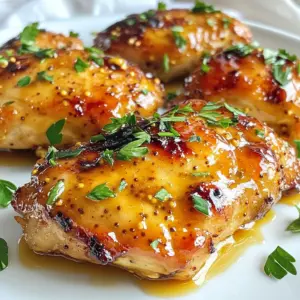 - 4 chicken breasts, boneless and skinless - 1/3 cup honey - 1/3 cup Dijon mustard - 2 tablespoons olive oil - 2 cloves garlic, minced - 1 teaspoon fresh thyme, chopped (or 1/2 teaspoon dried thyme) - 1 teaspoon paprika - Salt and pepper to taste - Fresh parsley for garnish The recipe calls for specific amounts. Here’s a quick guide: - Use 4 chicken breasts, about 1.5 pounds total. - For the honey and mustard, stick with 1/3 cup each. - Olive oil needs 2 tablespoons. - Use 2 cloves of garlic for a strong flavor. - Thyme can be fresh or dried; just adjust the amount. - Paprika adds a nice touch, and you can use more or less based on taste. - Season with salt and pepper as you like. If you want to switch up flavors, try these: - Swap Dijon mustard with yellow mustard for a milder taste. - Maple syrup works well if you want a different sweetener. - Use any fresh herb you like if thyme isn’t available. - You can use chicken thighs instead of breasts for a juicier dish. These tips will help you make the dish your own! {{ingredient_image_1}} - Preheating the oven: Start by preheating your oven to 375°F (190°C). This ensures even cooking. - Making the honey mustard mixture: In a medium bowl, whisk together 1/3 cup honey and 1/3 cup Dijon mustard. Add 2 tablespoons of olive oil, 2 minced garlic cloves, 1 teaspoon of fresh thyme (or 1/2 teaspoon dried), and 1 teaspoon paprika. Season with salt and pepper to your taste. Mix well until it is smooth and combined. - Coating the chicken: Take 4 boneless, skinless chicken breasts and place them in a baking dish. Pour the honey mustard mixture over the chicken, making sure to coat both sides well. - Covering and baking times: Cover the baking dish with aluminum foil. Bake for 25 minutes. After that, remove the foil and bake for another 15-20 minutes. The chicken should reach an internal temperature of 165°F (75°C). The glaze will bubble and look caramelized. - Resting the chicken: Once done, pull the baking dish from the oven. Let the chicken rest for about 5 minutes. This step keeps it juicy and tender. - Garnishing tips: Before serving, sprinkle fresh parsley on top. This adds color and flavor. Serve the chicken with a drizzle of sauce from the dish for extra taste. To keep your chicken juicy and tender, use the right cooking time. Bake the chicken for 25 minutes covered. Then, remove the foil and bake for 15-20 more minutes. This will help lock in moisture. Always let the chicken rest for 5 minutes after baking. This step makes a big difference in juiciness. To check for doneness, use a meat thermometer. Insert it into the thickest part of the chicken. The chicken should reach an internal temperature of 165°F (75°C). If you don’t have a thermometer, cut into the chicken. The juices should run clear, not pink. You can add herbs and spices to boost flavor. Fresh rosemary or sage works well with the honey mustard mix. A pinch of cayenne can add a nice kick. Consider adding a splash of lemon juice for brightness. For a different taste, try marinating the chicken in the honey mustard mix for an hour or overnight. This adds depth to the flavor. You could also use different mustards, like whole grain or spicy mustard, for a unique twist. Pro Tips Marinate for Extra Flavor: For a deeper flavor, marinate the chicken in the honey mustard mixture for at least 30 minutes, or even overnight in the refrigerator. Use Bone-in Chicken: For even juicier chicken, consider using bone-in, skin-on chicken thighs. Adjust the cooking time accordingly. Add a Kick: If you like a bit of heat, add a pinch of cayenne pepper or a splash of hot sauce to the honey mustard mixture. Perfect Pairing: This dish pairs wonderfully with sides like roasted sweet potatoes or a crisp green salad to balance the sweetness. {{image_2}} Mustard alternatives: You can swap Dijon mustard with yellow mustard or whole grain mustard. Each adds a different kick. Yellow mustard gives a milder taste. Whole grain mustard adds texture and depth. Honey substitutes: If you need a honey alternative, try maple syrup or agave nectar. Both sweeten the dish well. They may change the flavor slightly but still taste great. Slow cooker adaptation: To use a slow cooker, mix the honey mustard sauce as before. Place the chicken in the slow cooker and pour the sauce over it. Cook on low for 6-8 hours or high for 3-4 hours. This makes the chicken super tender. Grill versus oven method: You can also grill the chicken for a smoky flavor. Marinate the chicken in the honey mustard sauce for at least 30 minutes. Grill it over medium heat for about 6-7 minutes per side. The grilling adds a nice char and flavor. To keep your baked honey mustard chicken fresh, use airtight containers. Glass or plastic containers work well. Let the chicken cool to room temperature before sealing. Store the chicken in the fridge for up to four days. If you want to keep it longer, freeze it. Wrap each piece in plastic wrap, then put it in a freezer bag. This helps avoid freezer burn. Frozen chicken can last for up to three months. To reheat your chicken, the oven is best. Preheat it to 350°F (175°C). Place the chicken in a baking dish. Cover it with foil to keep moisture in. Heat for about 20 minutes. Check that the internal temperature is 165°F (75°C) before serving. You can also use a microwave. Place the chicken on a microwave-safe plate. Cover it loosely with a paper towel. Heat in short bursts, checking often. This keeps the chicken juicy and tasty. Avoid overcooking, as this can dry it out. How long should I bake chicken at 375°F? You should bake chicken at 375°F for about 40 to 45 minutes. Start with 25 minutes covered, then 15 to 20 minutes uncovered. Always check the chicken's internal temperature to reach 165°F for safety. Can I use bone-in chicken for this recipe? Yes, you can use bone-in chicken. Just adjust the cooking time. Bone-in chicken takes longer, about 50 to 60 minutes. Check the internal temperature to ensure it is cooked through. Is this recipe suitable for meal prep? Absolutely! This recipe is great for meal prep. You can make it ahead and store it in the fridge. It will stay fresh for up to four days. Can I make this dish ahead of time? Yes, you can prepare the chicken and the honey mustard mixture ahead of time. Just coat the chicken and store it in the fridge. Bake it when you are ready to serve. What sides pair well with baked honey mustard chicken? This dish pairs well with roasted vegetables, rice, or a fresh salad. You can also serve it with mashed potatoes for a hearty meal. How to adjust the recipe for more servings? To make more servings, simply double or triple the ingredients. Just ensure your baking dish can fit all the chicken. You may need to bake in batches if your dish is small. You learned how to make baked honey mustard chicken using simple ingredients. We covered everything from preparing the chicken to storing leftovers. This dish is easy to customize and perfect for any meal. You can try different flavors and cooking methods based on your taste. Remember, cooking should be fun and rewarding! Enjoy this delicious meal, and don't hesitate to experiment with variations. Happy cooking!