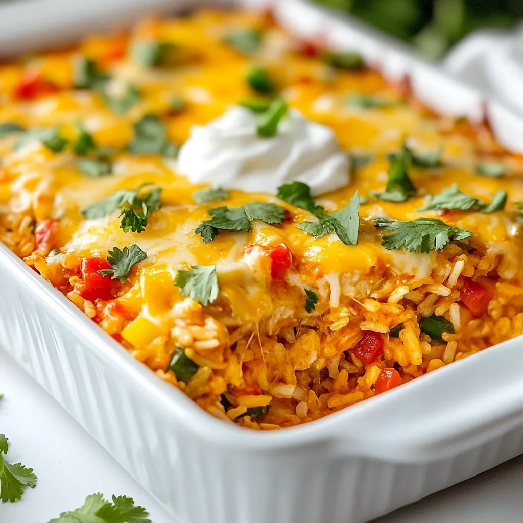 - 2 cups cooked rice - 2 cups shredded cooked chicken - 1 can (10 oz) red enchilada sauce - 1 can (15 oz) black beans, drained and rinsed - 1 cup corn kernels - 1 cup diced bell peppers (red and green) - 1 cup shredded cheddar cheese - 1 cup shredded Monterey Jack cheese The main ingredients create a hearty base for the casserole. I love using cooked rice as it absorbs all the flavors. Shredded chicken adds protein and a nice texture. Black beans are great for fiber and taste. Corn brings sweetness, while colorful bell peppers add crunch and vitamins. The mix of cheddar and Monterey Jack cheese gives a rich, creamy finish. - 1 teaspoon cumin - 1 teaspoon chili powder - Salt and pepper to taste Spices are key to flavor. Cumin gives a warm, earthy taste. Chili powder adds a nice kick. Salt and pepper enhance all the flavors. I recommend tasting your mixture as you go. Adjusting seasoning helps you find your perfect balance. - Fresh cilantro - Sour cream Garnishes can elevate your dish. Fresh cilantro adds brightness and freshness. A dollop of sour cream gives creaminess and cools the heat. These are optional but really enhance the meal. Personalize your casserole with these tasty toppings. {{ingredient_image_1}} 1. Preheat the Oven Set your oven to 375°F (190°C). This step helps ensure even cooking. 2. Combine Main Ingredients In a large bowl, mix together the cooked rice, shredded chicken, red enchilada sauce, black beans, corn, and diced bell peppers. Stir until all ingredients blend well. This mixture forms the base of your casserole. 3. Add Spices Sprinkle in the cumin, chili powder, salt, and pepper. Stir again to distribute the spices evenly. This adds flavor and warmth to the dish. 4. Transfer to Baking Dish Pour the mixture into a greased 9x13-inch baking dish. Spread it out so it cooks evenly. This step is crucial for a good texture. 5. Cover and Bake Use aluminum foil to cover the dish. Bake it in the preheated oven for 25 minutes. This helps keep moisture in, making the dish creamy. 6. Uncover and Continue Baking After 25 minutes, remove the foil. Bake for an extra 10-15 minutes. This allows the cheese to bubble and turn golden. You want a beautiful, melted top. Avoiding Soggy Rice To avoid soggy rice, use freshly cooked rice. Let it cool for a bit before mixing. If you have leftover rice, make sure it is fluffy and not clumped together. A good trick is to spread the rice out on a baking sheet for a few minutes. This helps to dry it out slightly before you mix it in. Cheese Variations Cheese is key to a great casserole. For a twist, try using pepper jack for some heat. You can also mix in queso fresco for a milder flavor. Mixing different cheeses adds depth. You can even use a blend of mozzarella and cheddar for extra creaminess. Side Dishes Serve this casserole with a fresh salad. A simple green salad with lime dressing complements it well. You can also add tortilla chips for crunch. They are great for scooping up the casserole. Best Accompaniments Sour cream adds creaminess and balances the spice. Fresh cilantro brightens up the dish. You can also serve it with avocado slices or guacamole for an added layer of flavor. Making It in Advance You can prepare this casserole a day ahead. Just mix all the ingredients and store it in the fridge. Bake it when you are ready to serve. This saves time and allows the flavors to meld together. Reheating Tips To reheat, cover the casserole with foil. Bake at 350°F for about 20-25 minutes. This helps keep it moist. You can also microwave individual portions for about 2-3 minutes. Just be sure to check and stir to heat evenly. Pro Tips Use Leftover Chicken: This recipe is perfect for using up leftover rotisserie chicken or any cooked chicken you have on hand. Customize the Veggies: Feel free to add or substitute other vegetables like zucchini or spinach to suit your taste. Make it Spicier: For an extra kick, add diced jalapeños or a sprinkle of cayenne pepper to the mixture. Cheese Choices: Experiment with different cheese blends, like pepper jack or queso blanco, for varied flavors. {{image_2}} Protein Alternatives You can swap chicken for many other proteins. Ground beef or turkey works well. Shredded pork or tofu also adds great taste. Each option brings a new flavor to the dish. Vegetable Additions Feel free to add more veggies! Zucchini, mushrooms, or spinach can enhance the mix. You might also try jalapeños for a spicy kick. Mixing in more colors makes the dish look great! Gluten-Free Options To make this dish gluten-free, check your enchilada sauce. Some brands use gluten. You can also use gluten-free rice. This way, everyone can enjoy the meal. Vegetarian Version Make a vegetarian version by omitting chicken. Replace it with black beans or lentils for protein. You can also add extra veggies for texture and flavor. Mild vs. Spicy Adjust the spice to your taste. Use mild enchilada sauce for a gentle flavor. For more heat, add chopped fresh chilies or extra chili powder. Customizing Flavor Profiles You can customize the flavor easily. Add lime juice for a zesty kick. Fresh herbs like cilantro or parsley can brighten the dish. Each tweak makes it your own! Refrigeration Store any leftover chicken enchilada rice casserole in an airtight container. Place it in the fridge right away. It will stay fresh for about 3 to 4 days. Make sure to cool it to room temperature first. This helps keep the food safe and tasty. Freezing For longer storage, you can freeze the casserole. Divide it into smaller portions for easy use later. Wrap each portion tightly in plastic wrap. Then, place them in a freezer-safe bag or container. This way, your casserole can last up to 2 to 3 months in the freezer. Just remember to label the bags with the date. Oven Reheating To reheat in the oven, preheat it to 350°F (175°C). Place the casserole in a baking dish. Cover it with foil to keep it moist. Heat for about 20 to 25 minutes. Check that it's hot all the way through. You can remove the foil for the last 5 minutes if you want the cheese to get bubbly. Microwave Options You can also reheat the casserole in the microwave. Place a portion on a microwave-safe plate. Cover it with a damp paper towel. Heat on high for about 2 to 3 minutes. Stir halfway through to make sure it heats evenly. How Long It Lasts When stored properly, the chicken enchilada rice casserole lasts 3 to 4 days in the fridge. In the freezer, it can last 2 to 3 months. Signs of Spoilage Look for any changes in color or smell. If it has a sour odor or looks moldy, it’s best to throw it away. Always trust your senses! If you are unsure, it's safer to discard it. Can I use cooked rice? Yes, you can use cooked rice. It saves time and makes the dish easy. Just make sure the rice is cooled before mixing it in. This helps keep your casserole from getting too mushy. Can I make this dish spicy? Absolutely! To add spice, use spicy enchilada sauce or add jalapeños. You can also increase the chili powder for more heat. Adjust the spice to match your taste. How to serve it? Serve the casserole hot, right from the oven. It looks great when garnished with fresh cilantro. You can also add a dollop of sour cream on top for creaminess. What sides pair well with it? This dish pairs well with a simple green salad or some tortilla chips. You can also serve it with fresh guacamole or salsa for extra flavor. Can I substitute chicken? Yes, you can use cooked turkey or even shredded pork. These meats work well and keep the dish tasty. If you want a lighter option, try using cooked tofu instead. Is there a vegan option available? Yes! For a vegan version, replace chicken with black beans or lentils. Use vegetable broth instead of chicken broth if needed. You can also swap the cheese for a dairy-free option. You can make a delicious casserole with chicken, rice, and beans. I covered steps to prepare and bake this dish, along with tips to get it just right. Remember, you can swap ingredients and adjust spice levels to suit your taste. Store your leftovers properly to enjoy later. Whether you're cooking for yourself or a crowd, this dish will impress. Happy cooking!