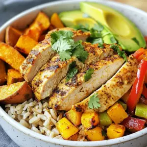 - 2 boneless, skinless chicken breasts - 1 large sweet potato, peeled and diced - 1 cup brown rice - 2 cups vegetable broth - 1 bell pepper, sliced - 1 small red onion, diced - 2 cloves garlic, minced - 2 tablespoons olive oil - 1 teaspoon smoked paprika - 1 teaspoon cumin - Salt and pepper to taste - ¼ cup fresh cilantro, chopped (for garnish) - 1 avocado, sliced (optional, for serving) You need fresh ingredients to create the best flavors. The chicken gives protein and richness. Sweet potatoes add sweetness and texture. Brown rice forms a hearty base. Vegetable broth adds depth to the rice. For seasoning, smoked paprika and cumin bring warmth. Garlic and onion add nice flavors, too. Fresh cilantro adds brightness as a garnish. Avocado gives creaminess and is optional but nice. Choose quality ingredients to make your meal stand out. This bowl is not just tasty; it's also colorful and good for you. Each bite will be satisfying and full of flavor. {{ingredient_image_1}} To cook the brown rice, start by gathering your ingredients. You need 1 cup of brown rice and 2 cups of vegetable broth. Pour the broth into a medium pot with the rice. Bring it to a boil on high heat. Once it boils, lower the heat. Cover the pot and let it simmer for about 30 to 35 minutes. This will let the rice soak up the broth. - Tips for perfect rice texture: - Make sure to keep the pot covered while it cooks. - After the time is up, remove it from heat and let it sit for 5 minutes. This resting time helps the rice finish cooking. Fluff it with a fork for a light texture. Next, we move on to the sweet potatoes. Peel and dice 1 large sweet potato. Preheat your oven to 400°F (200°C). Take a baking sheet and spread the diced sweet potato evenly. Drizzle with 1 tablespoon of olive oil, and sprinkle some salt and pepper. Toss them well so they are coated. - Achieving caramelization: - Roast the sweet potatoes in the oven for about 20 to 25 minutes. - Check them halfway and give them a stir for even cooking. When they turn golden and tender, they are ready. Now for the chicken. Use 2 boneless, skinless chicken breasts. Season them with smoked paprika, cumin, salt, and pepper. In a skillet, heat 1 tablespoon of olive oil over medium heat. When hot, add the chicken. Cook on each side for about 5 to 7 minutes. - Sautéing onions and peppers: - Push the chicken to the side of the skillet. Add 1 small diced red onion and 2 cloves of minced garlic. Sauté for about 2 to 3 minutes until the onion is clear. - After the chicken is done, remove it from the skillet. Let it rest, then slice it. - In the same skillet, add 1 sliced bell pepper and sauté for another 2 to 3 minutes until it softens. Now you're ready to build your bowls! To make sure your chicken turns out tender, use these methods: - Brining: Soak the chicken in saltwater for 30 minutes. This keeps it juicy. - Pounding: Gently pound the chicken to an even thickness. This helps it cook evenly. When cooking, check the internal temperature with a meat thermometer. The chicken must reach 165°F (75°C) to be safe to eat. This ensures it is fully cooked and safe. Adding spices can make your dish pop. Here are some ideas: - Extra spices: Try adding garlic powder or chili powder for a kick. - Sauces: A drizzle of soy sauce or sriracha can add depth. You can also pair your rice bowl with fresh lime or lemon. This adds a bright, zesty touch. How you serve your rice bowl matters. Here are some tips: - Serving style: Use deep plates for a cozy look. Layer the ingredients for a colorful display. - Garnishes: Fresh cilantro adds a nice touch. Sliced avocado provides creaminess and flavor. These simple steps can make your meal look as good as it tastes. Enjoy! Pro Tips Rest the Chicken: Allow the cooked chicken to rest for a few minutes before slicing. This helps retain its juices and keeps the meat tender. Customize Your Veggies: Feel free to add or substitute other vegetables like zucchini or spinach for added nutrition and flavor. Perfectly Cooked Rice: Rinse the brown rice under cold water before cooking to remove excess starch, which helps achieve a fluffier texture. Garnish Wisely: Adding a squeeze of fresh lime juice over the assembled bowls can brighten up the flavors significantly. {{image_2}} You can easily swap the chicken in this recipe. Try using turkey or pork for a new taste. Each meat adds a different flavor and texture. If you want vegetarian options, consider chickpeas or tofu. Both are protein-rich and will fill you up. Just make sure you season them well to add flavor. Feel free to play with different vegetables. Instead of sweet potatoes, use butternut squash or even carrots. You can also add greens like spinach or kale for extra color and nutrition. For rice, try quinoa or cauliflower rice. Both options give you a unique twist and change the texture. If you like spice, add chili powder or sriracha for heat. These spices can turn your bowl into a fiery delight. You can also experiment with international flavors. For a Mexican touch, use black beans and corn. For an Asian flair, use soy sauce and sesame oil. These swaps create delicious new versions of your rice bowl. To keep your chicken and sweet potato rice bowl fresh, follow these tips: - Refrigeration tips: Store leftovers in an airtight container. Make sure the bowl cools to room temperature before sealing. This helps avoid moisture buildup. In the fridge, the meal stays good for up to 3 days. - Freezing for future meals: If you want to save it longer, freeze the rice bowl. Use freezer-safe containers and separate the chicken, rice, and veggies if possible. This keeps each part fresh. You can store it for up to 3 months. When you want to enjoy your leftovers, reheating is key: - Methods for maintaining texture and flavor: The best way to reheat is in the oven. Preheat it to 350°F (175°C). Place the bowl in a baking dish and cover it with foil. Heat for about 20 minutes. This method keeps the chicken juicy and the rice fluffy. You can also use the microwave. Place the bowl in a microwave-safe dish. Cover it with a damp paper towel to keep moisture in. Heat in 30-second intervals, stirring in between, until hot. Yes, you can prepare this meal ahead of time. Cook the rice and sweet potatoes first. Store them in separate airtight containers in the fridge. They will stay fresh for up to four days. When ready to eat, reheat them on the stove or in the microwave. You can also cook the chicken in advance. Store it sliced in the fridge. Just warm it up when you’re ready to assemble your bowl. You can easily adapt this rice bowl for different diets. For a gluten-free option, use a gluten-free soy sauce or tamari for flavor. To make it vegan, replace chicken with tofu or chickpeas. Use vegetable broth instead of chicken broth for cooking the rice. These swaps keep the dish tasty while meeting dietary needs. For a balanced meal, consider a side salad with mixed greens and a light vinaigrette. You can also serve roasted vegetables or steamed broccoli. If you want something warm, a cup of soup pairs well. These sides add more nutrients and flavor, making your meal even better. In this blog post, I shared a process for making a delicious chicken and sweet potato rice bowl. We covered key ingredients, cooking steps, and tips for perfect results. I also explored variations and how to store your meals. Remember, cooking is all about personalizing flavors and techniques to fit your taste. With simple adjustments, you can enjoy a dish that suits your needs. Try these tips for your next meal adventure. Happy cooking!