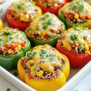 - 4 large bell peppers (any color) - 1 cup quinoa, rinsed - 2 cups vegetable broth - 1 can (15 oz) black beans, rinsed and drained - 1 cup corn (fresh or frozen) - 1 cup diced tomatoes (canned or fresh) - 1 teaspoon cumin - 1 teaspoon paprika - 1/2 teaspoon garlic powder - Salt and pepper to taste - 1 cup shredded cheese (cheddar or a cheese blend) - Fresh cilantro for garnish (optional) You can swap quinoa for rice or farro. Both work well. Use chickpeas instead of black beans for a different flavor. If you don't like corn, try diced zucchini or mushrooms. For a dairy-free option, skip the cheese or use a vegan cheese. If you want more spice, add jalapeños or a pinch of cayenne. When you pick bell peppers, look for firm skin and bright colors. A shiny surface means they are fresh. Avoid peppers with soft spots or wrinkles. Choose peppers that feel heavy for their size. These are usually juicier and tastier. If you want sweeter peppers, red, yellow, and orange are best. Green peppers are more bitter but still great in this dish. {{ingredient_image_1}} Start by preheating your oven to 375°F (190°C). Take four large bell peppers. You can choose any color you like. Cut the tops off the peppers and remove the seeds and membranes. This part is simple. Just use a small knife. Place the empty peppers upright in a baking dish. This helps them stand while cooking. Next, grab a medium saucepan. Add one cup of rinsed quinoa and two cups of vegetable broth. Bring it to a boil over high heat. Once it boils, reduce the heat to low. Cover the pan and let it simmer for about 15 minutes. The quinoa will absorb all the broth. Check to see if the quinoa is fluffy and cooked. In a large bowl, combine the cooked quinoa, one can of rinsed black beans, one cup of corn, and one cup of diced tomatoes. Add one teaspoon of cumin, one teaspoon of paprika, and half a teaspoon of garlic powder. Season with salt and pepper to taste. Mix everything well until all the ingredients blend together. Now, take the quinoa mixture and stuff it into each bell pepper. Make sure to pack it down gently. Top each pepper with one cup of shredded cheese. Cover the baking dish with aluminum foil. Bake it in the oven for 25 minutes. After that, remove the foil and bake for another 10-15 minutes. The peppers should be tender, and the cheese should be golden and bubbly. Let them cool slightly before serving. For the best stuffed bell peppers, start with fresh peppers. Choose firm peppers with no soft spots. Cut the tops off and remove the seeds gently. This helps keep the shape. When you bake them, cover them with foil first. This traps steam and cooks them evenly. Remove the foil later for a nice, golden cheese topping. You can prepare stuffed peppers in advance. Make the filling and stuff the peppers. Then, wrap them tightly in foil and store them in the fridge for up to two days. If you want to freeze them, place them in a freezer-safe bag. They can last for up to three months. When ready to eat, bake from frozen. Just add extra time to the cooking. These stuffed peppers are great with a side salad or rice. You can serve them with salsa or guacamole for extra flavor. If you enjoy spicy food, add sliced jalapeños on top. For a fresh touch, sprinkle chopped cilantro just before serving. Enjoy these peppers as a main dish or a fun side! Pro Tips Choose Colorful Peppers: Using a mix of red, yellow, green, and orange bell peppers not only adds visual appeal but also provides different flavor profiles. Enhance Flavor with Herbs: Consider adding fresh herbs like parsley or basil to the quinoa mixture for an extra burst of flavor. Make it Spicy: If you enjoy heat, add some chopped jalapeños or a dash of hot sauce to the filling for a spicy kick. Meal Prep Friendly: These stuffed peppers can be made ahead of time and stored in the fridge for up to 3 days, making them perfect for meal prep! {{image_2}} You can easily change the protein in your stuffed peppers. For chicken lovers, shredded rotisserie chicken works great. Mix it with the quinoa and veggies for a hearty meal. If you prefer turkey, ground turkey is a lean choice. Cook it before adding to your mixture for flavor. For a plant-based option, use tofu. Crumble firm tofu and sauté it with spices. It adds texture and protein while keeping it vegan. If you want vegetarian or vegan options, you can skip the meat. The quinoa and black beans already provide protein. You can also add more veggies. Try chopped spinach, zucchini, or mushrooms. These add taste and nutrients. For a cheesy touch in vegan recipes, use vegan cheese or nutritional yeast. This gives a nice flavor without dairy. Want to kick up the heat? Adjust the spices in your filling. Add diced jalapeños or red pepper flakes for a spicy bite. If you like it mild, skip the spicy ingredients. You can also experiment with different spices. Try chili powder for a smoky flavor or add herbs like oregano for a fresh taste. These tweaks help you create stuffed peppers that match your taste. You can store any leftover stuffed peppers in the fridge. Place them in an airtight container. They will stay fresh for about 3 to 5 days. Make sure to let them cool before sealing. This keeps them from getting soggy. Freezing is a great option if you want to save extra peppers. Wrap each stuffed pepper in plastic wrap. Then, put them in a freezer-safe bag or container. They can last for up to 3 months. When ready to eat, thaw them in the fridge overnight. Reheating is simple. You can use the oven or the microwave. For the oven, preheat to 350°F (175°C). Place the peppers in a baking dish. Cover with foil and heat for about 20 minutes. For the microwave, place a pepper on a plate. Heat for 2 to 3 minutes or until warm. Enjoy your tasty meal! Yes, you can! Try using rice, farro, or bulgur in place of quinoa. Each grain adds a unique flavor and texture. Rice cooks quickly and is soft. Farro gives a chewy bite. Bulgur is quick and healthy, too. You can even mix grains for fun. Just make sure to adjust the cooking time based on the grain you choose. Your stuffed peppers are ready when they are soft and the cheese is bubbly. Look for a nice golden color on top. You can check the peppers by poking them with a fork. If they feel tender, they are done. Cooking time may vary based on your oven, so keep an eye on them! Absolutely! You can prep the stuffed peppers a day earlier. Just fill the peppers and store them in the fridge. When you're ready to cook, take them out and bake. This makes dinner easy and quick. You can also freeze them for later. Just thaw overnight before baking. Stuffed bell peppers offer a tasty, healthy meal choice. We explored essential ingredients, including substitutions to fit your pantry. I shared tips for choosing the best peppers and prep steps for cooking. We also discussed variations, like protein options and spice adjustments, making them your own. Lastly, I covered storage and reheating tips to keep your leftovers fresh. Enjoy making this dish today, knowing you have the knowledge to succeed!