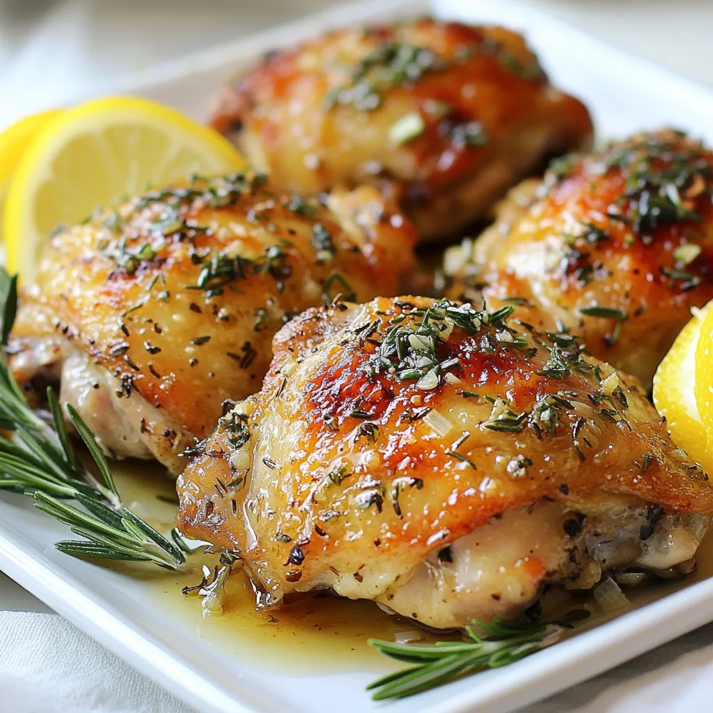 - 4 bone-in, skin-on chicken thighs - 3 tablespoons olive oil - 6 cloves garlic, minced Chicken thighs give a rich flavor. The skin keeps them juicy as they cook. Olive oil adds a lovely taste and helps the herbs stick. Garlic brings a warm, savory note that makes this dish special. - 1 tablespoon fresh rosemary, chopped - 1 tablespoon fresh thyme, chopped - 1 tablespoon fresh parsley, chopped Fresh herbs add brightness to the dish. Rosemary has a strong flavor that pairs well with chicken. Thyme offers a subtle earthiness. Parsley adds a touch of freshness. Together, they create a balanced taste. - Juice of 1 lemon - Salt and pepper to taste - Lemon slices for garnish Lemon juice brightens the dish. It cuts through the richness of the chicken. Salt and pepper enhance all the flavors. Lemon slices add a pretty touch when you serve the chicken. These simple ingredients make a big impact. {{ingredient_image_1}} First, preheat your oven to 400°F (200°C). This step helps cook the chicken evenly. While the oven heats, make the marinade. In a small bowl, mix together 3 tablespoons of olive oil, 6 minced garlic cloves, 1 tablespoon of chopped rosemary, 1 tablespoon of chopped thyme, 1 tablespoon of chopped parsley, and the juice of 1 lemon. Add salt and pepper to taste. This blend will give the chicken a rich flavor. Now, let’s talk about marinating. For the best taste, marinate the chicken for at least 30 minutes. If you can, let it sit in the fridge for 2 hours. Marinating is important because it lets the chicken absorb all those yummy flavors. The longer it marinates, the better it tastes! After marinating, take the chicken out. Place the chicken thighs skin-side up on a baking sheet lined with parchment paper. Roast the chicken in the oven for 35-40 minutes. You want the skin to be crispy, and the internal temperature should reach 165°F (74°C). To check for doneness, use a meat thermometer. This step ensures your chicken is both safe and tasty. Once done, let the chicken rest for 5 minutes before serving. Enjoy! To get the best flavor, you need to marinate the chicken well. First, mix the olive oil, minced garlic, and fresh herbs together. This blend makes the chicken taste great. For maximum flavor, let the chicken soak in the marinade for at least two hours in the fridge. If you’re short on time, thirty minutes will still work, but longer is better. If you want to switch things up, try using different herbs. Basil or oregano can add a new twist. You can also swap lemon juice for lime juice for a brighter taste. For crispy skin, start with dry chicken. Pat the thighs with paper towels before marinating. When cooking, place the chicken skin-side up on a baking sheet. This helps the skin crisp up while roasting. You can cook these thighs in the oven or on the grill. The oven method is easy and gives even cooking. If you choose to grill, keep an eye on the heat to avoid burning. Grill until the skin is crispy and the inside is juicy. These garlic herb chicken thighs pair well with many sides. Try roasted vegetables, rice, or a fresh salad. Each adds a nice touch to the meal. For presentation, place the chicken on a large platter. Add lemon slices around the chicken for color. You can sprinkle extra herbs on top for a lovely finish. Pro Tips Marinate Longer for More Flavor: The longer you marinate the chicken thighs, the more intense the flavors will be. Aim for 2 hours or even overnight if time allows. Use a Meat Thermometer: To ensure your chicken is perfectly cooked, use a meat thermometer to check that the internal temperature reaches 165°F (74°C). Pat the Chicken Dry: Before marinating, pat the chicken dry with paper towels to help the skin crisp up nicely during roasting. Experiment with Herbs: Feel free to mix and match different herbs based on your personal preference. Oregano or basil can add a unique twist to the dish. {{image_2}} You can change the herbs for new tastes. Try using basil or oregano for a twist. Fresh dill adds a nice touch too. Mixing herbs can create unique flavor combinations. For example, rosemary and thyme work well together. You can also mix parsley with basil for a fresh taste. Experiment to find your favorite blend! You can cook chicken thighs in different ways. Grilling adds a smoky flavor, perfect for summer. Just marinate and grill them for about 6-7 minutes per side. Baking is simple and keeps the chicken juicy. Roast in the oven at 400°F for about 35-40 minutes. If you have more time, use a slow cooker. Place the marinated chicken in the slow cooker. Cook on low for 6-8 hours. This method makes the chicken very tender and full of flavor. You can easily adjust this recipe to fit your needs. For a low-sodium option, use less salt in the marinade. Fresh herbs add flavor without the extra salt. You can also use low-sodium broth instead of salt. If you need a gluten-free recipe, this one works great. All the ingredients are naturally gluten-free. Just double-check any store-bought items. Enjoy this dish without worry while sticking to your dietary needs! You can keep leftover garlic herb chicken thighs in the fridge for up to three days. Store them in airtight containers to keep them fresh. I like using glass containers, as they prevent odors. Make sure to let the chicken cool down before putting it in the fridge. If you want to save some chicken for later, you can freeze it. Wrap each thigh tightly in plastic wrap, then place them in a freezer bag or container. Frozen chicken can last for up to three months. When you're ready to eat, thaw the chicken in the fridge overnight or use the microwave's defrost setting. This will keep the meat juicy. To reheat, I suggest using the oven for the best taste. Set it to 350°F (175°C). Place the chicken on a baking sheet and cover it with foil. Heat for about 15 to 20 minutes. This method keeps the skin crispy and the meat moist. You can also use a microwave, but it may not keep the skin crispy. You should marinate chicken thighs for at least 30 minutes. For the best flavor, try to marinate them for 2 hours. Yes, you can marinate them overnight. Just be careful not to exceed 24 hours, as the meat can become too salty. The best way to check if chicken thighs are done is by using a meat thermometer. You want the internal temperature to reach 165°F (74°C). This ensures the chicken is safe to eat and juicy. Yes, you can use boneless chicken thighs. However, reduce the cooking time. Boneless thighs usually need about 25-30 minutes in the oven. Always check the temperature to ensure they are cooked through. This blog post covered everything you need for a delicious chicken thigh dish. You learned about key ingredients like chicken, olive oil, garlic, and fresh herbs. We detailed prep steps and the best marinating practices to boost flavor. Different cooking methods and serving ideas were shared for variety. Finally, we discussed how to store and reheat leftovers safely. Enjoy experimenting with new flavors and make this dish your own! Happy cooking!