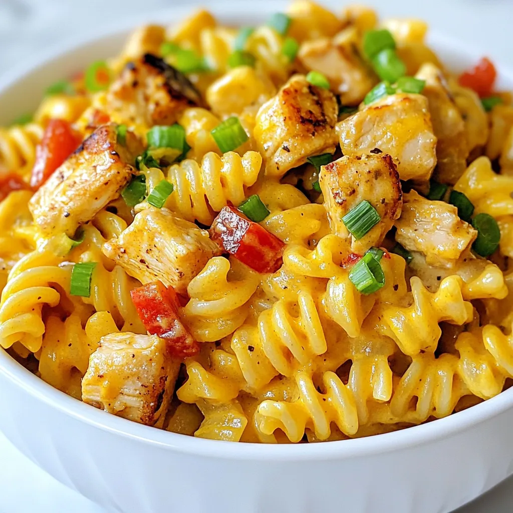 To make Cheesy Cajun Garlic Chicken Rotini, you will need: - 8 oz rotini pasta - 2 tablespoons olive oil - 1 lb chicken breast, diced - 3 cloves garlic, minced - 1 tablespoon Cajun seasoning - 1 cup heavy cream - 1 cup shredded cheddar cheese - 1/2 cup grated Parmesan cheese - Salt and pepper to taste - 2 green onions, chopped (for garnish) - 1 red bell pepper, diced You can swap some ingredients based on what you have: - Pasta: Use penne or fusilli instead of rotini. - Chicken: Substitute with shrimp or firm tofu for a different protein. - Heavy cream: Use half-and-half or coconut cream for a lighter sauce. - Cheese: Try pepper jack for a spicy kick or mozzarella for a milder taste. - Cajun seasoning: Mix paprika, cayenne, and garlic powder if you lack Cajun spice. To prepare this dish, gather these tools: - A large pot for boiling pasta - A large skillet for cooking chicken and sauce - A mixing spoon for stirring - A measuring cup for liquids - A knife and cutting board for chopping vegetables - A colander for draining pasta With these ingredients and tools, you'll be ready to create a delicious and hearty meal. Enjoy the cooking process as much as the final dish! {{ingredient_image_1}} To start, grab a large pot and fill it with water. Add a good amount of salt to the water. This adds flavor to the pasta. Bring the water to a boil. Once boiling, add 8 oz of rotini pasta. Cook it according to the package instructions until it is al dente. This usually takes about 8-10 minutes. When done, drain the pasta and set it aside. Next, take a large skillet and place it on medium heat. Pour in 2 tablespoons of olive oil and let it heat. Once hot, add 1 lb of diced chicken breast. Season it with salt, pepper, and 1 tablespoon of Cajun seasoning. Cook the chicken for about 6-8 minutes. You want it to turn golden brown and be fully cooked. After the chicken is cooked, it’s time to add more flavor. Toss in 3 cloves of minced garlic and 1 diced red bell pepper. Sauté this mixture for about 2-3 minutes. You want the garlic to smell good and the pepper to soften a bit. Now it's time to create a creamy sauce. Pour in 1 cup of heavy cream into the skillet. Stir well, making sure to scrape the bottom of the skillet. This helps combine all the tasty bits left from cooking the chicken. Bring this mixture to a simmer, then lower the heat. Next, add 1 cup of shredded cheddar cheese and 1/2 cup of grated Parmesan cheese to the sauce. Stir until the cheeses melt and the sauce is nice and smooth. If you need to, taste and adjust the seasoning. Finally, add the drained rotini to the skillet. Toss everything together until the pasta is coated in that cheesy sauce. This step is key to a delicious meal! To make the sauce smooth, stir well after adding the heavy cream. Scrape the skillet's bottom to mix all flavors. Let it simmer gently. This helps the flavors blend perfectly. Add cheeses slowly for a creamy texture. If it seems too thick, add a splash of pasta water. Cajun seasoning is key for flavor. Adjust the amount based on your spice level. Taste as you cook. You can add extra salt or pepper if needed. Fresh garlic brings a strong taste, so use the right amount. For a touch of sweetness, add a pinch of sugar. Use medium heat for cooking chicken to avoid burning. Stir often to ensure even cooking. When sautéing garlic and peppers, don’t let them brown too much. This keeps the flavors bright. Toss the pasta quickly with the sauce to coat it evenly. Serve hot for the best experience. Pro Tips Cook Pasta Al Dente: Make sure to cook the rotini just until al dente to prevent it from becoming mushy when mixed with the creamy sauce. Adjust the Heat: If you prefer a spicier dish, feel free to add more Cajun seasoning or a dash of hot sauce while cooking the chicken. Use Fresh Ingredients: Fresh garlic, bell peppers, and green onions not only enhance the flavor but also add vibrant colors to your dish. Leftover Storage: This dish can be stored in an airtight container in the refrigerator for up to 3 days. Reheat gently on the stovetop with a splash of cream to revive the sauce. {{image_2}} You can boost the flavor and nutrition of your cheesy Cajun garlic chicken rotini by adding vegetables. Some great options are: - Spinach: Toss in fresh spinach during the last minute of cooking. It wilts down quickly and adds color. - Zucchini: Dice zucchini and sauté it with the chicken for extra crunch. - Mushrooms: Sliced mushrooms add an earthy tone. Cook them until they are tender. - Broccoli: Steam broccoli florets and mix them in for a pop of green and a healthy touch. These veggies not only enhance the dish but also make it more colorful and fun. If you want to switch up the protein in this recipe, you have options. Here are a few that work well: - Shrimp: Use peeled shrimp instead of chicken. Cook them until they are pink and tender. - Sausage: Andouille or smoked sausage gives a smoky flavor. Slice and cook it until golden. - Tofu: For a vegetarian option, use firm tofu. Press, cube, and sauté it until crispy. These alternatives can give your dish a new twist and cater to different diets. You can adjust the heat level to fit your taste. If you want a spicier dish, here are some ideas: - Add more Cajun seasoning: Increase the amount to boost the spice. - Include crushed red pepper flakes: Sprinkle them in while cooking for extra heat. - Hot sauce: Drizzle your favorite hot sauce on top before serving. If you prefer a milder version, simply use less Cajun seasoning and avoid the hot sauce. You can still enjoy the rich flavors without the heat. To keep your Cheesy Cajun Garlic Chicken Rotini fresh, cool it first. Place leftovers in an airtight container. Use glass or plastic containers with tight-fitting lids. Store in the fridge for up to three days. Label your containers with the date. This way, you’ll always know when to eat them. When reheating, add a splash of milk or cream. This helps the sauce stay creamy. You can use a microwave or a skillet. If using the microwave, heat in short bursts. Stir in between to avoid hot spots. For the skillet, heat over low heat. Stir until warmed through. This keeps the dish tasty and safe. If you want to freeze your rotini, let it cool completely. Place it in freezer-safe bags or containers. Remove as much air as possible to prevent freezer burn. Label the bags with the date and contents. You can freeze it for up to three months. To thaw, place it in the fridge overnight. Reheat it easily after thawing. Yes, you can use different pasta shapes. Penne, fusilli, or bowtie work great. Choose a shape you like. Just keep the cooking time similar to rotini. Adjust the sauce as needed for the pasta you choose. To make this dish dairy-free, swap heavy cream for coconut cream. Use dairy-free cheese instead of cheddar and Parmesan. Nutritional yeast can give a cheesy flavor too. Check labels to ensure all ingredients are dairy-free. You can prepare this meal ahead of time. Cook the pasta and chicken, then store them separately. Mix them with sauce just before serving. This helps keep the pasta from getting soggy. You can reheat it on the stove or in the microwave. This article covered how to create a tasty dish. We explored essential ingredients, substitutions, and tools you need. I shared step-by-step instructions for cooking pasta, chicken, and sauce. You learned tips for perfect seasoning and techniques. Variations let you customize with veggies or proteins. Storage tips help keep leftovers fresh. In the end, enjoy experimenting with flavors and techniques. You can make this dish yours! Happy cooking!