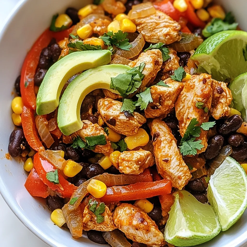 For the Baja Chicken Bell Pepper Skillet, gather these ingredients: - 1 lb boneless, skinless chicken breast, cut into bite-sized pieces - 2 medium bell peppers (red and green), sliced - 1 medium onion, chopped - 3 cloves garlic, minced - 1 teaspoon chili powder - 1 teaspoon cumin - 1 teaspoon smoked paprika - ½ teaspoon oregano - ½ teaspoon salt - ¼ teaspoon black pepper - 1 can (15 oz) black beans, drained and rinsed - 1 cup corn kernels (fresh or frozen) - 1 cup salsa (mild or spicy, according to preference) - 2 tablespoons olive oil - Fresh cilantro, chopped (for garnish) - Avocado slices (optional, for serving) - Lime wedges (for serving) If you don’t have some ingredients, here are good swaps: - Chicken: Try turkey or tofu for a different protein. - Bell Peppers: Use any color peppers you like. - Black Beans: Pinto beans or kidney beans work well too. - Salsa: Use diced tomatoes or a homemade mix. - Corn: Canned corn can replace fresh or frozen corn. This dish is not only tasty but also nutritious. Here’s a breakdown per serving: - Calories: ~350 - Protein: ~30g - Carbohydrates: ~40g - Fiber: ~10g - Fat: ~10g This meal gives you protein, fiber, and good fats. It’s balanced and filling, perfect for a quick dinner. {{ingredient_image_1}} First, gather all your ingredients. You will need chicken, bell peppers, onion, and garlic. Cut the chicken into small pieces. This helps it cook fast and evenly. Slice the bell peppers into thin strips. Chop the onion and mince the garlic. These steps make your dish full of flavor. In a large skillet, heat the olive oil over medium-high heat. When the oil is hot, add the chopped onion. Sauté for about 2-3 minutes until it turns clear. Next, add the minced garlic. Cook it for about one minute until it smells great. Now, add the chicken pieces. Sprinkle the chili powder, cumin, smoked paprika, oregano, salt, and black pepper on top. Stir it all. Cook for 6-7 minutes, stirring often, until the chicken is brown and fully cooked. Add the sliced bell peppers next. Cook for another 3-4 minutes, stirring until they soften. Then, mix in the black beans, corn, and salsa. Stir everything well. Let it all simmer for about 5 minutes. This helps all the flavors blend nicely. Don’t forget to taste it! Adjust the seasoning if you need to. Once done, take it off the heat. Garnish with fresh cilantro for a bright touch. Serve it in colorful bowls for a fun look. You can add avocado slices on top. A squeeze of lime juice adds a zesty kick. Enjoy your delicious Baja Chicken Bell Pepper Skillet! To cook chicken well, start with even pieces. Cut the chicken breast into bite-sized pieces. This helps the chicken cook evenly. Heat your skillet before adding oil. Use medium-high heat for a nice sear. Add the chicken to the oil and don't overcrowd the pan; this keeps it from steaming. Cook for 6-7 minutes until the chicken is golden and cooked through. Stir often to avoid burning. For Baja Chicken, I love using simple spices. Combine chili powder, cumin, smoked paprika, oregano, salt, and black pepper. This blend gives a fresh and warm taste. You can adjust the amounts based on your spice level. Feel free to add lime juice for brightness. If you like heat, toss in some cayenne pepper or jalapeños. Adding layers of flavor makes your dish pop. Start by sautéing onions and garlic for a strong base. Choose fresh ingredients like cilantro and lime to brighten the dish. Use homemade salsa if you can; it's often tastier than store-bought. Mix in some corn for sweetness and texture. Finally, serve with avocado slices to add creaminess. These simple tweaks make a big difference! Pro Tips Fresh Ingredients: Use fresh bell peppers and herbs for the best flavor and vibrant colors in your dish. Customize the Spice: Adjust the amount of chili powder and salsa based on your heat preference to make the dish milder or spicier. Meal Prep Friendly: This skillet can be made in advance and stored in the refrigerator for up to 3 days, making it perfect for meal prep. Serve with Sides: Pair the skillet with rice, quinoa, or tortillas to create a more filling meal. {{image_2}} You can easily make this dish vegetarian or vegan. Instead of chicken, use chickpeas or tofu. Both options add protein and texture. You can replace chicken broth with vegetable broth for extra flavor. Use your favorite spices, like chili powder and cumin, to keep the taste bold. This Baja Chicken Bell Pepper Skillet is mostly gluten-free. The main ingredients are naturally gluten-free. Just make sure your salsa and any beans do not have gluten. Always check labels when shopping. This way, you can enjoy a safe and tasty meal. You can control the heat level in this dish. For a milder version, use mild salsa. If you enjoy spice, opt for a hot salsa. You can also add fresh jalapeños or a pinch of cayenne pepper. Test it as you go to find your perfect balance. To keep your Baja Chicken Bell Pepper Skillet fresh, store it in an airtight container. Let it cool down before sealing. This step helps prevent moisture buildup. Place the container in the fridge. Your dish will last for 3 to 4 days. When ready to eat, reheat leftovers on the stove. Use medium heat for even warming. Stir often to avoid burning. You can add a splash of water or broth to keep it moist. If you use a microwave, heat in 30-second bursts. Stir in between to make sure it warms evenly. You can freeze this dish for longer storage. Use a freezer-safe bag or container. Make sure to remove as much air as possible. Label and date your container. It will keep well for up to 3 months. To reheat, thaw overnight in the fridge before warming it up on the stove or microwave. You can serve this dish with rice or tortillas. Both options soak up the flavors well. You might also add a side salad for freshness. Fresh avocado slices and lime wedges brighten the meal. This skillet will stay fresh for about three to four days in the fridge. Make sure to store it in an airtight container. When you're ready to eat, just reheat it gently on the stove. Yes, you can swap in other veggies. Zucchini, mushrooms, or even spinach work well. Just remember to adjust cooking times. You want your veggies tender but not mushy. Feel free to mix and match to suit your taste! This post covered the key ingredients and cooking steps for a tasty skillet dish. We discussed substitutions, nutrition, and cooking tips. You learned variations for dietary needs and how to store leftovers. Remember, cooking is all about experimenting and having fun in the kitchen. Try out these tips and make your skillet meal your own. Enjoy the flavors and share your results!
