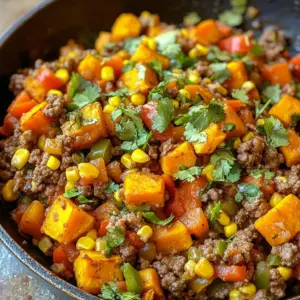 - 1 lb (450g) ground beef - 2 medium sweet potatoes, peeled and diced - 1 medium onion, finely chopped - 2 cloves garlic, minced - 1 bell pepper (red or yellow), diced - 1 cup corn kernels (fresh or frozen) - 1 teaspoon smoked paprika - 1 teaspoon cumin - ½ teaspoon chili powder - Salt and pepper to taste - 2 tablespoons olive oil - Fresh cilantro or parsley, for garnish These ingredients bring together a colorful mix of flavors. The ground beef gives a hearty base. Sweet potatoes add natural sweetness and nutrition. Onions and garlic provide a savory kick. Bell peppers add crunch and color. Corn brings sweetness and texture, while spices tie everything together. - 1 cup black beans (canned or cooked) - 1 cup diced zucchini or yellow squash - 1 teaspoon chili flakes for heat - ½ cup shredded cheese (cheddar or Monterey Jack) You can switch things up with these options. Black beans add protein and fiber. Zucchini or squash brings more veggies into the mix. Chili flakes can spice things up if you like heat. Cheese adds creaminess and richness. This dish is healthy and full of nutrients. Each serving offers: - Protein from beef for muscle health. - Fiber from sweet potatoes and corn for digestion. - Vitamins A and C from the bell pepper and sweet potatoes for skin health. - Healthy fats from olive oil to support heart health. Eating this meal means you get a balanced dinner. It’s tasty and good for you, making it a great choice for any night of the week. {{ingredient_image_1}} Start by gathering all your ingredients. You will need: - 1 lb ground beef - 2 medium sweet potatoes, peeled and diced - 1 medium onion, finely chopped - 2 cloves garlic, minced - 1 bell pepper, diced - 1 cup corn kernels - 1 teaspoon smoked paprika - 1 teaspoon cumin - ½ teaspoon chili powder - Salt and pepper to taste - 2 tablespoons olive oil - Fresh cilantro or parsley for garnish Make sure to wash the vegetables well. Dice everything into small, even pieces. This helps them cook evenly. Heat the olive oil in a large skillet over medium heat. Add the chopped onion. Sauté for 3-4 minutes until the onion is soft. Next, stir in the minced garlic and diced bell pepper. Cook this mix for another 2 minutes. You want it to smell great. Now, add the ground beef to the skillet. Use a spoon to break it apart. Cook until the beef is brown, which takes about 5-7 minutes. Season with salt, pepper, smoked paprika, cumin, and chili powder. Mix well. After the beef is brown, add the diced sweet potatoes and corn. Stir it all together. Cover the skillet with a lid and turn down the heat to medium-low. Let the sweet potatoes cook for 15-20 minutes. Stir occasionally. If the mix looks dry, add a splash of water. This will help steam the potatoes. When the sweet potatoes are tender, taste the dish. Adjust the seasoning if needed. Don’t forget to garnish with fresh cilantro or parsley before serving. You can serve this dish straight from the skillet for a cozy look. If you want a fancier touch, scoop servings onto individual plates. Add extra herbs on top for color. This dish works great for family dinners or casual get-togethers. Enjoy your flavorful meal! When picking sweet potatoes, look for firm ones. The skin should be smooth and free from wrinkles. Avoid any with soft spots or blemishes. Choose medium-sized sweet potatoes for even cooking. They will blend well with the beef and add great flavor. Start with a hot skillet. This helps the beef brown well. Use a wooden spoon to break it up as it cooks. Cook until it's no longer pink. This takes about 5 to 7 minutes. Don't rush it! Season the beef as it cooks. This allows the flavors to soak in. To boost flavor, add a dash of Worcestershire sauce while cooking the beef. This adds depth and richness. You can also sprinkle in some fresh herbs at the end. Cilantro or parsley adds brightness. For a bit of heat, add red pepper flakes. Just a pinch can make a big difference. Pro Tips Sweet Potato Selection: Choose firm, smooth sweet potatoes for the best texture and flavor. Avoid any with soft spots or blemishes. Ground Beef Variations: For a leaner option, use ground turkey or chicken instead of beef. Adjust seasonings to enhance the different flavors. One-Pan Cleanup: To make cleanup easier, line your skillet with parchment paper before cooking. This will help prevent sticking and make washing up a breeze. Flavor Boost: Add a splash of lime juice just before serving for a zesty kick that brightens the dish and enhances the overall flavors. {{image_2}} You can make a tasty vegetarian version of this dish. Instead of ground beef, use 1 can of black beans or lentils. Both options add protein and flavor. You can also add extra veggies like mushrooms or zucchini. These will keep the dish hearty and satisfying. If you need gluten-free options, all the ingredients in this recipe are naturally gluten-free. However, check your spices. Some can have hidden gluten. For a low-carb option, skip the sweet potatoes. Use cauliflower instead. It gives a nice texture and absorbs flavors well. To change the taste, try adding different spices. You can use Italian herbs for a fresh twist. Oregano and basil will brighten the dish. For a spicy kick, add diced jalapeños or a splash of hot sauce. If you want a sweeter note, mix in diced apples or a drizzle of honey. To store leftover Beef and Sweet Potato Skillet, let it cool first. Then, place it in an airtight container. This helps keep it fresh. You can store it in the fridge for up to three days. Make sure to label the container with the date. This way, you know when to eat it. Reheat your skillet in a pan over medium heat. Stir it often to heat evenly. You can also use a microwave. Place it in a microwave-safe bowl and cover it. Heat in short bursts, stopping to stir. This will keep the beef and sweet potatoes moist. If you want to freeze the skillet, use a freezer-safe container. Let it cool completely, then transfer it. Label the container with the date and name. You can freeze it for up to three months. When ready to eat, thaw it in the fridge overnight before reheating. Yes, you can use different meats. Ground turkey or chicken works well. You can also use diced beef or pork. Adjust cooking time as needed to ensure meat is fully cooked. Each meat gives a unique taste. Feel free to try what you like! If your sweet potatoes are not cooking fast, try these tips. First, make sure you cut them into small, even pieces. Smaller cubes cook faster. If they still need more time, add a splash of water to the skillet. This creates steam, helping them cook quicker. Keep the lid on to trap steam. Stir occasionally to ensure even cooking. Yes, you can prepare this dish ahead of time. Cook it as directed and let it cool. Then, store it in an airtight container in the fridge. It stays fresh for up to three days. When ready to eat, reheat it in a skillet on low heat. Add a splash of water if it seems dry. Enjoy your meal without the last-minute rush! This article covered the key ingredients and step-by-step instructions for your dish. We explored cooking tips, variations, and storage methods to help you succeed. Understanding these details makes cooking easier and more fun. You can mix and match ingredients to fit any diet. Try different flavors and see what you love best. With thoughtful prep and smart choices, your meal will shine. Enjoy the process and the tasty results!