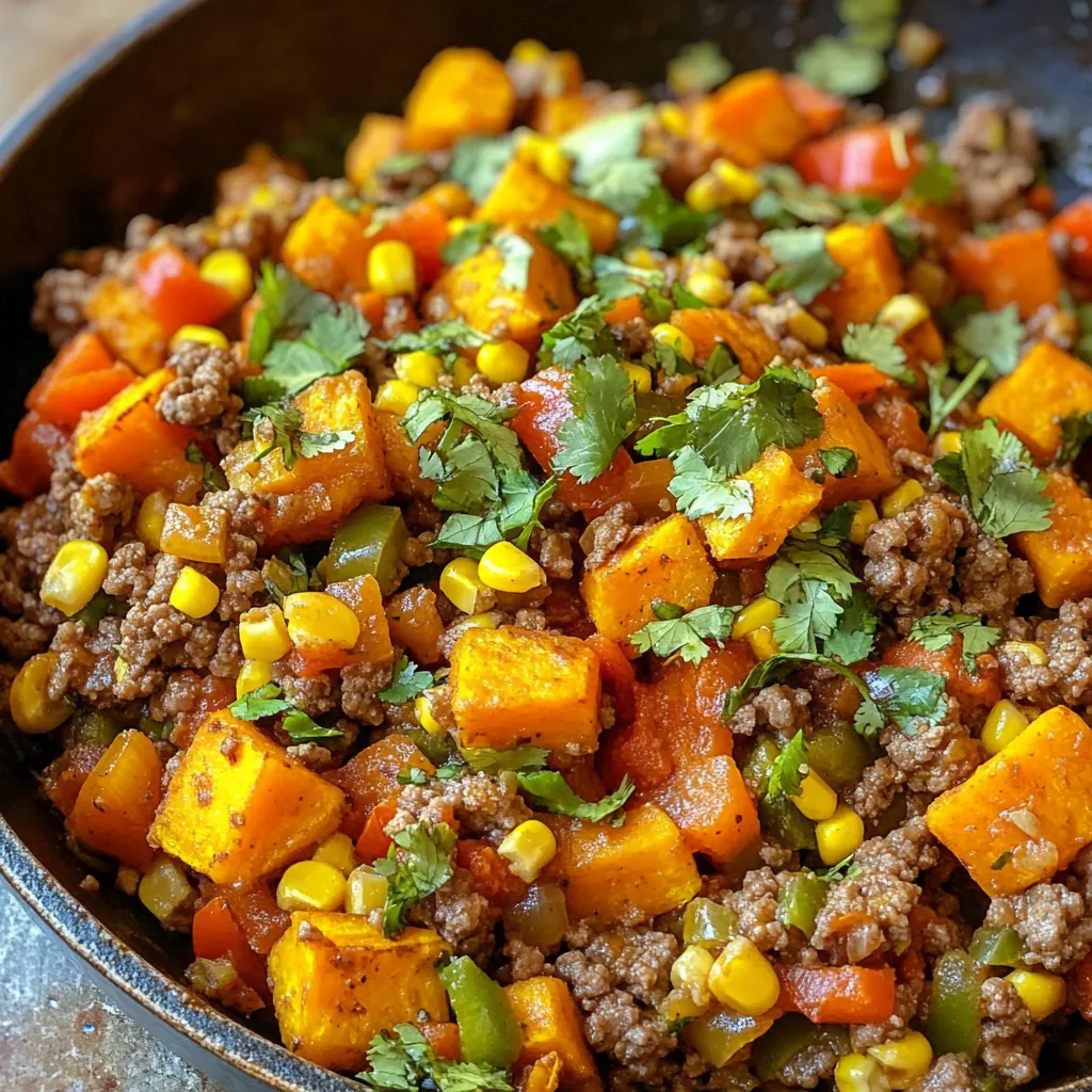- 1 lb (450g) ground beef - 2 medium sweet potatoes, peeled and diced - 1 medium onion, finely chopped - 2 cloves garlic, minced - 1 bell pepper (red or yellow), diced - 1 cup corn kernels (fresh or frozen) - 1 teaspoon smoked paprika - 1 teaspoon cumin - ½ teaspoon chili powder - Salt and pepper to taste - 2 tablespoons olive oil - Fresh cilantro or parsley, for garnish These ingredients bring together a colorful mix of flavors. The ground beef gives a hearty base. Sweet potatoes add natural sweetness and nutrition. Onions and garlic provide a savory kick. Bell peppers add crunch and color. Corn brings sweetness and texture, while spices tie everything together. - 1 cup black beans (canned or cooked) - 1 cup diced zucchini or yellow squash - 1 teaspoon chili flakes for heat - ½ cup shredded cheese (cheddar or Monterey Jack) You can switch things up with these options. Black beans add protein and fiber. Zucchini or squash brings more veggies into the mix. Chili flakes can spice things up if you like heat. Cheese adds creaminess and richness. This dish is healthy and full of nutrients. Each serving offers: - Protein from beef for muscle health. - Fiber from sweet potatoes and corn for digestion. - Vitamins A and C from the bell pepper and sweet potatoes for skin health. - Healthy fats from olive oil to support heart health. Eating this meal means you get a balanced dinner. It’s tasty and good for you, making it a great choice for any night of the week. {{ingredient_image_1}} Start by gathering all your ingredients. You will need: - 1 lb ground beef - 2 medium sweet potatoes, peeled and diced - 1 medium onion, finely chopped - 2 cloves garlic, minced - 1 bell pepper, diced - 1 cup corn kernels - 1 teaspoon smoked paprika - 1 teaspoon cumin - ½ teaspoon chili powder - Salt and pepper to taste - 2 tablespoons olive oil - Fresh cilantro or parsley for garnish Make sure to wash the vegetables well. Dice everything into small, even pieces. This helps them cook evenly. Heat the olive oil in a large skillet over medium heat. Add the chopped onion. Sauté for 3-4 minutes until the onion is soft. Next, stir in the minced garlic and diced bell pepper. Cook this mix for another 2 minutes. You want it to smell great. Now, add the ground beef to the skillet. Use a spoon to break it apart. Cook until the beef is brown, which takes about 5-7 minutes. Season with salt, pepper, smoked paprika, cumin, and chili powder. Mix well. After the beef is brown, add the diced sweet potatoes and corn. Stir it all together. Cover the skillet with a lid and turn down the heat to medium-low. Let the sweet potatoes cook for 15-20 minutes. Stir occasionally. If the mix looks dry, add a splash of water. This will help steam the potatoes. When the sweet potatoes are tender, taste the dish. Adjust the seasoning if needed. Don’t forget to garnish with fresh cilantro or parsley before serving. You can serve this dish straight from the skillet for a cozy look. If you want a fancier touch, scoop servings onto individual plates. Add extra herbs on top for color. This dish works great for family dinners or casual get-togethers. Enjoy your flavorful meal! When picking sweet potatoes, look for firm ones. The skin should be smooth and free from wrinkles. Avoid any with soft spots or blemishes. Choose medium-sized sweet potatoes for even cooking. They will blend well with the beef and add great flavor. Start with a hot skillet. This helps the beef brown well. Use a wooden spoon to break it up as it cooks. Cook until it's no longer pink. This takes about 5 to 7 minutes. Don't rush it! Season the beef as it cooks. This allows the flavors to soak in. To boost flavor, add a dash of Worcestershire sauce while cooking the beef. This adds depth and richness. You can also sprinkle in some fresh herbs at the end. Cilantro or parsley adds brightness. For a bit of heat, add red pepper flakes. Just a pinch can make a big difference. Pro Tips Sweet Potato Selection: Choose firm, smooth sweet potatoes for the best texture and flavor. Avoid any with soft spots or blemishes. Ground Beef Variations: For a leaner option, use ground turkey or chicken instead of beef. Adjust seasonings to enhance the different flavors. One-Pan Cleanup: To make cleanup easier, line your skillet with parchment paper before cooking. This will help prevent sticking and make washing up a breeze. Flavor Boost: Add a splash of lime juice just before serving for a zesty kick that brightens the dish and enhances the overall flavors. {{image_2}} You can make a tasty vegetarian version of this dish. Instead of ground beef, use 1 can of black beans or lentils. Both options add protein and flavor. You can also add extra veggies like mushrooms or zucchini. These will keep the dish hearty and satisfying. If you need gluten-free options, all the ingredients in this recipe are naturally gluten-free. However, check your spices. Some can have hidden gluten. For a low-carb option, skip the sweet potatoes. Use cauliflower instead. It gives a nice texture and absorbs flavors well. To change the taste, try adding different spices. You can use Italian herbs for a fresh twist. Oregano and basil will brighten the dish. For a spicy kick, add diced jalapeños or a splash of hot sauce. If you want a sweeter note, mix in diced apples or a drizzle of honey. To store leftover Beef and Sweet Potato Skillet, let it cool first. Then, place it in an airtight container. This helps keep it fresh. You can store it in the fridge for up to three days. Make sure to label the container with the date. This way, you know when to eat it. Reheat your skillet in a pan over medium heat. Stir it often to heat evenly. You can also use a microwave. Place it in a microwave-safe bowl and cover it. Heat in short bursts, stopping to stir. This will keep the beef and sweet potatoes moist. If you want to freeze the skillet, use a freezer-safe container. Let it cool completely, then transfer it. Label the container with the date and name. You can freeze it for up to three months. When ready to eat, thaw it in the fridge overnight before reheating. Yes, you can use different meats. Ground turkey or chicken works well. You can also use diced beef or pork. Adjust cooking time as needed to ensure meat is fully cooked. Each meat gives a unique taste. Feel free to try what you like! If your sweet potatoes are not cooking fast, try these tips. First, make sure you cut them into small, even pieces. Smaller cubes cook faster. If they still need more time, add a splash of water to the skillet. This creates steam, helping them cook quicker. Keep the lid on to trap steam. Stir occasionally to ensure even cooking. Yes, you can prepare this dish ahead of time. Cook it as directed and let it cool. Then, store it in an airtight container in the fridge. It stays fresh for up to three days. When ready to eat, reheat it in a skillet on low heat. Add a splash of water if it seems dry. Enjoy your meal without the last-minute rush! This article covered the key ingredients and step-by-step instructions for your dish. We explored cooking tips, variations, and storage methods to help you succeed. Understanding these details makes cooking easier and more fun. You can mix and match ingredients to fit any diet. Try different flavors and see what you love best. With thoughtful prep and smart choices, your meal will shine. Enjoy the process and the tasty results!