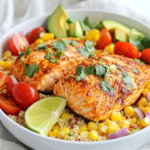 To make a delicious Chili Lime Salmon Bowl, gather these ingredients: - 2 salmon fillets (6 oz each) - 1 tablespoon chili powder - 1 teaspoon garlic powder - 1 teaspoon smoked paprika - Juice of 2 limes - 2 tablespoons olive oil - Salt and pepper to taste - 1 cup quinoa (cooked) - 1 cup cherry tomatoes (halved) - 1 avocado (sliced) - ½ cup corn kernels (fresh or frozen) - 1 small red onion (finely chopped) - Fresh cilantro (for garnish) Each ingredient brings unique flavors and nutrients. Salmon is rich in omega-3 fatty acids, which are great for heart health. Quinoa serves as a protein-packed base. The lime juice adds a bright zing that balances the spices. Fresh vegetables boost the nutrition and add color to your bowl. This meal is not only tasty but also good for you! {{ingredient_image_1}} - Preheat the oven to 400°F (200°C). - In a small bowl, mix 1 tablespoon of chili powder, 1 teaspoon of garlic powder, and 1 teaspoon of smoked paprika. - Squeeze the juice of 2 limes into the bowl. Add 2 tablespoons of olive oil, salt, and pepper. - Stir the mixture well. - Coat the salmon fillets with this spice mix. - Place the seasoned salmon on a baking sheet lined with parchment paper. - Bake for 12 to 15 minutes. - Check if the salmon flakes easily with a fork to know it is done. - Rinse 1 cup of quinoa under cold water to remove any bitterness. - Cook the quinoa according to the package instructions. - Once it’s done, fluff the quinoa with a fork and set it aside. - Start with a base of quinoa in serving bowls. - Arrange half a cup of cherry tomatoes, corn kernels, and the finely chopped red onion around the quinoa. - Add slices of avocado to the mix for a creamy touch. - Place the baked salmon fillets on top of the ingredients in each bowl. - Sprinkle fresh cilantro over the bowls for a burst of flavor. - Drizzle with extra lime juice for added zest. - Serve with lime wedges on the side. Use colorful bowls to make it visually appealing. For the best taste, choose wild-caught salmon. It has a richer flavor. You can also use farmed salmon, but it may not taste as good. Fresh salmon is often best, but frozen can work well too. Just make sure to thaw it properly. Look for bright, shiny skin and a fresh smell. Adjust the spice levels to suit your taste. If you like it spicy, add more chili powder. You can also use lime zest for extra flavor. Want something sweet? Try a bit of honey in the marinade. Feel free to add garlic or ginger for a twist. Baking salmon is easy and keeps it moist. Preheat your oven to 400°F (200°C) for the best results. If you prefer grilling, make sure to oil the grill well. This helps prevent sticking. For perfect flake, cook the salmon until it is just opaque. Use a fork to test if it flakes easily. Enjoy the delicious flavors that come from your efforts! Pro Tips Marinating Time: Allow the salmon to marinate for at least 30 minutes before baking to enhance the flavors. Quinoa Rinsing: Always rinse quinoa before cooking to remove its natural coating, which can make it taste bitter. Fresh Ingredients: Use fresh lime juice for the best flavor; bottled lime juice can have a different taste profile. Cooked Salmon Storage: Leftover salmon can be stored in the fridge for up to 2 days; add it to salads for a quick meal! {{image_2}} You can switch up the base for your chili lime salmon bowls. Instead of quinoa, try brown rice. Brown rice adds a nutty flavor and more fiber. Cauliflower rice is another great option. It’s low in carbs and adds a fresh crunch. If you stick with quinoa, you can flavor it in different ways. Add lime zest for extra zing. You can also mix in some chopped herbs like cilantro or parsley. This adds a burst of freshness. Toppings can really change your bowl. Add some nuts or seeds for crunch. Toasted pumpkin seeds or chopped almonds work well. They add texture and healthy fats. You can also add seasonal vegetables. Grilled zucchini or bell peppers are great in summer. In winter, try roasted Brussels sprouts or carrots. These veggies bring color and flavor to your meal. Dressings can enhance the flavor of your bowl. A simple lime vinaigrette is easy to make. Just whisk lime juice, olive oil, salt, and pepper together. It brightens up all the ingredients. You can also use homemade dressings. A yogurt-based dressing adds creaminess. Store-bought options are fine too, but check the labels. Choose dressings with fewer additives for a healthier choice. To keep your chili lime salmon bowls fresh, use airtight containers. Separate the salmon, quinoa, and veggies to prevent sogginess. Store in the fridge for up to three days. If you need to keep them longer, freeze them for up to three months. Just remember, freezing may change the texture of the salmon. When you’re ready to enjoy leftovers, reheat the salmon and quinoa gently. Use the oven set to 350°F (175°C) for the best results. Place the salmon on a baking sheet and warm for about 10 minutes. For the quinoa, heat it in a pan with a splash of water, stirring until warm. This keeps it fluffy. Avoid the microwave if you can, as it can dry out the salmon. You can use brown rice, farro, or couscous. Each option has a unique taste and texture. If you want a low-carb choice, try cauliflower rice. It cooks fast and is light. Cooked salmon lasts about three to four days in the fridge. Make sure to store it in an airtight container. If it smells or looks off, it’s best to toss it. Yes, you can prepare the salmon and quinoa ahead of time. Cook them and store separately. Assemble the bowls just before serving for the best taste and freshness. Many sauces match this dish. Try a creamy avocado sauce for richness. A mango salsa adds sweetness and zest. You can also use a yogurt sauce to bring a cool touch. Yes, this recipe is gluten-free. All the ingredients, including the spices and quinoa, are safe for a gluten-free diet. Enjoy your meal without worry! In this post, I covered a tasty chili lime salmon bowl recipe. We explored the key ingredients, preparation, and cooking steps. I provided tips on selecting the right salmon and perfecting the seasoning. You also learned about storage and reheating options. Cooking can be fun and easy with simple recipes like this one. Enjoy your salmon bowl and get creative with variations. Your kitchen can be a place of joy and good food!