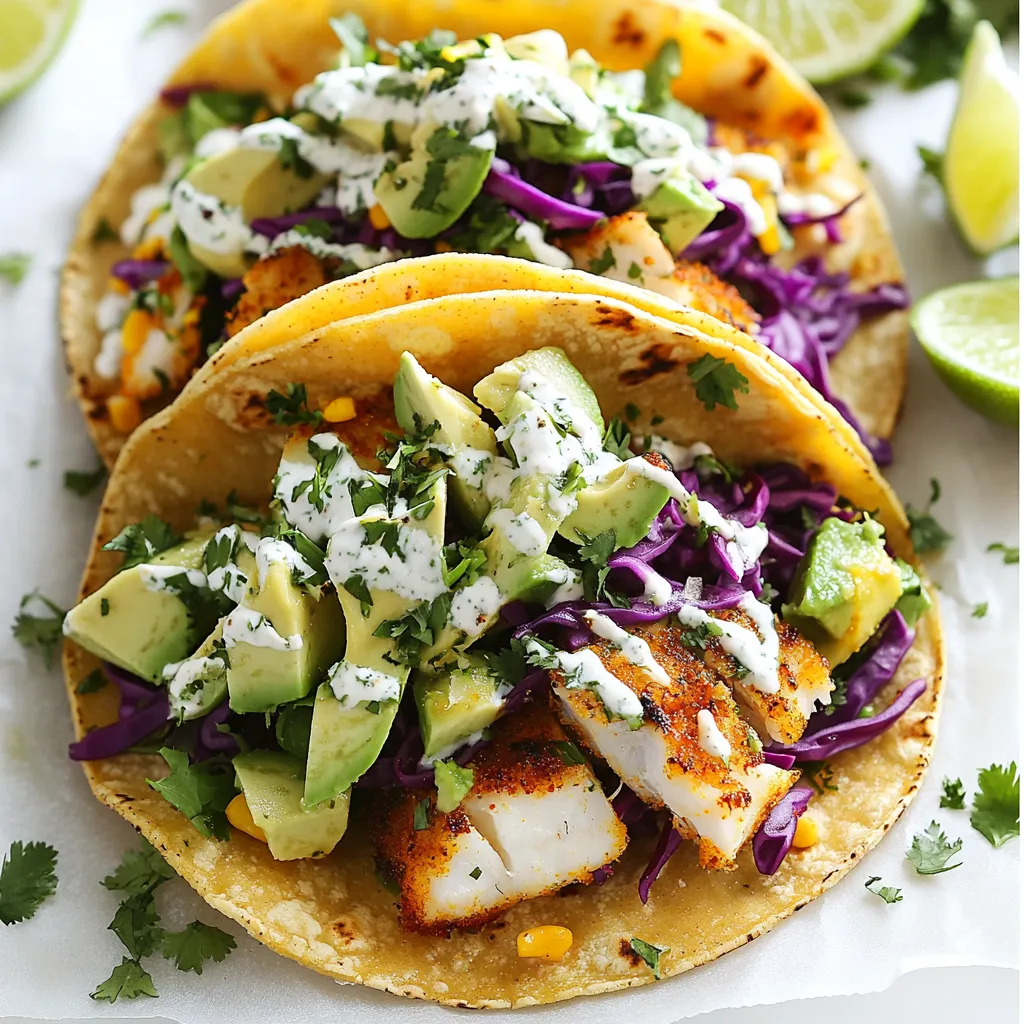 For tasty fish tacos, you will need: - 1 lb white fish fillets (like cod or tilapia) - 1 teaspoon cumin - 1 teaspoon paprika - 1 teaspoon garlic powder - 1 teaspoon salt - 1/2 teaspoon black pepper - 2 tablespoons olive oil - 8 small corn tortillas - 1 cup red cabbage, shredded - 1/2 cup fresh cilantro, chopped - 1 avocado, sliced - 1 lime, cut into wedges These ingredients make up the backbone of your fish tacos. The fish provides protein, while the spices give it flavor. The corn tortillas hold everything together nicely. To make the creamy sauce, gather these: - 1/2 cup sour cream - 2 tablespoons mayonnaise - 1 tablespoon lime juice - Zest of 1 lime - Salt to taste The lime crema adds a fresh, zesty kick. The sour cream and mayonnaise give it a creamy texture. You can adjust the salt to suit your taste. You can enhance your fish tacos with these extras: - Sliced jalapeños for heat - Chopped green onions for crunch - Fresh radishes for a peppery bite - Cotija cheese for richness These toppings add different flavors and textures. Feel free to mix and match based on what you like. They make your tacos even more exciting! {{ingredient_image_1}} To make the lime crema, grab a small bowl. Mix together 1/2 cup sour cream and 2 tablespoons mayonnaise. Then, add 1 tablespoon of lime juice and the zest of 1 lime. Finally, sprinkle in a pinch of salt. Stir well and set your crema in the fridge to chill. This cool sauce adds a creamy touch to your tacos. Next, let’s season the fish. In a bowl, combine 1 teaspoon cumin, 1 teaspoon paprika, 1 teaspoon garlic powder, 1 teaspoon salt, and 1/2 teaspoon black pepper. Rub this spice mix all over the fish fillets. I like to use cod or tilapia for their mild taste. The spices give the fish great flavor. Now it's time to cook the fish. Heat 2 tablespoons of olive oil in a skillet over medium heat. Once hot, add the seasoned fish fillets. Cook each side for about 3 to 4 minutes. The fish is done when it flakes easily with a fork. After cooking, let it rest for a minute. Then, flake it into bite-sized pieces. This makes it easy to fill your tacos. While the fish cools, warm your corn tortillas. Use a separate skillet and heat them over medium heat. Warm each tortilla for about 30 seconds on each side. They should be soft and pliable. This step is key for easy rolling and folding. Let’s build the tacos! Take a warm tortilla and add some flaked fish. Next, layer on shredded red cabbage, sliced avocado, and fresh cilantro. Drizzle the chilled lime crema over the top. Each bite bursts with flavor and texture. Serve your fish tacos with lime wedges on the side. A squeeze of lime adds a bright, fresh taste. You can also add hot sauce if you like some heat. Enjoy these tasty tacos with friends or family for a fun meal. To get the best taste and texture, follow these tips: - Use fresh fish. Fresh fish gives great flavor and texture. Look for fish that smells clean, not fishy. - Don’t overcook the fish. Cook it until it flakes easily. Overcooked fish can become dry. Aim for 3-4 minutes per side. - Warm your tortillas. This makes them soft and easy to fold. Warm them for about 30 seconds on each side. When picking fish for tacos, consider these points: - Pick flaky white fish. Cod and tilapia are great choices. They have a mild taste and cook well. - Check for sustainability. Look for fish labeled as sustainable. This helps protect our oceans. - Avoid fish with strong flavors. Fish like salmon may overpower the other taco flavors. Here are some mistakes to watch out for: - Skipping the seasoning. Always season the fish well. It adds depth to the dish. - Filling the tacos too much. Use a light hand with fillings. Overstuffed tacos can break. - Serving without lime. Always add lime wedges. They enhance the flavor and freshness of the tacos. Pro Tips Use Fresh Fish: Always opt for the freshest fish available for the best flavor and texture. It makes a significant difference in your tacos! Customize Your Spice Blend: Feel free to add other spices like chili powder or cayenne for extra heat or flavor. Tailor the seasoning to your taste preference! Rest the Fish: Allow the cooked fish to rest for a minute after cooking. This helps retain moisture and makes it easier to flake. Warm Tortillas Properly: Warming the tortillas makes them more pliable and less likely to crack. Consider wrapping them in a clean kitchen towel after warming to keep them warm. {{image_2}} You can switch the fish in this recipe. Try salmon or mahi-mahi for a richer taste. These fish add a new twist while still being delicious. You can also use shrimp if you want a different texture. Just season and cook them the same way as the white fish. For a veggie option, use grilled portobello mushrooms. They have a nice meaty texture. You can also choose jackfruit, which mimics fish when cooked. If you want a protein boost, try chickpeas. Simply season and roast them for added flavor. Lime crema is tasty, but you can try other sauces. A spicy chipotle sauce gives a nice kick. If you prefer something creamy, try avocado sauce. For a fresh taste, a mango salsa works great too. Mix and match to find your favorite flavor combo! Storing leftover fish tacos is simple. First, keep the fish and toppings separate from the tortillas. Place the fish in an airtight container. If you have extra lime crema, store that in another container. This method keeps everything fresh and tasty. To keep your ingredients fresh, follow these tips: - Fish: Store in the coldest part of your fridge. Use within two days. - Tortillas: Wrap them in a clean towel. Store in a sealed plastic bag. - Veggies: Keep shredded cabbage and chopped cilantro in airtight containers. - Lime Crema: This can last about three days in the fridge. To reheat your fish, use a skillet over medium heat. Heat for about 2-3 minutes until warm. Avoid using the microwave, as it can make the fish rubbery. For tortillas, warm them in a dry skillet for 30 seconds on each side. This keeps them soft and pliable. Enjoy your delicious tacos again! Yes, you can use many types of fish. Some great options are salmon, mahi-mahi, or even shrimp. Each fish brings a unique flavor. Just ensure it's fresh and flaky for the best taste. Try to adjust cooking times based on the thickness of the fish. To spice up the Lime Crema, add a pinch of cayenne pepper or chopped jalapeños. You can also mix in some hot sauce for an extra kick. Start with a small amount, then taste and adjust. This way, you can control the heat level to suit your preference. The best toppings for fish tacos include: - Shredded red cabbage for crunch - Sliced avocado for creaminess - Fresh cilantro for a burst of flavor - Diced tomatoes for freshness - Pickled onions for a tangy kick Feel free to mix and match based on your taste! To make this recipe gluten-free, use corn tortillas instead of flour tortillas. They are naturally gluten-free and perfect for holding the fish. Always check that the other ingredients, like sour cream and mayonnaise, are gluten-free as well. This way, everyone can enjoy delicious fish tacos! Fish tacos are delicious and fun to make. We covered key ingredients, like fish and lime crema. I shared tips on cooking, warming tortillas, and assembling the tacos. Explore variations with different fish or vegetarian options. Don’t forget to store any leftovers properly. By following these steps, you can enjoy great tacos at home. Experiment with flavors and toppings to make it unique. Use this guide to create your own tasty fish tacos. Enjoy your cooking journey!
