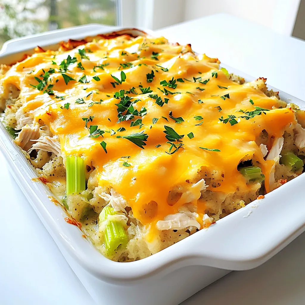 To make Dolly's Chicken and Stuffing Casserole, gather these ingredients: - 2 cups cooked chicken, shredded - 1 cup celery, diced - 1 cup onion, finely chopped - 1 teaspoon garlic powder - 1 can (10.5 oz) cream of chicken soup - 1 cup chicken broth - 2 cups stuffing mix - 1 teaspoon dried thyme - 1 teaspoon salt - ½ teaspoon black pepper - 1 cup shredded cheddar cheese - 2 tablespoons fresh parsley, chopped (for garnish) If you need to swap out some ingredients, here are some ideas: - Chicken: Use turkey for a different flavor. - Celery: Leeks can work well if you want a sweeter taste. - Onion: Scallions add a mild onion flavor. - Cream of Chicken Soup: Substitute with cream of mushroom soup for a richer taste. - Chicken Broth: Vegetable broth is a great option for a lighter broth. - Stuffing Mix: Homemade stuffing adds freshness and flavor. - Cheese: Try mozzarella or pepper jack for a twist. - Thyme: Oregano or rosemary can bring a new taste to the dish. Dolly's Chicken and Stuffing Casserole serves six. Each serving has: - Calories: 380 - Protein: 25g - Carbohydrates: 30g - Fat: 18g - Fiber: 2g - Sodium: 650mg This dish packs great flavor while being a comfort food that fills you up. 1. Start by preheating your oven to 350°F (175°C). This sets the stage for a great bake. 2. In a large bowl, combine 2 cups of shredded chicken, 1 cup of diced celery, and 1 cup of finely chopped onion. Mix these well. 3. Add 1 teaspoon of garlic powder, 1 can of cream of chicken soup, and 1 cup of chicken broth to the bowl. Stir until everything blends nicely. 4. Now, fold in 2 cups of stuffing mix, 1 teaspoon of dried thyme, 1 teaspoon of salt, and ½ teaspoon of black pepper. Make sure all pieces are coated well. 5. Pour this chicken and stuffing mixture into a greased 9x13-inch baking dish. Spread it out evenly across the dish. 6. Sprinkle 1 cup of shredded cheddar cheese on top of your mixture. This cheese will add flavor and a nice crust. 7. Cover the dish with aluminum foil and place it in the oven. Bake for 30 minutes. 8. After 30 minutes, carefully remove the foil. Bake for another 15 to 20 minutes. Watch for the cheese to become bubbly and golden brown. 9. Once it’s done, carefully take the dish out of the oven. Let it cool for about 5 minutes. This helps set the layers. 10. Before serving, garnish with 2 tablespoons of chopped fresh parsley for a pop of color. - Always make sure your chicken is fully cooked before shredding. This helps with flavor. - Use fresh ingredients when possible. Fresh celery and onion add great taste. - Letting the casserole cool for a few minutes before serving helps keep it together when you scoop it. - Feel free to adjust the seasoning. If you love herbs, add more thyme or even rosemary. - Keep an eye on the cheese as it bakes. You want it golden but not burnt. By following these steps, you will create a comforting dish that is sure to please! A few mistakes can ruin your casserole. First, do not skip the garlic powder. It adds great flavor. Second, make sure to mix well. This helps all the ingredients blend together. Lastly, don’t overcook. Keep an eye on the cheese to avoid burning. You can make this dish ahead of time. Prepare everything as the recipe shows. Then, cover it with foil and freeze it. When you’re ready to bake, just thaw it overnight in the fridge. Bake as you normally would for a warm meal. Dolly’s Chicken and Stuffing Casserole goes well with many sides. Try serving it with green beans or a fresh salad. You can also add some cranberry sauce for a sweet touch. For drinks, lemonade or iced tea pairs nicely. {{image_2}} You can change things up in Dolly’s Chicken and Stuffing Casserole. For a twist, use rotisserie chicken. It adds a nice flavor. You could also swap chicken broth for vegetable broth. This gives a different taste and keeps it light. If you want more crunch, add sliced mushrooms or bell peppers. These add a fresh bite to each forkful. To make a vegetarian version, simply replace chicken with cooked lentils or chickpeas. They provide protein and texture. Use vegetable broth and a vegan cream of soup. You can find these at most stores. For a vegan stuffing, look for brands that don't use animal products. A mix of wild rice and veggies can work well, too. This way, everyone can enjoy the dish without meat! If you're aiming for gluten-free, swap regular stuffing mix for gluten-free bread crumbs or a gluten-free stuffing mix. Make sure the cream of chicken soup is gluten-free, too. You can easily find options at the store. For a homemade touch, blend cooked cauliflower with herbs and spices. This will give you a creamy base, all while keeping it gluten-free. These changes let you enjoy the casserole while sticking to your dietary needs. To store leftovers, let the casserole cool completely. Then, transfer it to an airtight container. You can also keep it in the baking dish. Just cover it tightly with plastic wrap or foil. This helps keep it fresh. Store it in the fridge for up to three days. When you are ready to eat, preheat your oven to 350°F (175°C). Bake the casserole in the oven for about 20 minutes. If you want, you can microwave individual portions. Heat them for about 2-3 minutes. Check that it's hot throughout before eating. To keep your casserole fresh, always store it in an airtight container. This prevents the casserole from drying out. Make sure to consume leftovers within three days for the best taste. If you plan to keep it longer, consider freezing it. Wrap it well in plastic wrap and then foil before freezing. It can last up to three months in the freezer. The best type of chicken for this casserole is cooked chicken. You can use rotisserie chicken, leftover chicken, or poached chicken. Rotisserie chicken adds great flavor and saves time. Make sure to shred the chicken into bite-sized pieces for even mixing. Yes, you can use homemade stuffing. Fresh stuffing adds a personal touch and unique flavor. Just make sure your homemade stuffing is moist but not too soggy. Adjust the seasonings to match the flavors in the casserole, like thyme or garlic. This casserole lasts about 3 to 4 days in the fridge. Store it in an airtight container to keep it fresh. If you want to keep it longer, consider freezing it. Just make sure to thaw and reheat it properly before serving. This blog post covered essential tips for making a delicious casserole. We discussed ingredients, preparation steps, and baking tips for success. I shared common mistakes to avoid and helpful storage information. You learned about variations to suit different tastes, including vegetarian and gluten-free options. With these insights, you can cook a tasty casserole that fits your needs. Don't forget to try different ingredients and enjoy the process. Happy cooking!