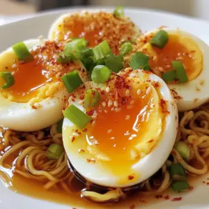 - 4 large eggs - 1/4 cup soy sauce - 2 tablespoons rice vinegar - 1 tablespoon sriracha sauce - 2 cloves garlic, minced - 1 teaspoon sesame oil - 1 green onion, finely chopped (for garnish) - Red pepper flakes (to taste) You can swap soy sauce with tamari for a gluten-free option. If you want less heat, use mild chili sauce instead of sriracha. For a tangy twist, try apple cider vinegar in place of rice vinegar. If you lack sesame oil, olive oil can work, but the flavor will change. - Small saucepan for boiling eggs - Bowl for ice bath - Mixing bowl for marinade - Plastic wrap for covering the eggs - Sharp knife for cutting the eggs - Serving plate to present your eggs This setup will make your cooking process smooth and simple. The right tools help you focus on flavor and fun. Enjoy your cooking! {{ingredient_image_1}} First, get a small saucepan. Place 4 large eggs in it. Cover the eggs with cold water. Turn the heat to medium and bring the water to a boil. Once it boils, cover the pan and turn off the heat. Let the eggs sit for 6-7 minutes. This time gives you soft-boiled eggs. While the eggs cook, you can prepare the marinade. In a bowl, mix together 1/4 cup soy sauce, 2 tablespoons rice vinegar, and 1 tablespoon sriracha sauce. Add 2 cloves of minced garlic and 1 teaspoon sesame oil to the bowl. Stir everything until it blends well. This marinade gives the eggs a spicy kick. When the eggs are done, transfer them to a bowl of ice water. This stops the cooking. Let them sit for about 5 minutes. After that, tap each egg gently on the countertop. Roll it lightly to crack the shell. Peel the eggs under running water to help remove the shell easily. Now, place the peeled eggs in a shallow dish. Pour the marinade over the eggs, making sure they are fully coated. Cover the dish with plastic wrap. Let the eggs marinate in the fridge for at least 30 minutes. For a deeper flavor, you can leave them for up to 4 hours. To serve, take the marinated eggs out of the dish. Cut each egg in half. Place the halves on a serving plate. Sprinkle chopped green onions on top and add red pepper flakes to taste. This adds heat and makes the dish beautiful. Enjoy your spicy garlic ramen eggs! To get the perfect soft-boiled egg, start with cold water. Place the eggs in a small pot and cover them with water. Heat the pot on medium until it boils. When it starts boiling, turn off the heat and cover the pot. Let the eggs sit for 6-7 minutes. This timing gives you a creamy yolk without being runny. You can test a few times to find your ideal time. Remember, the cooking time changes based on the egg size. Larger eggs may need a bit more time. Want to kick up the flavor? Try adding different spices or sauces. You can add more sriracha for heat or even a dash of hoisin sauce for sweetness. If you like garlic, use more minced garlic in the marinade. Some people enjoy adding a splash of lime juice for a zesty touch. Green onions are great for garnish, but you can also try sesame seeds or chopped cilantro. Make your spicy garlic ramen eggs look as good as they taste. After marinating, cut each egg in half. Place them on a nice plate. Sprinkle chopped green onions and red pepper flakes on top. For extra flair, you can serve them on a bed of greens or alongside ramen noodles. A drizzle of sesame oil can add a beautiful shine. Serve with chopsticks for an authentic touch! Pro Tips Perfect Egg Timing: For the best soft-boiled eggs, it’s crucial to stop the cooking process promptly. Use an ice bath immediately after boiling to lock in the perfect texture. Marination Time: Allowing the eggs to marinate for longer enhances the flavor. If you can, let them sit for up to 4 hours or even overnight for a richer taste. Customize the Heat: Adjust the amount of sriracha and red pepper flakes to your taste. If you prefer milder flavors, reduce the sriracha or use sweet chili sauce instead. Garnish with Freshness: Adding fresh herbs like cilantro or basil along with green onions can elevate the dish. Experiment with different garnishes for a unique twist. {{image_2}} You can change the heat in your ramen eggs. Want it hotter? Add more sriracha or red pepper flakes. You can also try chili oil for a different kick. If you prefer less heat, reduce the sriracha. You can also skip the red pepper flakes. This way, everyone can enjoy the eggs just how they like. Mix things up with other marinades. You can use teriyaki sauce instead of soy sauce. This adds a sweet twist. For a tangy flavor, try adding lime juice or apple cider vinegar. You can also add ginger to the marinade for a fresh taste. Experimenting with different flavors keeps it fun and tasty. Garnishes add color and flavor. Besides green onions, try sesame seeds for crunch. You can also use cilantro or parsley for a fresh touch. If you like a bit of sweetness, thinly slice radishes. These little changes can brighten up your dish and make it even more delightful. To store leftover ramen eggs, place them in an airtight container. Pour any leftover marinade over the eggs. This helps keep them moist and flavorful. Store the container in the fridge. Make sure to enjoy them within a few days for the best taste. You can freeze ramen eggs, but the texture may change. To freeze, place the eggs in a freezer-safe bag or container. Remove as much air as possible. When ready to use, thaw them in the fridge overnight. Avoid using a microwave, as this can make the eggs tough. Ramen eggs last about 3 to 4 days in the fridge. For best results, eat them within this time. Always check for any off smells before eating. If you notice anything unusual, it’s best to discard them. Storing them in their marinade helps keep them fresh longer. To peel soft-boiled eggs, start by tapping them gently on a hard surface. Roll the egg to crack the shell all around. Then, peel the shell off while running it under cool water. The water helps separate the shell from the egg, making it easier to remove. Yes, you can use this marinade for chicken, tofu, or fish. Just make sure to adjust the marinating time based on the protein you choose. For chicken, marinate for about 1-2 hours. For tofu, a shorter time of 30 minutes works well. This marinade adds great flavor! Marinated eggs can be stored in the fridge for up to 4 days. Keep them in an airtight container to maintain freshness. The longer they sit, the more flavor they absorb from the marinade, which is fantastic! Absolutely! To lower the spice level, reduce or skip the sriracha and red pepper flakes. You can still enjoy the garlic and soy sauce flavors without the heat. Experiment until you find the right balance for your taste buds! Now you know how to make perfect ramen eggs. We covered ingredients, substitutions, and tools you need. You learned step-by-step instructions and gained tips for the best eggs. You saw variations to try on flavors and garnishes. I also shared storage tips and answered common questions. With this guide, you can impress anyone with your cooking skills. Try making these tasty eggs today. Enjoy every bite!
