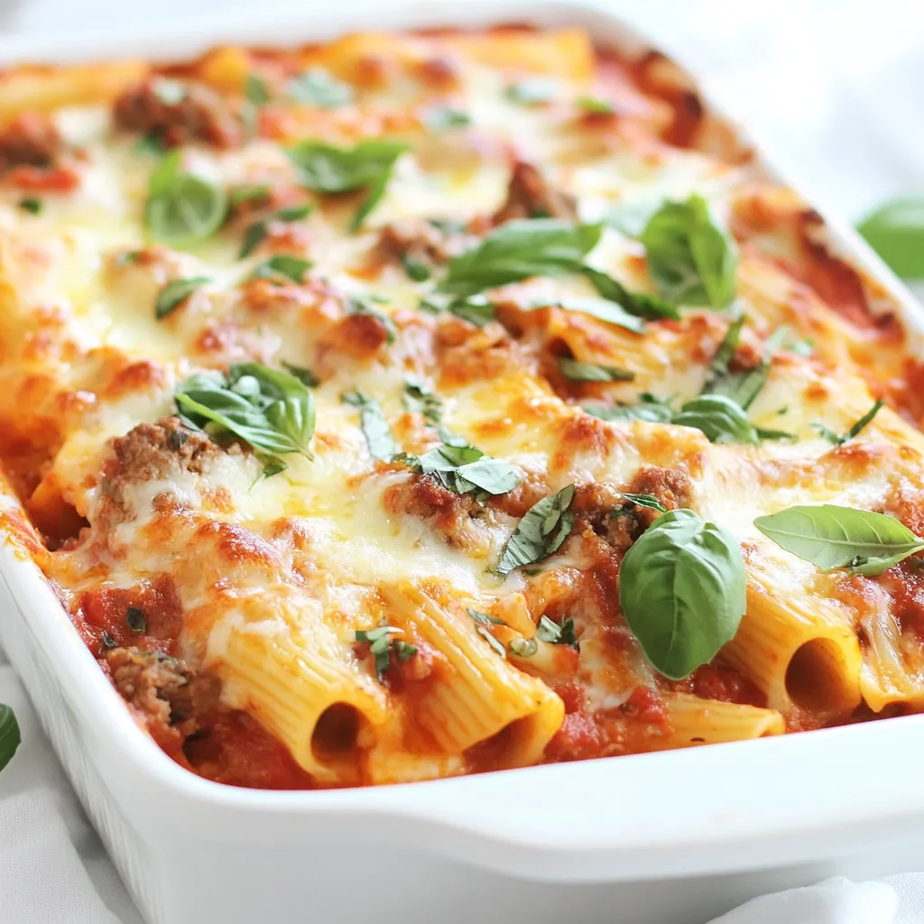 For this easy baked ziti, you will need: - 1 pound ziti pasta - 2 tablespoons olive oil - 1 medium onion, chopped - 3 cloves garlic, minced - 1 pound ground beef (or turkey) - 1 can (28 ounces) crushed tomatoes - 1 can (15 ounces) ricotta cheese - 2 cups shredded mozzarella cheese - 1 cup grated Parmesan cheese - 2 teaspoons dried Italian herbs (oregano, basil) - Salt and pepper to taste These ingredients form the base of your dish. The ziti pasta gives a great texture, while the ground meat adds heartiness. The cheeses make it rich and creamy. You can add some optional ingredients for extra flavor: - Fresh basil leaves for garnish - Sliced mushrooms - Spinach or kale - Red pepper flakes for heat These ingredients can change the dish's taste. Fresh herbs will add a bright flavor. Spinach or kale boosts nutrition without changing much. To make this recipe smooth, you might want these tools: - Large pot for boiling pasta - Large skillet for cooking meat - Mixing bowl for combining ingredients - 9x13 inch baking dish for baking - Spatula for mixing These tools are key to making your baked ziti. They help keep things organized and make cooking easier. {{ingredient_image_1}} First, set your oven to 375°F (190°C). This step warms the oven for baking. Next, boil a large pot of salted water. Once it’s boiling, add 1 pound of ziti pasta. Cook it until it's al dente, about 8-10 minutes. Drain the pasta and set it aside. In a large skillet, pour 2 tablespoons of olive oil. Heat it over medium heat. Once hot, add 1 chopped onion. Cook for 3-4 minutes until it’s soft. Then, add 3 minced garlic cloves and 1 pound of ground beef or turkey. Cook until the meat is brown, which takes about 5-7 minutes. Break up the meat with a spatula as it cooks. After that, pour in 1 can of crushed tomatoes. Let it simmer for 10 minutes. Stir in 2 teaspoons of dried Italian herbs, salt, and pepper to taste. In a large bowl, combine the cooked ziti with the meat sauce. Add 1 can of ricotta cheese, 1 cup of shredded mozzarella, and half of the grated Parmesan cheese. Mix everything well until it’s all coated. Transfer this mixture to a greased baking dish, which should be about 9x13 inches. Spread the remaining mozzarella and Parmesan cheese on top of the ziti. Place the dish in the preheated oven. Bake for 25-30 minutes. Look for bubbly, golden cheese on top. Once it's done, take it out and let it sit for 5 minutes. You can garnish with fresh basil leaves if you want. Enjoy your easy baked ziti! To get the right texture, cook the ziti until it is al dente. This means it should be firm to the bite. Overcooking can make the pasta mushy. Remember, it will cook more in the oven. Mixing the pasta with the sauce helps keep it moist. You can boost the flavor of your baked ziti. Adding fresh herbs makes a big difference. Try using fresh basil or parsley. You can also add veggies like spinach or bell peppers. If you like spice, a pinch of red pepper flakes works well too. For a cheesy twist, mix in more mozzarella or try adding ricotta. One common mistake is not draining the pasta well. Excess water can make your dish watery. Avoid using too much sauce; it can drown the ziti. Make sure to layer your cheeses evenly. This ensures every bite has that cheesy goodness. Lastly, don’t skip letting it cool for a few minutes after baking. This helps the dish set and makes serving easier. Pro Tips Choose the Right Pasta: While ziti is traditional, you can substitute with penne or rigatoni for a different texture. Make it Vegetarian: Substitute ground beef or turkey with mushrooms or lentils for a hearty vegetarian option. Extra Creaminess: For an even creamier dish, mix in a little heavy cream with the ricotta cheese. Perfectly Baked Cheese: To achieve a golden crust, broil the ziti for a couple of minutes at the end of baking, but watch closely to prevent burning! {{image_2}} You can make a tasty vegetarian baked ziti. Start by swapping ground meat for veggies. Use zucchini, mushrooms, and bell peppers for flavor. You can also add spinach or kale for a healthy boost. Substitute ricotta with cottage cheese or a vegan option. This keeps the creamy texture while being meat-free. If you need a gluten-free baked ziti, choose gluten-free ziti pasta. Many brands offer this option. Check the label to ensure it is truly gluten-free. Instead of wheat-based pasta, you can use rice or quinoa. These options work well and still taste great. For a spicy kick, add red pepper flakes to your meat sauce. You can also mix in some diced jalapeños or hot sausage. If you love cheese, try pepper jack for extra heat. Top with fresh chili slices before baking for added spice. To keep your leftover baked ziti fresh, let it cool down first. Place it in an airtight container. You can store it in the fridge for up to four days. Make sure to cover it tightly. This way, it stays moist and tasty. When you're ready to enjoy your baked ziti again, preheat your oven to 350°F (175°C). Take the ziti out of the fridge and cover it with foil. This keeps the heat in and prevents the cheese from burning. Bake for about 20 minutes or until it’s hot all the way through. You can also microwave it. Just put a portion on a plate and heat for 2-3 minutes. Stir halfway through to heat evenly. If you want to save some for later, freezing is a great option. First, let the baked ziti cool completely. Then, cut it into portions. Wrap each piece tightly in plastic wrap, then place it in a freezer bag. Label it with the date. It will stay good for up to three months. When you're ready to eat, thaw it overnight in the fridge. Reheat as mentioned above for best results. Yes, you can make baked ziti ahead of time. Prepare the dish up to baking. Cover it with foil and store it in the fridge. You can bake it later, but add a few extra minutes to the cooking time. This makes meal prep easy and saves time. You can use cottage cheese instead of ricotta cheese. Blend it a bit for creaminess. Another option is cream cheese. You can also mix Greek yogurt with a bit of salt. Each substitute gives a slightly different taste, but it will still be tasty. Baked ziti is done when the cheese is bubbly and golden brown. You can check the center to see if it’s hot. Use a knife to poke into the dish. If it comes out hot, your ziti is ready. Let it sit for a few minutes before serving. Many people find baked ziti tastes better the next day. The flavors get a chance to mix and deepen overnight. When you reheat it, the cheese may become even more gooey. Just make sure to cover it to keep it moist. Enjoy it as a leftover treat! This guide covers all you need for baked ziti. We explored the key ingredients and best kitchen tools. You learned how to prep your oven, cook the sauce, and assemble your dish. I shared tips for perfect texture and flavor, along with common mistakes to avoid. You even found tasty variations and storage info. Enjoy your cooking and feel free to get creative with this versatile dish!