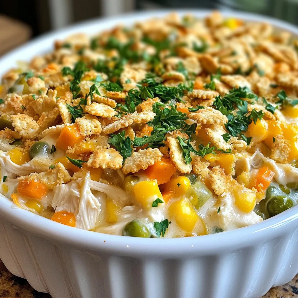 To create a delicious Million Dollar Chicken Casserole, gather the following ingredients: - 3 cups cooked, shredded chicken - 1 cup cream cheese, softened - 1 cup sour cream - 1 cup shredded cheddar cheese - 1 can (10.5 oz) cream of chicken soup - ½ cup green onions, chopped - 1 tablespoon garlic powder - 1 teaspoon onion powder - 2 cups frozen mixed vegetables (peas, carrots, corn) - 2 cups crushed buttery crackers (such as Ritz) - ½ cup melted butter - Salt and pepper to taste - Fresh parsley for garnish (optional) These ingredients blend together to form a creamy, savory dish. The chicken provides protein, while the cream cheese and sour cream add richness. The cheddar cheese gives it a nice flavor and melt. The cream of chicken soup acts as a binder, bringing everything together. Using frozen mixed vegetables makes this recipe quick. You can pick your favorites or use what's on hand. The buttery crackers on top add a crunchy finish. They create a lovely contrast to the creamy filling. Make sure to measure everything accurately. This way, you get the perfect balance of flavors. If you want to add your twist, consider mixing in some spices or fresh herbs. Enjoy the process of making this cozy family dish! {{ingredient_image_1}} - Preheat your oven to 350°F (175°C). This is key for even cooking. - In a large bowl, combine 1 cup of softened cream cheese, 1 cup of sour cream, and 1 can of cream of chicken soup. Mix until smooth. - Next, stir in 3 cups of cooked, shredded chicken, 1 cup of shredded cheddar cheese, and ½ cup of chopped green onions. - Add 1 tablespoon of garlic powder and 1 teaspoon of onion powder. Then, mix in 2 cups of frozen mixed vegetables. - Season the mix with salt and pepper. Make sure everything is well combined. - Spread the chicken mixture evenly into a greased 9x13-inch baking dish. Use a spatula for an even layer. - In a separate bowl, combine 2 cups of crushed buttery crackers with ½ cup of melted butter. Mix well until the crackers are coated. - Sprinkle this cracker mix evenly over the chicken mixture in the baking dish. - Bake the casserole in your preheated oven for 30-35 minutes. Look for it to be bubbly and the top golden brown. - Once done, let it cool for about 5 minutes before serving. This helps the flavors set. To make Million Dollar Chicken Casserole great, start with cream cheese. Ensure it is softened. This helps it blend smoothly with the other ingredients. If it is cold, the mixture may be lumpy. Next, taste as you go. Adjust the seasoning to fit your family's preferences. You can add more garlic powder for a stronger flavor or more salt for a savory kick. Don’t be afraid to experiment! When serving, pair the casserole with a side salad or garlic bread. The salad adds freshness, while the bread offers a nice crunch. These sides balance the dish well. Presentation matters too! Serve the casserole in individual bowls for a warm touch. A sprinkle of extra shredded cheddar and fresh parsley on top makes it look fancy. Adding these garnishes also enhances the flavor and color of the dish. Feel free to explore more ideas to elevate your serving game! Pro Tips Use Rotisserie Chicken: For a quicker option, use store-bought rotisserie chicken instead of cooking your own. It saves time and adds great flavor. Customize Vegetables: Feel free to swap out the frozen mixed vegetables for your favorites like broccoli or bell peppers. This adds a personal touch! Make Ahead: Prepare the casserole in advance and store it in the refrigerator. Just bake it when you're ready for a quick meal! Perfectly Golden Topping: For an extra crispy topping, broil the casserole for the last 2-3 minutes of baking. Keep a close eye to avoid burning! {{image_2}} You can change up the veggies in this dish. Try adding bell peppers, zucchini, or broccoli. Each adds its own flavor and color. If you want it dairy-free, use cashew cream instead of cream cheese. For sour cream, try coconut yogurt. Both options keep the dish creamy. If you don’t have chicken, use cooked, shredded turkey. It works great with the same flavors. You can also use shredded beef for a heartier meal. Just ensure it's well-cooked and seasoned before mixing in. To make this casserole gluten-free, choose gluten-free crackers. Brands like Schär or Crunchmaster offer tasty options. You can also crush gluten-free bread for a similar topping. Just make sure to check the labels for any hidden gluten. To store leftovers, first let the casserole cool. Then, cover it tightly with plastic wrap or aluminum foil. You can also use an airtight container. In the fridge, it lasts about 3 to 4 days. Make sure to label it with the date. This way, you know when to eat it. If you want to freeze the casserole, first cool it completely. Cut it into individual portions for easy reheating. Wrap each piece in plastic wrap, then place it in a freezer bag. This helps save space and keep it fresh. It can last up to 3 months in the freezer. When you’re ready to eat, thaw it in the fridge overnight. To reheat, place it in a preheated oven at 350°F (175°C) until hot, about 20-30 minutes. You can also microwave it if you're in a hurry. Just ensure it heats evenly. Enjoy your meal! Million Dollar Chicken Casserole is a creamy, savory dish. It blends tender chicken, rich cheeses, and veggies. The dish is named for its rich taste and comforting vibe. While its origin is not clear, it has become a favorite in many homes. Families enjoy it for its ease and great flavor. You can prepare Million Dollar Chicken Casserole a day ahead. Start by mixing all the ingredients in a bowl. Place the mixture in a baking dish and cover it with plastic wrap. Store it in the fridge until you are ready to bake. When you are ready, just remove the wrap and bake as usual. This saves time and makes meal planning easy! Yes, you can adjust the recipe. For a smaller batch, cut the ingredients in half. Use a smaller baking dish for best results. If you need a larger batch, double the ingredients. Use a bigger dish to fit it all. This dish is great for gatherings or family dinners! You learned how to make Million Dollar Chicken Casserole with easy steps and tips. This dish blends creamy flavors and crunchy toppings. Remember, you can adjust the ingredients to fit your taste. Try different proteins or make it gluten-free. Store leftovers properly to enjoy later. This recipe is simple, delicious, and great for any meal. Now, gather your ingredients and bake a warm, tasty dish for your family!