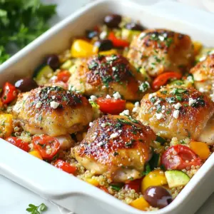Here is everything you need for a tasty Greek Chicken Casserole: - 2 lbs boneless, skinless chicken thighs - 1 cup quinoa, rinsed - 1 medium onion, diced - 3 cloves garlic, minced - 2 cups chicken broth - 1 can (14 oz) diced tomatoes, drained - 1 red bell pepper, chopped - 1 zucchini, sliced - 1 teaspoon dried oregano - 1 teaspoon smoked paprika - 1 teaspoon dried thyme - 1 cup feta cheese, crumbled - 1/4 cup Kalamata olives, pitted and halved - 3 tablespoons olive oil - Salt and pepper to taste - Fresh parsley for garnish These ingredients blend to create a vibrant, flavorful dish. I love using chicken thighs because they stay juicy. Quinoa adds a nice texture and protein. The onion and garlic give it a great base flavor. I use diced tomatoes and bell pepper for a sweet touch. Zucchini adds color and moisture. The herbs, like oregano and thyme, bring that Mediterranean flair. Smoked paprika adds warmth and depth that you will love. Feta cheese and Kalamata olives give a salty kick. Olive oil rounds it all out with richness. Finally, fresh parsley brightens the dish when you serve it. Gather these ingredients, and you are ready to cook! {{ingredient_image_1}} - Preheat your oven to 375°F (190°C). - Grease a large baking dish with olive oil. - In a large skillet, heat 2 tablespoons of olive oil over medium heat. - Add the diced onion and sauté for about 3 minutes until it looks clear. - Stir in 3 cloves of minced garlic and cook for 1 more minute until it smells good. - Add 2 lbs of chicken thighs, season with salt, pepper, oregano, smoked paprika, and thyme. - Sear the chicken for about 5 minutes on each side until it turns golden brown. - Spread 1 cup of rinsed quinoa evenly in the greased baking dish. - Layer the seared chicken thighs on top of the quinoa. - In a bowl, mix 2 cups of chicken broth, 1 can of drained diced tomatoes, 1 chopped red bell pepper, and 1 sliced zucchini. - Pour this mixture over the chicken and quinoa in the baking dish. - Scatter 1 cup of crumbled feta cheese and 1/4 cup of halved Kalamata olives on top. - Drizzle with the last tablespoon of olive oil. - Cover the baking dish with aluminum foil and bake for 30 minutes. - After 30 minutes, take off the foil and bake for another 15 minutes. The quinoa should absorb the liquid, and the chicken should be cooked through. - Let it rest for 10 minutes. - Garnish with fresh parsley before serving. - Achieving the perfect sear on chicken: Start with a hot skillet. Use medium heat and add olive oil. Place the chicken thighs skin side down. Don’t crowd the pan. Sear for five minutes. Flip and sear the other side. A good sear gives flavor and color. - Ensuring quinoa is cooked properly: Rinse the quinoa before cooking. This removes bitterness. Use two cups of chicken broth for one cup of quinoa. Bring to a boil, then reduce heat. Cover and simmer for 15 minutes. Once done, fluff with a fork. - Ideal pairings with side dishes: Greek Chicken Casserole pairs well with a simple salad. Try a Greek salad with cucumbers and olives. Roasted vegetables also make a great side. You can serve it with warm pita bread. - Recommended wine or beverage options: A light white wine, like Sauvignon Blanc, complements the dish. You can also enjoy it with lemonades or iced tea. Both drinks refresh and enhance the meal’s flavors. - Garnishing tips for a visually appealing dish: Use fresh parsley to add color. Sprinkle it on top just before serving. You can also add extra feta cheese for creaminess. Serve the casserole in a colorful dish for more visual appeal. Pro Tips Choose Quality Chicken: Use fresh, high-quality chicken thighs for the best flavor and tenderness in your casserole. Rinse Quinoa Thoroughly: Always rinse quinoa before cooking to remove its natural bitter coating, ensuring a pleasant taste. Customize Veggies: Feel free to swap in your favorite vegetables, such as spinach or eggplant, to suit your taste or use what you have on hand. Let it Rest: Allow the casserole to rest for 10 minutes after baking to let the flavors meld and make serving easier. {{image_2}} For this recipe, you can swap the chicken thighs with other meats. Chicken breasts work well, but they may dry out if overcooked. You can also use turkey for a leaner option. If you want to go meatless, try chickpeas or lentils. They add protein and fiber. Tofu is another great choice. To change the flavor, add different herbs or spices. Basil and dill are tasty options. They give a fresh twist to the dish. You might also try adding cumin for a warm, earthy note. Incorporate seasonal vegetables for added flavor. In summer, use fresh tomatoes or eggplant. In fall, pumpkin or sweet potatoes work nicely too. You can make this casserole a meal prep option. Divide it into containers for easy lunches. It stores well, making it perfect for busy weeks. To make it gluten-free, replace quinoa with rice. Just make sure to adjust the cooking times. You can also use gluten-free pasta for a fun twist. After you enjoy this tasty Greek chicken casserole, store the leftovers in the fridge. Use an airtight container to keep it fresh. Make sure the dish cools down before sealing. This way, it won’t trap steam and make the food soggy. Your leftovers will stay good for about three to four days. When you’re ready to eat the leftovers, reheating is key. Preheat your oven to 350°F (175°C). Place the casserole in an oven-safe dish. Cover it with foil to keep it moist. Heat for about 20 to 25 minutes, or until it’s warm all the way through. This keeps the texture nice and helps the flavors shine again. If you want to save some for later, freezing works great. Let the casserole cool completely before you freeze it. Use a freezer-safe container or wrap it tightly in plastic wrap. It will stay good for up to three months. When you’re ready to eat, thaw it overnight in the fridge. Then, reheat it in the oven, just like before. This way, you enjoy a delicious meal whenever you want! How long does it take to cook Greek Chicken Casserole? It takes about 55 minutes to cook Greek Chicken Casserole. This includes 15 minutes to prep and 40 minutes of baking. You will love how quick and easy it is! Can I make this dish ahead of time? Yes, you can make this dish ahead of time. Prepare the casserole, cover it, and store it in the fridge for up to 24 hours. Just bake it when you are ready to eat. What can I substitute for quinoa? If you want to substitute for quinoa, try using rice or farro. Both work well and will soak up all the flavors. Just adjust the cooking time based on what you choose. Is this recipe gluten-free? Yes, this recipe is gluten-free! It uses quinoa and fresh veggies. Just make sure your chicken broth is also gluten-free. How do I know when the chicken is fully cooked? The chicken is fully cooked when it reaches an internal temperature of 165°F (75°C). You can use a meat thermometer for accuracy. The chicken should look white and not pink inside. This blog post showed you how to make a tasty Greek Chicken Casserole. We covered the ingredients, step-by-step instructions, and tips for great cooking. I shared ideas for variations, presentation, and storage options. Making this dish is fun and easy. You can try different ingredients or flavors. Whether for a dinner or meal prep, it will impress. Enjoy your cooking journey with this yummy recipe!