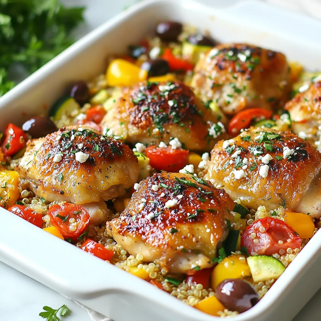 Here is everything you need for a tasty Greek Chicken Casserole: - 2 lbs boneless, skinless chicken thighs - 1 cup quinoa, rinsed - 1 medium onion, diced - 3 cloves garlic, minced - 2 cups chicken broth - 1 can (14 oz) diced tomatoes, drained - 1 red bell pepper, chopped - 1 zucchini, sliced - 1 teaspoon dried oregano - 1 teaspoon smoked paprika - 1 teaspoon dried thyme - 1 cup feta cheese, crumbled - 1/4 cup Kalamata olives, pitted and halved - 3 tablespoons olive oil - Salt and pepper to taste - Fresh parsley for garnish These ingredients blend to create a vibrant, flavorful dish. I love using chicken thighs because they stay juicy. Quinoa adds a nice texture and protein. The onion and garlic give it a great base flavor. I use diced tomatoes and bell pepper for a sweet touch. Zucchini adds color and moisture. The herbs, like oregano and thyme, bring that Mediterranean flair. Smoked paprika adds warmth and depth that you will love. Feta cheese and Kalamata olives give a salty kick. Olive oil rounds it all out with richness. Finally, fresh parsley brightens the dish when you serve it. Gather these ingredients, and you are ready to cook! {{ingredient_image_1}} - Preheat your oven to 375°F (190°C). - Grease a large baking dish with olive oil. - In a large skillet, heat 2 tablespoons of olive oil over medium heat. - Add the diced onion and sauté for about 3 minutes until it looks clear. - Stir in 3 cloves of minced garlic and cook for 1 more minute until it smells good. - Add 2 lbs of chicken thighs, season with salt, pepper, oregano, smoked paprika, and thyme. - Sear the chicken for about 5 minutes on each side until it turns golden brown. - Spread 1 cup of rinsed quinoa evenly in the greased baking dish. - Layer the seared chicken thighs on top of the quinoa. - In a bowl, mix 2 cups of chicken broth, 1 can of drained diced tomatoes, 1 chopped red bell pepper, and 1 sliced zucchini. - Pour this mixture over the chicken and quinoa in the baking dish. - Scatter 1 cup of crumbled feta cheese and 1/4 cup of halved Kalamata olives on top. - Drizzle with the last tablespoon of olive oil. - Cover the baking dish with aluminum foil and bake for 30 minutes. - After 30 minutes, take off the foil and bake for another 15 minutes. The quinoa should absorb the liquid, and the chicken should be cooked through. - Let it rest for 10 minutes. - Garnish with fresh parsley before serving. - Achieving the perfect sear on chicken: Start with a hot skillet. Use medium heat and add olive oil. Place the chicken thighs skin side down. Don’t crowd the pan. Sear for five minutes. Flip and sear the other side. A good sear gives flavor and color. - Ensuring quinoa is cooked properly: Rinse the quinoa before cooking. This removes bitterness. Use two cups of chicken broth for one cup of quinoa. Bring to a boil, then reduce heat. Cover and simmer for 15 minutes. Once done, fluff with a fork. - Ideal pairings with side dishes: Greek Chicken Casserole pairs well with a simple salad. Try a Greek salad with cucumbers and olives. Roasted vegetables also make a great side. You can serve it with warm pita bread. - Recommended wine or beverage options: A light white wine, like Sauvignon Blanc, complements the dish. You can also enjoy it with lemonades or iced tea. Both drinks refresh and enhance the meal’s flavors. - Garnishing tips for a visually appealing dish: Use fresh parsley to add color. Sprinkle it on top just before serving. You can also add extra feta cheese for creaminess. Serve the casserole in a colorful dish for more visual appeal. Pro Tips Choose Quality Chicken: Use fresh, high-quality chicken thighs for the best flavor and tenderness in your casserole. Rinse Quinoa Thoroughly: Always rinse quinoa before cooking to remove its natural bitter coating, ensuring a pleasant taste. Customize Veggies: Feel free to swap in your favorite vegetables, such as spinach or eggplant, to suit your taste or use what you have on hand. Let it Rest: Allow the casserole to rest for 10 minutes after baking to let the flavors meld and make serving easier. {{image_2}} For this recipe, you can swap the chicken thighs with other meats. Chicken breasts work well, but they may dry out if overcooked. You can also use turkey for a leaner option. If you want to go meatless, try chickpeas or lentils. They add protein and fiber. Tofu is another great choice. To change the flavor, add different herbs or spices. Basil and dill are tasty options. They give a fresh twist to the dish. You might also try adding cumin for a warm, earthy note. Incorporate seasonal vegetables for added flavor. In summer, use fresh tomatoes or eggplant. In fall, pumpkin or sweet potatoes work nicely too. You can make this casserole a meal prep option. Divide it into containers for easy lunches. It stores well, making it perfect for busy weeks. To make it gluten-free, replace quinoa with rice. Just make sure to adjust the cooking times. You can also use gluten-free pasta for a fun twist. After you enjoy this tasty Greek chicken casserole, store the leftovers in the fridge. Use an airtight container to keep it fresh. Make sure the dish cools down before sealing. This way, it won’t trap steam and make the food soggy. Your leftovers will stay good for about three to four days. When you’re ready to eat the leftovers, reheating is key. Preheat your oven to 350°F (175°C). Place the casserole in an oven-safe dish. Cover it with foil to keep it moist. Heat for about 20 to 25 minutes, or until it’s warm all the way through. This keeps the texture nice and helps the flavors shine again. If you want to save some for later, freezing works great. Let the casserole cool completely before you freeze it. Use a freezer-safe container or wrap it tightly in plastic wrap. It will stay good for up to three months. When you’re ready to eat, thaw it overnight in the fridge. Then, reheat it in the oven, just like before. This way, you enjoy a delicious meal whenever you want! How long does it take to cook Greek Chicken Casserole? It takes about 55 minutes to cook Greek Chicken Casserole. This includes 15 minutes to prep and 40 minutes of baking. You will love how quick and easy it is! Can I make this dish ahead of time? Yes, you can make this dish ahead of time. Prepare the casserole, cover it, and store it in the fridge for up to 24 hours. Just bake it when you are ready to eat. What can I substitute for quinoa? If you want to substitute for quinoa, try using rice or farro. Both work well and will soak up all the flavors. Just adjust the cooking time based on what you choose. Is this recipe gluten-free? Yes, this recipe is gluten-free! It uses quinoa and fresh veggies. Just make sure your chicken broth is also gluten-free. How do I know when the chicken is fully cooked? The chicken is fully cooked when it reaches an internal temperature of 165°F (75°C). You can use a meat thermometer for accuracy. The chicken should look white and not pink inside. This blog post showed you how to make a tasty Greek Chicken Casserole. We covered the ingredients, step-by-step instructions, and tips for great cooking. I shared ideas for variations, presentation, and storage options. Making this dish is fun and easy. You can try different ingredients or flavors. Whether for a dinner or meal prep, it will impress. Enjoy your cooking journey with this yummy recipe!