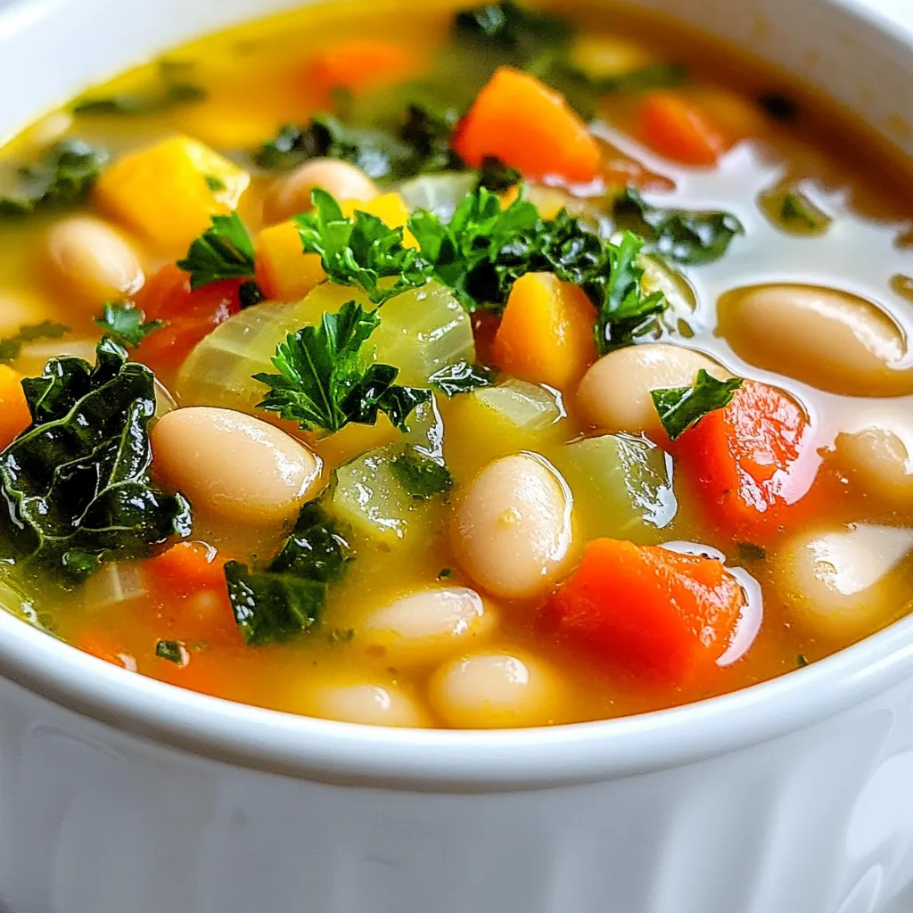 To make Tuscan white bean soup, you need the following ingredients: - 2 cans (15 oz each) cannellini beans, drained and rinsed - 1 tablespoon olive oil - 1 medium onion, finely chopped - 2 cloves garlic, minced - 2 carrots, diced - 2 celery stalks, diced - 4 cups vegetable broth - 1 cup diced tomatoes (canned or fresh) - 1 teaspoon dried thyme - 1 teaspoon dried oregano - 1 bay leaf - 2 cups kale, chopped (stems removed) - Salt and pepper to taste - Fresh parsley, chopped (for garnish) You can swap some ingredients to suit your taste. For example: - Beans: Use any white beans, like navy or great northern beans. - Vegetable broth: Chicken broth works well if you prefer. - Kale: Spinach or Swiss chard can replace kale. They add a nice touch too. - Olive oil: Avocado oil or butter can be used instead. I love using both fresh and canned ingredients in this soup. Canned beans save time and still taste great. Fresh vegetables add crunch and flavor. Here’s how I balance them: - Canned beans: They are soft and ready to go. Rinse them well before cooking. - Fresh vegetables: Use fresh onion, garlic, and carrots for the best taste. They bring life to the soup. - Fresh tomatoes: If you have them, use them for a bright flavor. Just chop and add! Choosing fresh or canned comes down to your needs. Both options create a tasty soup! {{ingredient_image_1}} First, gather your ingredients. You will need: - 2 cans (15 oz each) cannellini beans, drained and rinsed - 1 tablespoon olive oil - 1 medium onion, finely chopped - 2 cloves garlic, minced - 2 carrots, diced - 2 celery stalks, diced Start by heating the olive oil in a large pot over medium heat. Once the oil is hot, add the chopped onion, diced carrots, and diced celery. Stir these veggies for about 5 to 7 minutes. You want them to soften and smell great. Next, add the minced garlic to the pot. Sauté it for another minute, until it becomes fragrant. This step makes your soup smell amazing. Now it’s time to add the rest of your ingredients. Stir in: - 4 cups vegetable broth - 1 cup diced tomatoes (canned or fresh) - 1 teaspoon dried thyme - 1 teaspoon dried oregano - 1 bay leaf - 2 cans cannellini beans Bring this mixture to a boil. Once boiling, lower the heat and let it simmer for about 20 minutes. This allows all the flavors to blend together beautifully. After 20 minutes, it's time to add the chopped kale. Stir it into the soup and let it simmer for another 10 minutes. The kale should become tender, adding a nice green touch to your dish. Once the soup is done, season it with salt and pepper to taste. Don't forget to remove the bay leaf before serving. Serve your Tuscan white bean soup hot. Garnish each bowl with freshly chopped parsley on top. This adds a lovely color and flavor. Enjoy your homemade soup with some crusty bread for a complete meal! To make your Tuscan white bean soup shine, think about layering flavors. Start with a good olive oil. It adds richness from the start. Sauté your onion, carrots, and celery until soft. This builds a tasty base. Don't skip the garlic; it gives a lovely aroma. Try adding a splash of lemon juice or zest. It brightens the soup. You can also stir in some red pepper flakes for a kick. Fresh herbs such as basil or thyme can boost flavor too. Always taste your soup as you go. Adjust with salt and pepper to your liking. Texture matters in soup. You want it creamy but not too thick. Cannellini beans are perfect for this. They break down slightly when cooked, giving a nice creaminess. If you like a chunkier soup, mash half the beans before adding them back in. Add the kale near the end of cooking. It should be tender but still vibrant. If you want a smoother texture, blend part of the soup. Use an immersion blender for ease. This gives you a nice balance of smooth and chunky. This soup is great for meal prep. Make a big batch and store it. Let it cool before transferring to containers. It can stay fresh in the fridge for up to four days. For longer storage, freeze the soup. Use freezer-safe bags or containers. Leave some space for expansion. When you want to enjoy it, thaw the soup overnight in the fridge. Reheat it gently on the stove. Add a splash of water or broth if it’s too thick. Enjoy your delicious soup anytime! Pro Tips Use Fresh Ingredients: For the best flavor, opt for fresh vegetables and herbs whenever possible. Fresh kale and ripe tomatoes can elevate the soup significantly. Adjust the Consistency: If you prefer a creamier soup, you can blend a portion of the beans and broth together before adding them back to the pot. Enhance the Flavor: Adding a splash of lemon juice or a sprinkle of red pepper flakes before serving can brighten the flavors and add a bit of heat. Make it Ahead: This soup tastes even better the next day! Make a larger batch and store leftovers in the fridge for quick meals throughout the week. {{image_2}} You can add protein to Tuscan white bean soup for more heartiness. Here are great options: - Chicken: Cook shredded chicken in the soup. It adds flavor and texture. - Sausage: Brown Italian sausage and add it before simmering. It gives a nice kick. - Tofu: For a vegan option, use firm tofu. Cube it and add it with the beans. - Ham: Diced ham adds a smoky flavor. Toss it in with the veggies. While kale is popular, you can switch it up with other greens: - Spinach: Fresh spinach wilts quickly. Add it in the last few minutes of cooking. - Swiss chard: This has a mild flavor. Chop it up and use it like kale. - Collard greens: These add a hearty bite. Cook them a bit longer for tenderness. - Arugula: This gives a peppery taste. Stir it in right before serving. You can easily adjust this soup for different diets: - Gluten-free: Ensure your broth is gluten-free. - Vegan: Use vegetable broth and skip any meat. The beans are filling and rich. - Low-sodium: Use low-sodium broth and skip added salt. - Paleo: Stick to veggies and protein. Avoid grains and legumes if needed. Experimenting with these variations keeps the soup exciting and fresh! To store leftovers, let the soup cool first. Pour it into an airtight container. Make sure to leave some space at the top. This allows for expansion when it freezes. Seal the container tightly. You can keep it in the fridge for up to four days. Reheating is simple and quick. Pour the soup into a pot. Heat it on medium-low until warm. Stir it often to prevent sticking. You can also microwave it. Just place the soup in a microwave-safe bowl. Cover it loosely and heat for one to two minutes. Stir halfway through to heat evenly. Freezing the soup is a great way to save it for later. Use a freezer-safe container or heavy-duty freezer bags. Pour the cooled soup in, leaving space for expansion. Seal the bag or container tightly. Label it with the date. The soup can last in the freezer for up to three months. When you're ready to eat, thaw it overnight in the fridge or heat it straight from the freezer. Just add extra time for cooking. Tuscan White Bean Soup is a comforting dish. It features cannellini beans, fresh veggies, and herbs. This soup is hearty and full of flavor. The kale adds a nice touch of green. It’s perfect for chilly days or when you need a warm meal. Yes, you can use different beans! If you prefer, try using navy beans or great northern beans. Both will work well in this soup. Just make sure to drain and rinse them, like the cannellini beans. This keeps your soup healthy and tasty. The total time to make this soup is about 55 minutes. You spend about 15 minutes prepping the ingredients. The cooking time is around 40 minutes. This includes 20 minutes of simmering and 10 minutes after adding the kale. It’s easy and quick for a delicious meal. You learned how to make Tuscan White Bean Soup with fresh ingredients, clear steps, and helpful tips. Each section covered important details, like ingredient choices and cooking methods. You can adjust the recipe to fit your taste and dietary needs. Remember, you can store and reheat leftovers easily. Enjoy your soup, knowing you created something tasty and healthy. Use these tips to impress your family and friends. Happy cooking!