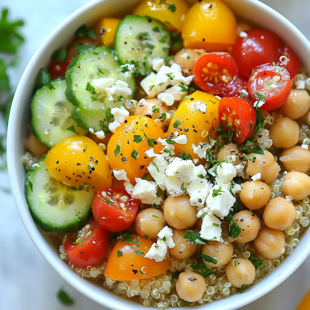 - 1 cup quinoa, rinsed - 2 cups vegetable broth - 1 cup cherry tomatoes, halved - 1 cucumber, diced - 1 bell pepper (red or yellow), diced - 1 cup cooked chickpeas (canned or boiled) - 1/2 red onion, finely chopped - 1/4 cup feta cheese, crumbled - 1/4 cup olives (kalamata or green), pitted and halved - 2 tablespoons olive oil - 2 tablespoons lemon juice - 1 teaspoon dried oregano - Salt and pepper to taste - Fresh parsley, chopped (for garnish) I love using these fresh ingredients to create a vibrant Mediterranean bowl. Each item brings a unique flavor and texture. Quinoa serves as a great base, adding protein and fiber. The vegetable broth gives it a rich taste. Cherry tomatoes add sweetness, while cucumbers provide a refreshing crunch. Bell peppers bring color and vitamins. Chickpeas add heartiness and protein, making this bowl filling. The red onion offers a mild bite, while feta cheese gives a salty creaminess. Olives add depth and a hint of brininess. The olive oil and lemon juice dressing ties everything together. Dried oregano adds a classic Mediterranean flavor. Finally, fresh parsley makes the dish look beautiful and adds a pop of flavor. Each bite bursts with freshness and taste. Enjoy making your own Mediterranean dinner bowls with these simple, wholesome ingredients! {{ingredient_image_1}} - Combine 1 cup of rinsed quinoa and 2 cups of vegetable broth in a saucepan. - Bring it to a boil, then reduce the heat and cover the pot. - Let it simmer for about 15 minutes, or until all the liquid is absorbed. Cooking quinoa is simple. Rinsing it first helps remove any bitterness. You want a fluffy texture, so make sure to fluff it with a fork after cooking. - In a large bowl, combine 1 cup of halved cherry tomatoes, 1 diced cucumber, 1 diced bell pepper, 1 cup of cooked chickpeas, and 1/2 finely chopped red onion. - In a small bowl, prepare a dressing with 2 tablespoons of olive oil, 2 tablespoons of lemon juice, 1 teaspoon of dried oregano, salt, and pepper. Mix the dressing well before drizzling it over the veggies. Toss everything together gently to coat the vegetables evenly. - Fluff the cooked quinoa and divide it into serving bowls. - Top each bowl with the vegetable mixture, then add 1/4 cup of crumbled feta cheese and 1/4 cup of halved olives. - Finish by garnishing each bowl with chopped fresh parsley. This dish is colorful and full of flavor. You can serve it right away or let it chill for a refreshing meal later. Enjoy your quick Mediterranean diet dinner bowl! - Rinse quinoa to remove bitterness. This step makes the quinoa taste better. - Ensure water is fully absorbed before fluffing. This keeps your quinoa light and fluffy. - Experiment with different herbs like basil or dill. These add unique flavors to your bowl. - Substitute balsamic vinegar for lemon juice. This change gives your dish a sweet tang. - Pair with grilled chicken or shrimp. This adds protein and makes your meal heartier. - Serve warm or chilled for a salad option. Both ways are fresh and tasty. Pro Tips Use a Flavorful Broth: For added depth of flavor, use homemade vegetable broth or a high-quality store-bought version instead of water to cook the quinoa. Chill for Best Taste: Let the power bowls chill in the refrigerator for at least 30 minutes before serving. This allows the flavors to meld beautifully. Customize Your Veggies: Feel free to swap or add other vegetables according to your preference, such as roasted zucchini, artichokes, or spinach for added nutrition. Make It Vegan: To make this dish completely vegan, simply omit the feta cheese or substitute it with a plant-based feta alternative. {{image_2}} You can easily customize your protein. Substitute chickpeas with grilled chicken or tofu for a new flavor. If you want more protein, add cooked lentils. They are tasty and healthy. Don't stop at the basic veggies. Include spinach or kale to boost nutrients. Roasted vegetables like zucchini or eggplant also make a great addition. They bring a warm, rich flavor to your bowl. If you want to switch things up, swap quinoa for farro or bulgur. These grains offer unique textures. For a heartier bowl, use brown rice instead of quinoa. It's filling and delicious. Store leftover bowls in airtight containers. This keeps them fresh and safe. Try to eat them within 3-4 days. The flavors will stay great, and the food will be safe to enjoy. Freeze quinoa separately to keep its texture. Quinoa freezes well. Do not freeze the vegetable mixture with the dressing. It can become mushy. Instead, keep them separate to enjoy later. To reheat quinoa, use the microwave or stovetop. Both methods work well. Add vegetables after reheating. This keeps them fresh and crunchy. Enjoy your meal just like it was made fresh! Yes, you can meal prep for the week. I love making these bowls in advance. Cook the quinoa and chop the veggies. Store them in separate containers. This way, you can mix and match all week. Just add the dressing when you're ready to eat. It saves time and keeps meals fresh. Yes, simply omit the feta cheese or use a plant-based alternative. Many vegan cheeses taste great and work well in this dish. You still get a creamy texture without dairy. Just ensure you check the label to avoid any animal products. It pairs well with grilled meats or can be enjoyed as a standalone meal. I love adding grilled chicken or shrimp for extra protein. If you want a lighter meal, enjoy it by itself. Either way, it tastes amazing and fills you up! This blog post outlined a tasty quinoa bowl recipe packed with fresh vegetables and protein. You learned how to cook quinoa, prepare the vegetable mix, and assemble the bowls. Creative dressing options and variations offer ways to customize the dish to your liking. Remember, meal prep is easy and a great way to enjoy this healthy meal all week. This recipe provides a delicious and nutritious meal choice that suits many diets and tastes. Now it's your turn to make this dish and enjoy every bite!
