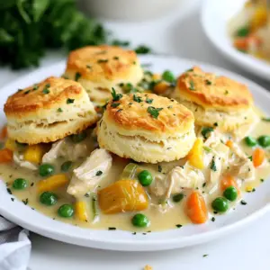 To make Biscuit Topped Chicken Pot Pie, gather these key ingredients: - 2 tablespoons olive oil - 1 lb chicken breast, diced - 1 medium onion, diced - 2 carrots, diced - 2 celery stalks, diced - 3 cloves garlic, minced - 1 teaspoon dried thyme - 1 teaspoon dried rosemary - 1/4 cup all-purpose flour - 2 cups chicken broth - 1 cup frozen peas - 1 tablespoon lemon juice - Salt and pepper to taste - 1 cup milk - 1 cup grated cheddar cheese - 1 can (16 oz) refrigerated biscuit dough When choosing ingredients, I recommend quality brands for the best taste. For olive oil, look for extra virgin for a rich flavor. Any diced chicken breast will work well, but organic or free-range options are great. If you prefer, you can swap regular milk for almond or oat milk for a dairy-free version. In place of chicken broth, vegetable broth works well for a lighter taste. To elevate your dish, consider these garnishes: - Fresh parsley, chopped - Cracked black pepper - A sprinkle of paprika for color {{ingredient_image_1}} First, gather your ingredients. You need olive oil, chicken, onion, carrots, celery, garlic, thyme, rosemary, flour, chicken broth, peas, lemon juice, milk, cheddar cheese, and biscuit dough. Now, prepare your chicken by dicing it into small pieces. Dice the onion, carrots, and celery too. Mince the garlic and set it aside for later. Preheat your oven to 400°F (200°C), so it's hot and ready for baking. In a large skillet, heat two tablespoons of olive oil over medium heat. Once it's warm, add one pound of diced chicken. Season it with salt and pepper. Cook until the chicken is lightly browned, which takes about 5 to 7 minutes. Next, add the diced onion, carrots, and celery. Sauté these for another 5 minutes until they start to soften. Now, stir in the minced garlic, dried thyme, and dried rosemary. Let this cook for one minute until all the flavors mix together. Sprinkle a quarter cup of flour over the chicken and veggies. Stir well to coat everything, cooking for about 2 minutes to let the flour brown slightly. Gradually pour in two cups of chicken broth while stirring. Bring this to a simmer and cook until it's thickened, about 5 to 10 minutes. Finally, stir in one cup of frozen peas and one tablespoon of lemon juice. Remove from heat, then mix in one cup of milk and one cup of grated cheddar cheese until combined. Pour the chicken mixture into a large baking dish with about a 2-quart capacity. Open the can of refrigerated biscuit dough and break it into individual pieces. Arrange these pieces evenly over the top of the chicken filling. Now, place the dish in your preheated oven. Bake for 20 to 25 minutes, or until the biscuits turn golden brown and the filling bubbles. Remove from the oven and let it cool for a few minutes before serving. Enjoy your warm, comforting meal! To get your biscuit topping just right, start with cold dough. Cold dough makes lighter, fluffier biscuits. Break the biscuit dough into pieces, but don’t overwork it. Place them evenly on the filling. This helps them bake nice and golden. For an extra touch, brush the top with butter before baking. You can add herbs or cheese to the biscuits for extra flavor. The filling is the heart of this dish. Start with fresh ingredients for the best taste. Sauté your onions, carrots, and celery until soft. This builds a great base. Adding garlic and herbs like thyme and rosemary boosts flavor. Don't forget the lemon juice; it brightens the mix. For a creamy texture, mix in milk and cheese at the end. This will make your filling rich and delicious. One common mistake is not seasoning enough. Always taste your filling as you cook. Adjust salt and pepper to fit your taste. Another mistake is overcooking the chicken early on. You want it just browned, not dry. Lastly, avoid crowding the biscuit pieces. They need space to puff up and bake evenly. Keep these tips in mind to make a perfect Biscuit Topped Chicken Pot Pie. Pro Tips Use Leftover Chicken: This recipe is perfect for utilizing leftover rotisserie chicken, saving you time and enhancing flavor. Enhance Flavor with Herbs: Experiment with fresh herbs like parsley or basil for a burst of freshness and depth in the chicken filling. Customize Veggies: Feel free to add your favorite vegetables like bell peppers or mushrooms to customize the filling to your taste. Keep Biscuits Fluffy: For best results, don’t overcrowd the biscuit pieces on top; this allows them to bake up fluffy and golden. {{image_2}} For a vegetarian version, swap the chicken for hearty veggies. Use mushrooms, lentils, or chickpeas. They add great texture and flavor. Replace chicken broth with vegetable broth for depth. For a vegan option, use plant-based milk and dairy-free cheese. This keeps the dish creamy and rich without animal products. You can switch up the protein in this dish. Try turkey or rotisserie chicken for a quick meal. If you love seafood, shrimp or crab meat works well. You can also use tofu for a protein boost. Just make sure to season it well for the best taste. Seasonal veggies can make this dish shine. In spring, add asparagus or green beans for freshness. Summer brings zucchini and bell peppers that add color and crunch. In fall, think about adding butternut squash or sweet potatoes. Winter vegetables like root veggies can add heartiness to the filling. Always choose what is fresh to enhance the dish’s flavor. After enjoying your Biscuit Topped Chicken Pot Pie, let it cool down. Once cooled, place leftovers in an airtight container. This helps keep the flavors fresh. Store it in the fridge for up to three days. If you want to keep it longer, freezing is a great option. To reheat, you can use an oven or a microwave. For the oven, preheat it to 350°F (175°C). Place the pot pie in a baking dish and cover it with foil. Heat for about 20-30 minutes, or until it's hot. If you use a microwave, heat in short bursts of 1-2 minutes. Check to make sure it warms evenly. For freezing, wrap the pot pie tightly in plastic wrap and then in aluminum foil. This prevents freezer burn. You can freeze it for up to three months. When ready to eat, thaw it in the fridge overnight. Then, reheat it in the oven for the best taste and texture. Enjoy your meal again! Yes, you can make the filling ahead of time. Cook the chicken and veggies, then cool them. Store the mixture in the fridge for up to two days. When ready, heat it up and add the biscuit topping before baking. This way, you save time on busy days. This dish is filling, but you can add sides for balance. Here are some ideas: - A simple green salad with a light dressing. - Roasted vegetables like broccoli or carrots. - Mashed potatoes if you want an extra treat. - A warm bread roll to soak up the filling. These sides complement the flavors and add color to your table. To make the filling gluten-free, swap all-purpose flour with a gluten-free blend. Ensure your chicken broth and biscuit dough are also gluten-free. Many brands offer options now. This way, everyone can enjoy this comforting dish without worry. To wrap up, we covered key ingredients for Biscuit Topped Chicken Pot Pie. You learned essential items, brand recommendations, and optional garnishes. I shared clear steps for prep, cooking, and baking. Tips included perfecting the topping and enhancing flavors, while we explored variations for different diets. Finally, I offered storage advice for leftovers and answered common questions. Remember, with simple tweaks, you can make this dish your own. Enjoy making it your way!