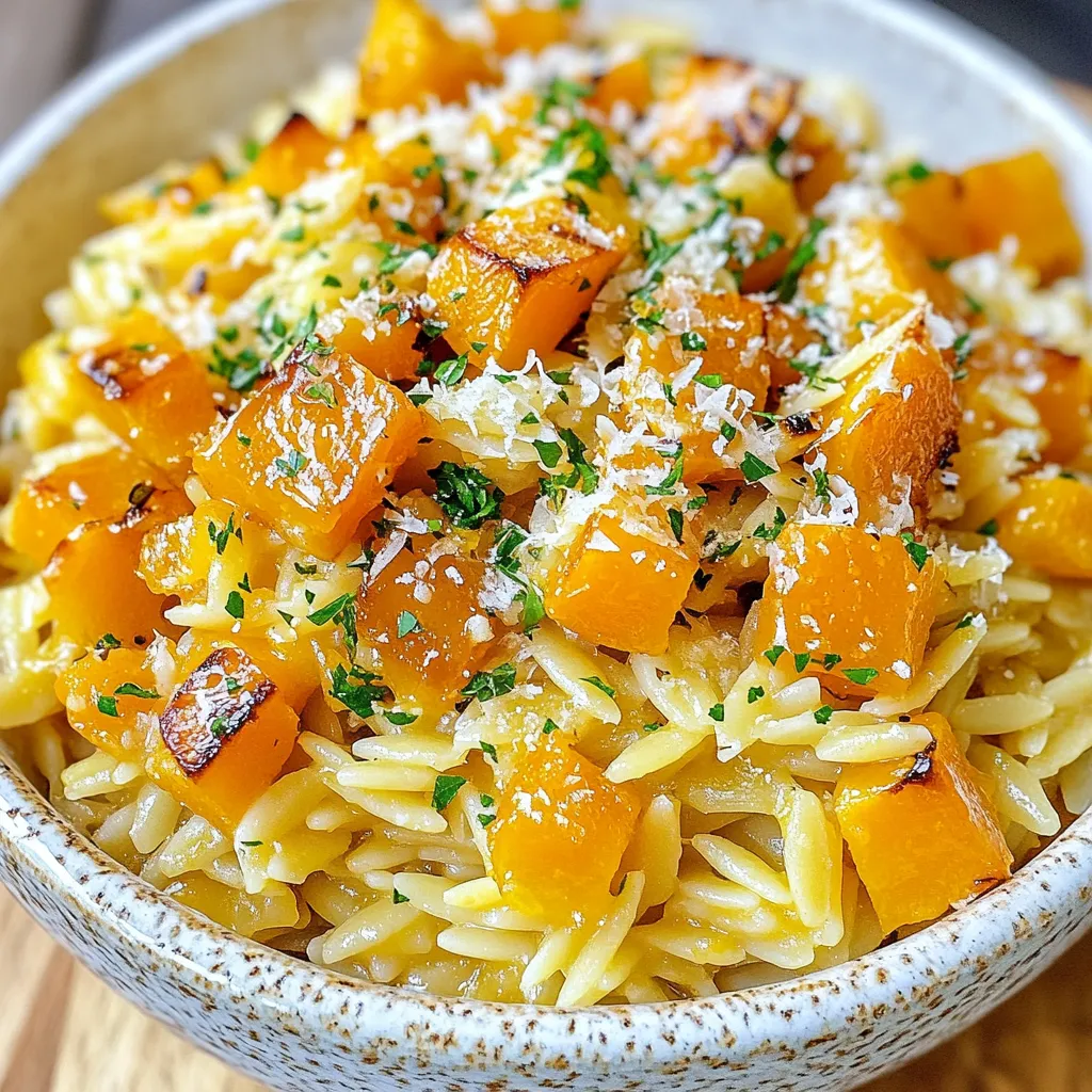 To make Savory Brown Butter Orzo with Butternut Squash, gather these items: - 1 cup orzo pasta - 2 cups butternut squash, peeled and cubed - 4 tablespoons unsalted butter - 1 small onion, finely chopped - 2 cloves garlic, minced - 1 teaspoon fresh thyme leaves - 1/4 teaspoon nutmeg - Salt and pepper to taste - 1/2 cup grated parmesan cheese - 2 cups vegetable broth - 1 tablespoon olive oil - Chopped fresh parsley for garnish Here are some quick conversions for the ingredients: - 1 cup = 8 fluid ounces - 1 tablespoon = 3 teaspoons - 1 teaspoon = 5 milliliters These conversions help if you need different amounts. When picking your ingredients, choose fresh items for the best taste: - Butternut Squash: Look for firm, heavy squash with smooth skin. - Butter: Use high-quality unsalted butter for better flavor. - Parmesan Cheese: Select freshly grated cheese for a richer taste. - Vegetable Broth: A low-sodium broth allows better control over salt. Using good ingredients makes the dish shine. {{ingredient_image_1}} Roasting the squash is key to bringing out its sweetness. Start by preheating your oven to 400°F (200°C). Cut the butternut squash into small cubes. Toss these cubes in a bowl with olive oil, salt, and pepper. Spread them on a baking sheet. Make sure they lie flat and do not touch each other. This helps them roast evenly. Roast for 20-25 minutes until they turn tender and slightly caramelized. This is where the magic begins! Browning butter adds a rich, nutty flavor to your dish. In a medium saucepan, melt the butter over medium heat. Stir it often to prevent burning. Watch closely as it changes color. You want it to turn golden brown and smell nutty. This should take about 5-7 minutes. Once your butter is brown, add the finely chopped onion. Sauté until it becomes soft and translucent, about three minutes. Add minced garlic and fresh thyme next. Cook for another minute until fragrant. Now, it's time to cook the orzo. Stir in the orzo pasta, letting it toast in the brown butter for about two minutes. This step builds flavor. Gradually add the vegetable broth, stirring occasionally. Bring it to a gentle simmer. Cook for 10-12 minutes until the orzo is al dente and has absorbed most of the broth. Plan ahead to make cooking smooth. Start by roasting your squash first; it takes the longest. While it's in the oven, prepare your other ingredients. Chop the onion, garlic, and thyme. This way, you save time when the squash is done. Once you take out the squash, move on to browning the butter. The whole process should flow nicely. Set a timer for each step to keep track. This keeps everything on schedule. Enjoy the process! Cooking is as much about the journey as the meal. To make perfect brown butter, heat unsalted butter in a medium saucepan over medium heat. Stir often. Watch closely as it melts. After 3-4 minutes, it will foam. Keep stirring until it turns a deep golden brown. This process takes about 5-7 minutes. The nutty aroma is a good sign. Be careful! It can burn quickly if you look away. You can play with spices to enhance the flavor. Try adding a pinch of cayenne pepper for heat. A dash of smoked paprika adds depth. For a fresh taste, add lemon zest before serving. Experiment with fresh herbs like sage or rosemary instead of thyme. Each change brings a new twist to the dish. One common mistake is burning the butter. Always keep an eye on it and stir often. Another mistake is overcooking the orzo. Cook it just until it is al dente for the best texture. Don’t skip the seasoning step! Properly seasoning at every stage makes a big difference. Lastly, avoid overcrowding the baking sheet when roasting squash. This ensures even cooking and caramelization. Pro Tips Roast the Squash Evenly: Cut the butternut squash into uniform cubes to ensure even roasting. This will help achieve that perfect caramelization and tenderness. Watch the Butter Closely: When browning butter, keep a close eye on it as it can go from perfectly brown to burnt quickly. Stir frequently and remove from heat once it has a nutty aroma. Use Fresh Herbs: Fresh thyme enhances the flavor of this dish significantly. If you have access to fresh herbs, use them instead of dried for a more vibrant taste. Garnish for Color: Adding chopped fresh parsley not only brightens the dish visually but also adds a fresh flavor contrast to the richness of the orzo and butter. {{image_2}} You can add protein to your brown butter orzo. Chicken or sausage works well. For chicken, use grilled or roasted pieces. Cook the chicken separately and mix it in before serving. If you choose sausage, slice and brown it in the pan after the onions. Both options boost flavor and make the dish heartier. Feel free to swap in different vegetables. Spinach adds a nice green touch and cooks quickly. Just stir it in right before serving. Zucchini is another great choice. Cut it into small cubes and sauté it with the onions. These swaps keep the dish fresh and fun. To make this dish vegan, replace butter with olive oil or vegan butter. Use nutritional yeast instead of parmesan for a cheesy flavor. For gluten-free options, choose gluten-free orzo. There are many brands available now. These changes keep the spirit of the dish while meeting dietary needs. Store any leftover brown butter orzo in an airtight container. Keep it in the fridge for up to three days. Make sure to let the dish cool before sealing it. This helps keep it fresh and free from moisture. To reheat, place the orzo in a pot over medium heat. Add a splash of vegetable broth to keep it moist. Stir often until it’s heated through. You can also use the microwave. Just cover it with a damp paper towel to prevent drying out. If you want to freeze it, place the cooled orzo in freezer-safe bags. Remove as much air as you can before sealing. It can last in the freezer for about two months. When ready to eat, thaw it in the fridge overnight. Reheat as mentioned above. You can make this dish ahead of time. Prepare the orzo and squash as directed. Once cooked, let them cool. Store them in the fridge in an airtight container. This way, the flavors will blend nicely. When ready to eat, reheat the orzo and squash in a pan. Add a splash of broth to keep it moist. Stir in the parmesan just before serving for freshness. Yes, you can swap orzo for other pastas. Small pasta shapes like ditalini or couscous work well. If you prefer a gluten-free option, try rice or quinoa. Just be mindful of cooking times, as they may vary. Adjust the liquid as needed to avoid a dry dish. This dish pairs well with many meals. Serve it alongside grilled chicken or fish for protein. A fresh green salad adds a nice crunch too. You can also enjoy it as a side with roasted meats. For a vegetarian option, serve it with stuffed peppers or a vegetable tart. The creamy orzo complements many flavors. In this article, we explored ingredients, preparation steps, and cooking techniques for Brown Butter Orzo with Butternut Squash. We discussed how to pick the best ingredients and shared tips to avoid common mistakes. I also offered ideas for variations and storage advice. Remember, cooking is fun and easy. Use these steps to create a tasty dish. Enjoy making your meals unique and delicious. Trust your skills, and keep experimenting!
