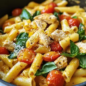 - 2 boneless, skinless chicken breasts, diced - 2 cups cherry tomatoes, halved - 3 cups fresh spinach, chopped - 2 cups penne pasta - 3 cups chicken broth - 2 tablespoons olive oil - 3 cloves garlic, minced - 1 teaspoon Italian seasoning - Salt and pepper to taste - Fresh basil leaves for garnish - Grated Parmesan cheese (optional) This recipe serves four people. You will need: - 2 boneless, skinless chicken breasts, diced into bite-sized pieces. - 2 cups cherry tomatoes, cut in half for sweetness and color. - 3 cups fresh spinach, chopped to add flavor and nutrition. - 2 cups penne pasta, which holds the sauce well. - 3 cups chicken broth for richness. - 2 tablespoons of olive oil to sauté the chicken and garlic. - 3 cloves of garlic, minced for a strong aroma. - 1 teaspoon of Italian seasoning for a blend of flavors. - Salt and pepper to taste, to enhance all the flavors. - Fresh basil leaves for garnishing, adding freshness. - Grated Parmesan cheese (optional) for a creamy finish. {{ingredient_image_1}} First, heat the olive oil in a large pot on medium heat. Add the diced chicken breasts. Season them with salt, pepper, and Italian seasoning. Sear the chicken until it's browned, about 5-7 minutes. This step gives your chicken great flavor. Next, add the minced garlic to the pot. Sauté it for about one minute until it smells nice. Then, stir in the halved cherry tomatoes and the chicken broth. Bring this mixture to a boil. The tomatoes add sweetness and depth to the dish. Once boiling, add the penne pasta. Stir well to mix everything together. Then, reduce the heat to a simmer. Cover the pot and cook for about 10-12 minutes. Stir occasionally to stop the pasta from sticking. You want the pasta to be al dente, which means it's firm but not hard. After the pasta is cooked, add the chopped spinach. Mix it in until it wilts, which takes about 2-3 minutes. Taste the dish and adjust the seasoning with more salt or pepper if needed. Let it sit for a few minutes to thicken slightly. Serve hot, garnished with fresh basil leaves and a sprinkle of grated Parmesan cheese if you like. Enjoy this easy weeknight meal! To ensure your pasta is cooked al dente, follow these steps: - Use plenty of water to boil the pasta. This helps it cook evenly. - Stir the pasta often while it cooks. This keeps it from sticking together. - Check the pasta a minute or two before the cooking time ends. It should be firm but not hard. For the chicken, here are some tips to avoid overcooking: - Cut the chicken into small, even pieces. This helps them cook faster. - Cook the chicken until it is golden brown. This should take about 5-7 minutes. - Use a meat thermometer to check the chicken's doneness. It should reach 165°F. To make your dish stand out, think about these creative plating ideas: - Use a large bowl to serve the pasta. This makes it look inviting. - Twirl the pasta on a fork before placing it on the plate. This adds height. - Arrange the spinach and tomatoes on top for a colorful finish. For garnishes, consider these options to enhance flavor: - Fresh basil leaves add a nice touch. They also bring a fresh aroma. - A sprinkle of grated Parmesan cheese can boost the taste. If you like, add this just before serving. Here are some suggestions for spices you can add: - Red pepper flakes give a nice kick. Start with a pinch and adjust to taste. - A dash of lemon juice adds brightness. This works well with the tomatoes. If you want alternatives for Parmesan cheese, try these: - Nutritional yeast adds a cheesy flavor and is dairy-free. - Crumbled feta cheese can give a salty taste. It pairs well with spinach. Pro Tips Cut Chicken Evenly: Ensure that the chicken is diced into uniform pieces so that they cook evenly throughout the dish. Quick Garlic Flavor: Sautéing the garlic for just a minute before adding other ingredients helps to release its aromatic flavor without burning it. Fresh Spinach Addition: Add the spinach at the end of cooking to retain its vibrant color and nutrients, ensuring it wilts just enough to maintain its fresh texture. Cheese Variations: Experiment with different types of cheese such as feta or mozzarella for a unique flavor twist that complements the dish. {{image_2}} You can switch the chicken for shrimp or sausage. Shrimp cooks fast and adds a fresh taste. Just toss it in during the last few minutes of cooking. Sausage gives a hearty flavor. Slice it and brown it first, then follow the same steps. For a vegetarian option, use chickpeas or tofu. They soak up flavors well. Add them with the tomatoes and broth. This way, you keep the dish filling and tasty. You can use different pasta shapes. Try fusilli, farfalle, or even spaghetti. Each shape holds the sauce differently. This makes the dish fun and unique each time. If you need gluten-free pasta, look for options made from rice or quinoa. They cook well and taste great. Just check the box for cooking time. For a creamier sauce, add heavy cream or cream cheese. This gives the dish a rich, smooth texture. Stir it in after the pasta cooks. You can also add different vegetables. Bell peppers, zucchini, or mushrooms work well. Just chop them and add them with the garlic. They add color and extra nutrients to your meal. Store your leftovers in an airtight container. Make sure to let the pasta cool first. This helps keep it fresh. You can keep it in the fridge for up to three days. When you plan to eat it, check for any signs of spoilage before reheating. To freeze, use a freezer-safe container. Divide the pasta into meal-sized portions. It’s best to freeze it without the garnishes. You can freeze it for up to three months. When ready to eat, thaw it overnight in the fridge before reheating. Reheat the pasta on the stove for best results. Add a splash of chicken broth to keep it moist. Stir gently over low heat until warmed through. You can also microwave it for 1-2 minutes. Stir halfway through to heat evenly. Adjust seasoning if needed before serving. This recipe takes about 30 minutes. You will spend 10 minutes to prep and 20 minutes to cook. It is quick and easy, perfect for a weeknight meal. Yes, you can make this dish ahead of time. Cook it fully, then cool it down. Store it in an airtight container in the fridge for up to three days. When ready to eat, reheat it on the stove or in the microwave. You can serve this dish with a fresh green salad or garlic bread. A light vinaigrette pairs well with the pasta. You might also add roasted vegetables for a hearty side. Yes, dried herbs work well too. Use about one-third the amount of dried herbs compared to fresh. Dried Italian seasoning is a good choice. It adds great flavor but may lack some freshness. This recipe for One-Pot Tomato Spinach Chicken Pasta covers the key steps and ingredients. You learned about main and extra ingredients, exact measurements, and cooking instructions. Helpful tips for cooking and storing ensure your dish comes out perfectly each time. Variations offer tasty options for different diets and preferences. With this knowledge, you can now create a delicious meal that impresses. Enjoy cooking and sharing your beautiful dish!