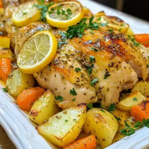 - 1 whole chicken (about 4-5 lbs) - 4 cloves garlic, minced - 2 lemons (1 sliced, 1 juiced) - 1/4 cup olive oil - 2 teaspoons dried thyme - 2 teaspoons dried rosemary - Salt and pepper to taste - 1 onion, quartered - Fresh parsley, for garnish These ingredients create a bright and zesty flavor. The whole chicken gives a juicy and tender bite. Garlic adds depth, while lemon brings a fresh, tangy taste. Thyme and rosemary add earthy notes that complement the dish beautifully. - 1 cup chicken broth or water Adding chicken broth or water in the roasting pan helps keep the chicken moist. This step can also create a tasty sauce. If you want a richer flavor, try adding fresh herbs or spices like paprika. - Olive oil can be replaced with avocado oil. - Fresh garlic can substitute for garlic powder. Use 1/8 teaspoon for each clove. - Fresh herbs like thyme and rosemary can be swapped for 1 teaspoon of dried herbs. If you can’t find a whole chicken, use chicken parts. Just adjust the cooking time as needed. These swaps help keep the dish flavorful and tasty. {{ingredient_image_1}} Start by preheating your oven to 425°F (220°C). This heat helps achieve that perfect golden skin. Next, grab your whole chicken. Pat it dry with paper towels. This step is key for crisp skin. Carefully lift the skin over the breast and thighs. Be gentle to avoid tearing. Rub some of the marinade directly onto the meat. This will add flavor from the inside out. Spread the rest of the marinade over the outside of the chicken. In a small bowl, combine four minced garlic cloves, the juice of one lemon, and 1/4 cup of olive oil. Add two teaspoons each of dried thyme and dried rosemary. Season with salt and pepper to your taste. Mix it all well until it’s smooth. This marinade is what makes your chicken burst with flavor. Take your seasoned chicken and place it in a roasting pan, breast side up. Tuck the wing tips under the body. This keeps them from burning. Stuff the cavity with quartered onion and lemon slices. These add extra flavor as the chicken roasts. If you like, pour one cup of chicken broth or water into the bottom of the pan. This step helps keep the chicken moist. Roast the chicken for about 1 hour and 15 minutes. Look for golden skin and clear juices when pierced at the thighs. The ideal internal temperature is 165°F (75°C). Once your chicken is fully roasted, take it out of the oven. Let it rest for 15 minutes. This resting time helps the juices redistribute. It keeps the meat tender and juicy when you carve it. After resting, carve the chicken and serve it on a platter. Garnish with fresh parsley for a pop of color. Enjoy your delicious lemon garlic roast chicken! To get the most flavor from your lemon garlic roast chicken, use a good marinade. Start by mixing minced garlic, lemon juice, olive oil, thyme, rosemary, salt, and pepper. Rub this mix directly on the meat under the skin. This step helps the flavors sink in well. Place lemon slices and quartered onions inside the chicken cavity. These will add extra zest while it roasts. Roasting at 425°F (220°C) gives a great result. This high heat helps cook the chicken evenly. Remember to pat the chicken dry before you season it. Dry skin will crisp up better. Tuck the wing tips under the body. This keeps them from burning while the chicken cooks. If you want more moisture, add chicken broth or water to the roasting pan. This adds steam and keeps the chicken juicy. For crispy skin, do not cover the chicken while it roasts. The dry heat helps create that golden, crunchy texture we love. Make sure to roast until the skin is golden and the juices run clear. A meat thermometer is handy here; 165°F (75°C) is the magic number for safety. Let the chicken rest for 15 minutes after roasting. This step helps the juices settle, making each bite tender and juicy. Pro Tips Resting Time: Allow the chicken to rest for 15 minutes after roasting to ensure the juices are evenly distributed, resulting in a moist and flavorful dish. Marinade Magic: For even more flavor, marinate the chicken for a few hours or overnight. This allows the herbs and garlic to penetrate the meat more thoroughly. Perfectly Crispy Skin: Patting the chicken dry before applying the marinade helps achieve that golden, crispy skin. Moisture is the enemy of crispiness! Flavorful Aromatics: Adding vegetables such as carrots, potatoes, or celery to the roasting pan not only enhances the flavor of the chicken but also creates a delicious side dish. {{image_2}} You can enhance the flavor by adding fresh herbs. Fresh thyme and rosemary work best. They give the chicken a bright taste. Chop a handful and rub it under the skin. This makes every bite full of flavor. You can also try basil or oregano for a twist. Each herb adds its own flair to this dish. Roasting vegetables with the chicken brings extra flavor. Carrots, potatoes, and onions are great choices. Cut them into large pieces and toss them in olive oil. Season with salt and pepper. Place them around the chicken in the pan. As the chicken cooks, the veggies soak up the tasty juices. This makes a complete meal in one pan. You can mix up the marinade for new tastes. Try adding honey for sweetness or mustard for tang. A splash of soy sauce can also add depth. Experiment with spices like paprika or cumin for a kick. Each variation gives the chicken a unique flavor. Don't be afraid to get creative! After enjoying your delicious lemon garlic roast chicken, let it cool. Place the leftovers in an airtight container. Make sure to keep the chicken in the fridge. It will stay fresh for up to four days. For best taste, eat it within two days. If you want to save the chicken for later, freezing is a great option. Cut the chicken into pieces for easy storage. Wrap each piece tightly in plastic wrap. Then place them in a freezer bag or airtight container. Label the bag with the date. Frozen chicken can last up to three months. When you are ready to enjoy your leftovers, be sure to reheat them safely. The oven is the best way to keep the chicken moist. Preheat your oven to 350°F (175°C). Place the chicken in a baking dish. Cover it with foil to prevent it from drying out. Heat for about 20-25 minutes or until it reaches 165°F (75°C) inside. You can also use a microwave if you're in a hurry. Just make sure to heat it evenly. Enjoy your meal! The ideal internal temperature for roast chicken is 165°F (75°C). This ensures the chicken is safe to eat. Use a meat thermometer and check the thickest part of the thigh. Juices should run clear, not pink. Reaching this temperature makes sure the meat is juicy and tender. Yes, you can use chicken parts. Drumsticks, thighs, or breasts all work well. Adjust the cooking time based on the size of the parts. Smaller pieces cook faster, so check them often. Aim for the same internal temperature of 165°F. This approach lets you enjoy the same great flavor in different forms. Leftovers can be stored in the fridge for up to four days. Make sure to place the chicken in an airtight container. You can also freeze leftovers for up to three months. Thaw them in the fridge before reheating. This keeps your chicken safe and tasty for later meals. You’ve learned how to make a great roast chicken. We covered ingredients, step-by-step instructions, and tips for the best results. You can also try variations to keep it fresh. Storing leftovers safely helps you enjoy your meal later. With these skills, your roast chicken will impress everyone. Happy cooking, and enjoy your tasty creation!