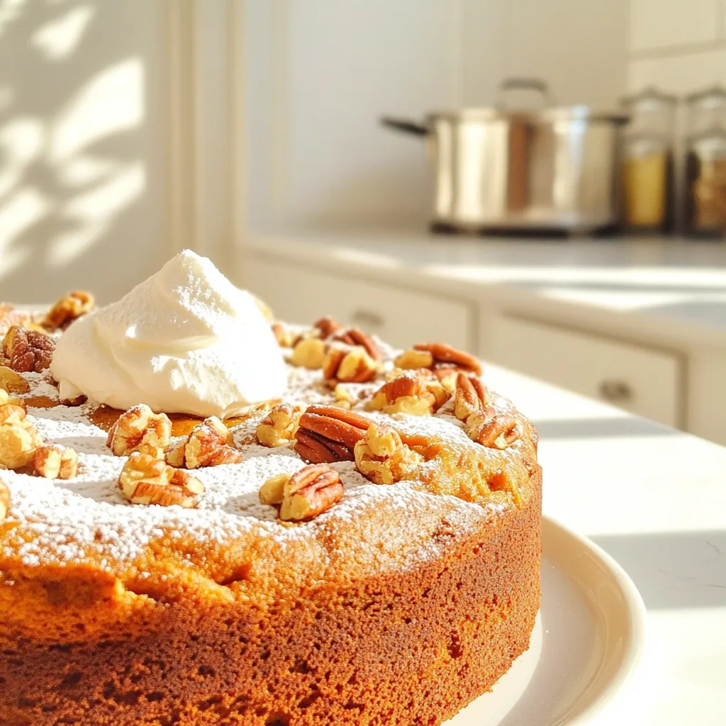 To make this delightful cake, you will need: - 1 cup pumpkin puree - 1/2 cup granulated sugar - 1/2 cup brown sugar, packed - 1/2 cup vegetable oil - 3 large eggs - 1 teaspoon vanilla extract - 1 1/2 cups all-purpose flour - 1 teaspoon baking powder - 1 teaspoon baking soda - 1 teaspoon ground cinnamon - 1/2 teaspoon ground nutmeg - 1/2 teaspoon salt - 1 cup chopped pecans These ingredients create a moist and flavorful coffee cake that shines with pumpkin and spice. For even more flavor, consider adding: - 1/2 cup chopped walnuts - 1/2 cup raisins or dried cranberries - 1 teaspoon ground ginger - 1/4 teaspoon ground cloves These extras can enhance your cake's taste and texture. If you have allergies, here are some helpful substitutes: - For eggs, use 1/4 cup unsweetened applesauce or a flax egg (1 tablespoon flaxseed meal mixed with 2.5 tablespoons water). - For gluten-free options, swap all-purpose flour with a gluten-free flour blend. - Replace vegetable oil with melted coconut oil or applesauce for a lower-fat option. These substitutions ensure everyone can enjoy this cozy treat! Start by preheating your oven to 350°F (175°C). This step is very important for even baking. Next, grab a 9x13-inch baking pan. You can grease it with butter or oil. Alternatively, line it with parchment paper for easy removal later. Either way works well. In a large mixing bowl, blend together the pumpkin puree, granulated sugar, brown sugar, and vegetable oil. Use a whisk or a spatula to mix until it's smooth. Then, add in the eggs and vanilla extract. Stir until everything is well combined. This mixture will be rich and flavorful, so take your time to mix it well. In a separate bowl, whisk together the all-purpose flour, baking powder, baking soda, ground cinnamon, ground nutmeg, and salt. This step helps to evenly distribute the baking agents and spices. It also makes sure your cake rises nicely. Once mixed, you can set this bowl aside for later. Now, slowly add the dry ingredients to the wet mixture. Stir gently until they just come together. It’s okay if there are a few lumps; do not overmix! Once combined, fold in the chopped pecans. This adds a nice crunch to your cake. Pour the batter into your prepared baking pan. Use a spatula to smooth out the top. Bake for 30-35 minutes. Check for doneness by inserting a toothpick into the center. If it comes out clean, your cake is ready. After baking, let the coffee cake cool in the pan for about 10 minutes. This helps it set. Then, transfer it to a wire rack to cool completely. For a special touch, dust the top with powdered sugar. Serve it warm with a dollop of whipped cream. Enjoy every bite with your favorite coffee or tea! To keep your coffee cake moist, use fresh pumpkin puree. This adds rich flavor and moisture. You can also mix in a bit of sour cream or yogurt. These ingredients help maintain the cake's soft texture. Remember not to overbake it. Check for doneness around 30 minutes. A toothpick should come out clean but moist. When folding in pecans, use a gentle motion. Start at the bottom and lift the batter. This keeps the air in the mix. Overmixing can make the cake tough. You want a light, fluffy texture. Just fold until the pecans are evenly mixed in. A few lumps in the batter are perfectly fine. For a lovely presentation, dust the top with powdered sugar. This adds a nice touch. Serve with a dollop of whipped cream for extra flair. A slice on a colorful plate looks great. Pair it with a warm cup of coffee or tea. This makes your coffee cake feel cozy and inviting. {{image_2}} You can make this cake gluten-free by swapping the all-purpose flour with a gluten-free blend. Look for a blend that contains xanthan gum. This helps the cake hold together well. Simply use the same amount as the regular flour in the recipe. The taste will still be delicious! If you love chocolate, throw in some chocolate chips. About one cup will work great. You can also add dried fruits like cranberries or raisins. These add a sweet and chewy texture to the cake. Mix them in just like you do with the pecans. Pecans are tasty, but you can switch them out for walnuts or almonds. Both add a nice crunch! If you want a nut-free version, feel free to skip the nuts altogether. The cake will still be rich and flavorful without them. To keep your pumpkin pecan coffee cake fresh, store it in an airtight container. This method keeps moisture in and prevents it from drying out. You can keep it at room temperature for up to three days. If you want it to last longer, consider refrigerating it. In the fridge, it stays good for about a week. Just remember to wrap it well to avoid any odors from other foods. If you want to save some for later, freezing is a great option. First, cut the cake into slices. Wrap each slice tightly in plastic wrap. Then, place the wrapped slices in a freezer-safe bag or container. This way, you can grab a piece whenever you crave it. The cake can stay frozen for up to three months. When you are ready to enjoy it, just thaw it in the fridge overnight. For the best flavor, reheat the coffee cake gently. Use your oven or a microwave. If you are using an oven, preheat it to 350°F (175°C). Place the cake on a baking sheet and heat for about 10 minutes. If you choose the microwave, heat for about 15-20 seconds. This warms the cake without making it dry. Enjoy it warm for a delightful treat! Yes, you can use fresh pumpkin. Just cook and mash it first. Fresh pumpkin gives a nice flavor. You should measure it the same way as canned puree. This swap can make your cake taste even fresher. If you want to skip eggs, use applesauce. A quarter cup of applesauce works well. You can also use mashed banana or a flaxseed mixture. Mix one tablespoon of flaxseed with three tablespoons of water. Let it sit for a few minutes before adding it to the batter. The coffee cake can last for three days at room temperature. Just keep it in an airtight container. This helps keep it moist and fresh. If it is warm, let it cool down first before sealing. Absolutely! You can bake it a day ahead. Just cover it well and store it. You can also freeze it for up to three months. Thaw it in the fridge overnight before serving. This way, your cake will be ready for your guests. You now know how to make a delicious pumpkin pecan coffee cake. We covered the key ingredients, step-by-step instructions, and many helpful tips. You can even try variations or store leftovers easily. This cake is perfect for any occasion. Remember, experimenting with flavors and substitutes can make your baking even more fun. Enjoy every bite and share with friends and family! Your next baking adventure awaits.