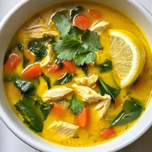 - 1 lb boneless chicken breast, diced - 1 tablespoon olive oil - 1 medium onion, chopped - 3 cloves garlic, minced - 1-inch piece fresh ginger, grated - 2 teaspoons ground turmeric - 1 teaspoon ground cumin - 1 teaspoon ground coriander - 4 cups chicken broth - 2 cups baby spinach - 1 cup carrots, sliced - 1 red bell pepper, chopped - 1 cup coconut milk - Salt and pepper to taste - Fresh cilantro, for garnish - Lemon wedges, for serving When picking chicken, look for fresh, boneless breasts. Organic or free-range chicken often tastes better. For the veggies, choose bright, firm produce. Fresh ginger and garlic pack a lot of flavor. In spices, seek out fresh turmeric and ground spices from trusted brands. They make a big difference in taste. Turmeric is the star here. It has curcumin, which fights inflammation. This can help with joint pain and digestion. Chicken provides protein, which is key for muscle health. Spinach adds iron and vitamins, boosting your energy. Carrots offer beta-carotene for eye health. Coconut milk gives creaminess and healthy fats. Each ingredient works together to nourish your body and support your health. {{ingredient_image_1}} 1. Start by heating olive oil in a large pot over medium heat. 2. Add the chopped onion and sauté for about 5 minutes. The onion should be soft and clear. 3. Next, stir in minced garlic and grated ginger. Cook for 1-2 minutes until you smell a nice aroma. 4. Now, add the diced chicken to the pot. Cook it for 5-7 minutes until it turns brown on all sides. 5. Sprinkle in the ground turmeric, cumin, and coriander. Stir well to coat the chicken and onions with spices. 6. Pour in 4 cups of chicken broth. Scrape any bits from the bottom of the pot. Bring this mixture to a boil. 7. Once boiling, lower the heat and add sliced carrots and chopped bell pepper. Let it simmer for 10 minutes. The veggies should be tender. 8. Stir in baby spinach and coconut milk. Heat this mix for another 3-5 minutes until warm. 9. Finally, season the soup with salt and pepper to taste. - Always use fresh spices for the best flavor. Old spices lose their taste. - Make sure not to crowd the pot when browning the chicken. This helps it cook evenly. - Use a wooden spoon to scrape the bottom of the pot. This adds more flavor to your soup. - Taste the soup before serving. Adjust salt and pepper to your liking. - If you have a gas stove, your soup may cook faster. Keep an eye on it. - On an electric stove, you may need to add a few extra minutes to the simmer time. - Always check the chicken for doneness. It should reach 165°F for safety. - Adjust heat levels as needed. High heat can boil the soup too quickly. When making turmeric golden chicken soup, small errors can change the taste. Here are some to watch for: - Not sautéing long enough: Sauté the onion until it’s soft. This builds flavor. - Skipping the spices: Always add spices like turmeric, cumin, and coriander early. They need time to bloom and develop their full flavor. - Overcooking the chicken: Cook the chicken just until it’s no longer pink. Overcooked chicken can become dry. To make your soup truly shine, consider these expert tips: - Use fresh ginger: Fresh ginger gives a brighter taste than dried. Grate it finely for the best flavor. - Opt for low-sodium broth: This lets you control the salt level. You can always add more if needed. - Add lemon zest: A little lemon zest enhances the soup’s brightness. It adds a lovely aroma too. Serve your turmeric golden chicken soup for a warming meal. Here are some great ideas: - Garnish with cilantro: Fresh cilantro adds color and a burst of flavor. - Include lemon wedges: Squeeze fresh lemon juice over the soup for a zesty kick. - Pair with crusty bread: A slice of warm bread makes a perfect side. It’s great for dipping! Pro Tips Use Fresh Spices: Always opt for fresh spices when possible. They enhance the flavor profile of your soup significantly compared to older, ground spices. Adjust Consistency: If you prefer a thicker soup, consider adding a tablespoon of cornstarch mixed with water towards the end of cooking. Marinate Chicken: For added flavor, marinate the diced chicken in turmeric, cumin, and a bit of salt for 30 minutes before cooking. Serve with Accompaniments: Enhance the dish by serving it with crusty bread or over a bed of rice for a more filling meal. {{image_2}} You can switch up the chicken for turkey if you want. Turkey breast works great in this soup. For a lighter option, use skinless chicken thighs. If you need a gluten-free choice, check that your broth is labeled gluten-free. You can also use vegetable broth for a different taste. Want to enhance the flavor? Try adding a bay leaf while cooking. A dash of cayenne can add some heat. For a zing, mix in a tablespoon of fish sauce. You can also add fresh herbs like basil or mint for a twist. To make this soup vegetarian or vegan, skip the chicken. Use chickpeas or lentils instead. These add protein and texture. Replace chicken broth with vegetable broth or water. You can still use coconut milk for creaminess. Add more veggies, like zucchini or mushrooms, for a hearty meal. After enjoying your Turmeric Golden Chicken Soup, store any leftovers in a safe way. First, let the soup cool to room temperature. Then, pour the soup into an airtight container. Make sure to leave some space at the top to let it expand. Seal it tightly and place it in the fridge. This will keep it fresh for about 3 to 4 days. When you're ready to enjoy your soup again, reheating it is simple. Pour the soup into a pot. Heat it on medium-low heat, stirring often. This helps avoid burning. If the soup seems thick, add a splash of water or broth. You want it nice and warm, not boiling. Taste it again for seasoning, and adjust if needed. If you want to keep the soup longer, freezing is a great option. Use a freezer-safe container or a heavy-duty freezer bag. Just like before, let the soup cool first. Then, fill the container, leaving some space for expansion. Label it with the date so you know when you made it. Your soup can last up to 3 months in the freezer. To thaw, just move it to the fridge overnight before reheating. Turmeric is a star in this soup. It has curcumin, which fights inflammation. This can help with pain and swelling in your body. Turmeric also supports your immune system. It can keep you healthy during cold months. Plus, it aids digestion, making meals easier on your tummy. Adding turmeric to your diet can boost your mood too. Overall, it makes this soup not just tasty, but also good for you. Yes, you can make this soup ahead of time. It stores well in the fridge. Just let it cool before putting it in a container. It lasts about three days. You can also freeze it for later. To freeze, use an airtight container. It can stay frozen for up to three months. When you're ready to eat, thaw it in the fridge overnight. Reheat it on the stove for the best taste. To spice up your soup, add crushed red pepper flakes or a pinch of cayenne. Start with a small amount, then taste it. If you want it milder, use less turmeric or skip the red pepper. You can also add more coconut milk to tone down the heat. Adjusting the spices lets you enjoy the soup just how you like it. This blog post covered key ingredients, step-by-step cooking, and helpful tips. You learned how to choose the best ingredients and avoid common mistakes. We discussed variations for diet needs and proper storage for leftovers. Now, you have all the tools to create a delicious and healthy soup. Enjoy trying new flavors and making it your own. Happy cooking!