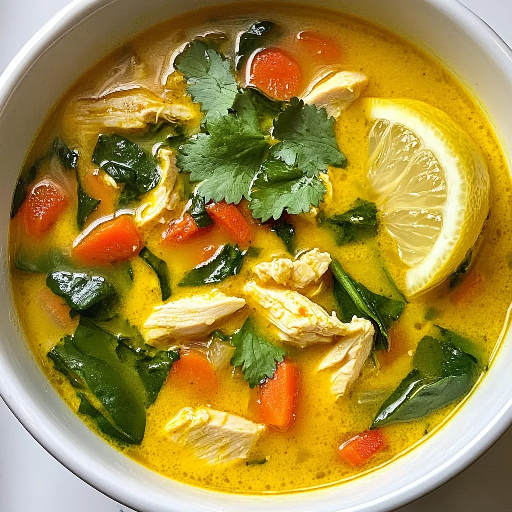 - 1 lb boneless chicken breast, diced - 1 tablespoon olive oil - 1 medium onion, chopped - 3 cloves garlic, minced - 1-inch piece fresh ginger, grated - 2 teaspoons ground turmeric - 1 teaspoon ground cumin - 1 teaspoon ground coriander - 4 cups chicken broth - 2 cups baby spinach - 1 cup carrots, sliced - 1 red bell pepper, chopped - 1 cup coconut milk - Salt and pepper to taste - Fresh cilantro, for garnish - Lemon wedges, for serving When picking chicken, look for fresh, boneless breasts. Organic or free-range chicken often tastes better. For the veggies, choose bright, firm produce. Fresh ginger and garlic pack a lot of flavor. In spices, seek out fresh turmeric and ground spices from trusted brands. They make a big difference in taste. Turmeric is the star here. It has curcumin, which fights inflammation. This can help with joint pain and digestion. Chicken provides protein, which is key for muscle health. Spinach adds iron and vitamins, boosting your energy. Carrots offer beta-carotene for eye health. Coconut milk gives creaminess and healthy fats. Each ingredient works together to nourish your body and support your health. {{ingredient_image_1}} 1. Start by heating olive oil in a large pot over medium heat. 2. Add the chopped onion and sauté for about 5 minutes. The onion should be soft and clear. 3. Next, stir in minced garlic and grated ginger. Cook for 1-2 minutes until you smell a nice aroma. 4. Now, add the diced chicken to the pot. Cook it for 5-7 minutes until it turns brown on all sides. 5. Sprinkle in the ground turmeric, cumin, and coriander. Stir well to coat the chicken and onions with spices. 6. Pour in 4 cups of chicken broth. Scrape any bits from the bottom of the pot. Bring this mixture to a boil. 7. Once boiling, lower the heat and add sliced carrots and chopped bell pepper. Let it simmer for 10 minutes. The veggies should be tender. 8. Stir in baby spinach and coconut milk. Heat this mix for another 3-5 minutes until warm. 9. Finally, season the soup with salt and pepper to taste. - Always use fresh spices for the best flavor. Old spices lose their taste. - Make sure not to crowd the pot when browning the chicken. This helps it cook evenly. - Use a wooden spoon to scrape the bottom of the pot. This adds more flavor to your soup. - Taste the soup before serving. Adjust salt and pepper to your liking. - If you have a gas stove, your soup may cook faster. Keep an eye on it. - On an electric stove, you may need to add a few extra minutes to the simmer time. - Always check the chicken for doneness. It should reach 165°F for safety. - Adjust heat levels as needed. High heat can boil the soup too quickly. When making turmeric golden chicken soup, small errors can change the taste. Here are some to watch for: - Not sautéing long enough: Sauté the onion until it’s soft. This builds flavor. - Skipping the spices: Always add spices like turmeric, cumin, and coriander early. They need time to bloom and develop their full flavor. - Overcooking the chicken: Cook the chicken just until it’s no longer pink. Overcooked chicken can become dry. To make your soup truly shine, consider these expert tips: - Use fresh ginger: Fresh ginger gives a brighter taste than dried. Grate it finely for the best flavor. - Opt for low-sodium broth: This lets you control the salt level. You can always add more if needed. - Add lemon zest: A little lemon zest enhances the soup’s brightness. It adds a lovely aroma too. Serve your turmeric golden chicken soup for a warming meal. Here are some great ideas: - Garnish with cilantro: Fresh cilantro adds color and a burst of flavor. - Include lemon wedges: Squeeze fresh lemon juice over the soup for a zesty kick. - Pair with crusty bread: A slice of warm bread makes a perfect side. It’s great for dipping! Pro Tips Use Fresh Spices: Always opt for fresh spices when possible. They enhance the flavor profile of your soup significantly compared to older, ground spices. Adjust Consistency: If you prefer a thicker soup, consider adding a tablespoon of cornstarch mixed with water towards the end of cooking. Marinate Chicken: For added flavor, marinate the diced chicken in turmeric, cumin, and a bit of salt for 30 minutes before cooking. Serve with Accompaniments: Enhance the dish by serving it with crusty bread or over a bed of rice for a more filling meal. {{image_2}} You can switch up the chicken for turkey if you want. Turkey breast works great in this soup. For a lighter option, use skinless chicken thighs. If you need a gluten-free choice, check that your broth is labeled gluten-free. You can also use vegetable broth for a different taste. Want to enhance the flavor? Try adding a bay leaf while cooking. A dash of cayenne can add some heat. For a zing, mix in a tablespoon of fish sauce. You can also add fresh herbs like basil or mint for a twist. To make this soup vegetarian or vegan, skip the chicken. Use chickpeas or lentils instead. These add protein and texture. Replace chicken broth with vegetable broth or water. You can still use coconut milk for creaminess. Add more veggies, like zucchini or mushrooms, for a hearty meal. After enjoying your Turmeric Golden Chicken Soup, store any leftovers in a safe way. First, let the soup cool to room temperature. Then, pour the soup into an airtight container. Make sure to leave some space at the top to let it expand. Seal it tightly and place it in the fridge. This will keep it fresh for about 3 to 4 days. When you're ready to enjoy your soup again, reheating it is simple. Pour the soup into a pot. Heat it on medium-low heat, stirring often. This helps avoid burning. If the soup seems thick, add a splash of water or broth. You want it nice and warm, not boiling. Taste it again for seasoning, and adjust if needed. If you want to keep the soup longer, freezing is a great option. Use a freezer-safe container or a heavy-duty freezer bag. Just like before, let the soup cool first. Then, fill the container, leaving some space for expansion. Label it with the date so you know when you made it. Your soup can last up to 3 months in the freezer. To thaw, just move it to the fridge overnight before reheating. Turmeric is a star in this soup. It has curcumin, which fights inflammation. This can help with pain and swelling in your body. Turmeric also supports your immune system. It can keep you healthy during cold months. Plus, it aids digestion, making meals easier on your tummy. Adding turmeric to your diet can boost your mood too. Overall, it makes this soup not just tasty, but also good for you. Yes, you can make this soup ahead of time. It stores well in the fridge. Just let it cool before putting it in a container. It lasts about three days. You can also freeze it for later. To freeze, use an airtight container. It can stay frozen for up to three months. When you're ready to eat, thaw it in the fridge overnight. Reheat it on the stove for the best taste. To spice up your soup, add crushed red pepper flakes or a pinch of cayenne. Start with a small amount, then taste it. If you want it milder, use less turmeric or skip the red pepper. You can also add more coconut milk to tone down the heat. Adjusting the spices lets you enjoy the soup just how you like it. This blog post covered key ingredients, step-by-step cooking, and helpful tips. You learned how to choose the best ingredients and avoid common mistakes. We discussed variations for diet needs and proper storage for leftovers. Now, you have all the tools to create a delicious and healthy soup. Enjoy trying new flavors and making it your own. Happy cooking!