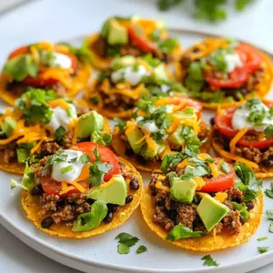 - 1 lb ground beef - 1 small onion, finely chopped - 2 cloves garlic, minced - 1 tablespoon taco seasoning - 1 can (15 oz) black beans, rinsed and drained - 8 to 10 tostada shells - 1 cup shredded lettuce - 1 cup diced tomatoes - 1 cup shredded cheddar cheese - 1 avocado, sliced - 1/4 cup sour cream - Hot sauce - Fresh cilantro, chopped (for garnish) Gathering the right ingredients makes cooking fun and easy. I love using ground beef as my main protein. It’s juicy and packed with flavor. Chopping a small onion and mincing garlic adds great taste to the mix. The taco seasoning brings everything together with its warm spices. Canned black beans are a quick and healthy addition. They boost protein and fiber. Tostada shells are your crunchy base. I enjoy using fresh toppings like crisp lettuce, juicy tomatoes, and creamy avocado. They add color and freshness to the dish. For extra flavor, I recommend sour cream and hot sauce. They add richness and a spicy kick. A sprinkle of fresh cilantro on top makes it look beautiful and bright. When you have these ingredients ready, you’re set to make tasty ground beef tostadas in just 30 minutes! {{ingredient_image_1}} - Sauté onions and garlic In a large skillet, heat the pan over medium heat. Add the finely chopped onion and minced garlic. Cook for about 2-3 minutes. You want them to be soft and fragrant. - Brown the ground beef Now, add the ground beef to the skillet. Use a wooden spoon to break it apart. Cook until the beef is browned and fully cooked, which takes about 5-7 minutes. - Add taco seasoning and black beans Once the beef is browned, stir in the taco seasoning and rinsed black beans. Mix well and cook for an additional 2-3 minutes. This allows the flavors to blend nicely. - Preheat the oven for tostada shells While the beef mixture cooks, preheat your oven to 375°F (190°C). Place the tostada shells on a baking sheet. Warm them in the oven for about 5-7 minutes. You want them crispy. - Assemble the tostadas with toppings Take the crispy tostada shells out of the oven. Spoon the beef and bean mixture generously onto each shell. Make sure each gets a good amount. - Garnishing with cilantro and serving suggestions Top each tostada with a handful of shredded lettuce, diced tomatoes, and cheddar cheese. Finish with slices of avocado and a dollop of sour cream. Don’t forget to garnish with fresh cilantro. For some heat, add hot sauce if you like. This recipe is simple and fun, perfect for a quick meal! - Using canned ingredients: Canned black beans save time and add great flavor. Rinse them well before using. This step cuts down on prep time while still giving you a hearty and tasty filling. - Preparing toppings in advance: Chop your lettuce, tomatoes, and avocado ahead of time. Store them in separate containers. This helps speed up the assembly when you are ready to eat. - Ensuring ground beef is well-cooked: Cook the ground beef until it’s brown and no longer pink. This usually takes about 5 to 7 minutes. Breaking it apart while cooking helps it cook evenly. - Best practices for warming tostada shells: Warm tostada shells in the oven at 375°F for 5 to 7 minutes. This makes them extra crispy. Keep an eye on them to avoid burning. - How to present tostadas: Arrange the tostadas on a colorful platter. Add some lime wedges on the side for a fresh touch. A sprinkle of extra cilantro brightens up the look. - Pairing ideas (sides and beverages): Serve with a side of refried beans or Mexican rice. A light beer or a refreshing iced tea pairs well with these tostadas. Consider a fruity salsa for extra zing! Pro Tips Use Lean Ground Beef: Opt for 85% lean ground beef for a balance of flavor and health. It reduces excess grease while still providing a satisfying taste. Customize Your Toppings: Feel free to mix and match toppings! Consider adding diced onions, jalapeños, or corn for an extra crunch and flavor. Toast Tostada Shells: For an even crispier texture, toast the tostada shells in a dry skillet over medium heat for a minute or two before baking. Make Ahead: Prepare the beef and bean mixture ahead of time and store it in the fridge. Just reheat and assemble the tostadas for a quick meal. {{image_2}} You can easily swap out ground beef for other proteins. Ground turkey is a lean option that works well. If you want a plant-based dish, try using lentils or black bean crumbles. These alternatives keep the meal tasty and satisfying. When it comes to toppings, the sky is the limit! You can add jalapeños for heat or diced bell peppers for sweetness. Try using Greek yogurt instead of sour cream for a healthier twist. You can also consider adding corn or olives for extra flavor and texture. For gluten-free options, choose corn tostada shells. Make sure to check the labels. You can pair these with fresh veggies and your favorite toppings. This way, you enjoy a delicious meal without gluten. If you want a vegetarian or vegan version, use black beans or chickpeas. Top with avocado, lettuce, and tomato for freshness. You can even make a cashew cream for a creamy touch. This keeps the dish hearty and nutritious. To enhance the flavor of your tostadas, consider adding spices. Cumin, paprika, or smoked chili powder can add depth. You can mix these into your beef or sprinkle them on top for an extra kick. For a zesty dressing, mix lime juice with olive oil and cilantro. This brightens up the dish and adds a refreshing twist. You could also add a splash of hot sauce for those who like more heat. To store assembled tostadas, wrap them in plastic wrap or foil. Place them in an airtight container. This keeps them fresh for up to two days in the fridge. The shells may lose some crunch, but the flavors remain. For the beef mixture, let it cool first. Then, place it in a separate airtight container. It can last in the fridge for three to four days. This method keeps the beef tasty and safe. To reheat tostadas, use the oven. Preheat it to 375°F (190°C). Place the tostadas on a baking sheet. Heat them for about 5 minutes. This warms them without making them soggy. For the beef mixture, use a skillet. Heat it over medium heat. Stir it often until hot. This method keeps the beef juicy. If needed, add a splash of water to avoid drying. Yes, you can freeze tostadas, but it's best to freeze the beef mixture. For freezing, let the beef cool completely. Then, place it in a freezer-safe bag. Squeeze out the air and seal it tight. It can last up to three months in the freezer. When ready to use, thaw it in the fridge overnight. Reheat it in a skillet for best results. For tostadas, freeze the shells separately. Keep them in a sealed bag. They can stay crispy longer this way. It takes about 10 minutes to prep and 20 minutes to cook. So, you can have these tasty tostadas ready in just 30 minutes. The quick steps keep your kitchen from getting too hot. Yes, you can prep some parts ahead. You can cook the beef and bean mix a day before. Just store it in the fridge. When you’re ready, warm it up. You can also prepare the toppings in advance. Keep the veggies and cheese in separate containers. If you need a taco seasoning swap, try mixing these spices: - 1 teaspoon chili powder - 1 teaspoon cumin - 1 teaspoon paprika - 1/2 teaspoon garlic powder - 1/2 teaspoon onion powder - 1/4 teaspoon salt These spices give great flavor to your beef. You can adjust the amounts based on your taste. You now know how to make tasty ground beef tostadas effortlessly. We covered essential ingredients, cooking steps, and clever tips. You can also explore tasty variations to suit your needs. Remember, storing leftovers properly keeps them fresh. Don’t hesitate to experiment with new flavors or alternative options. Whether for a family meal or a gathering, these tostadas are sure to impress. Enjoy creating your perfect dish!