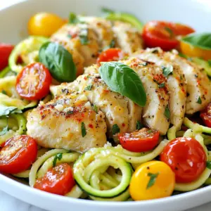 - 2 medium zucchinis, spiralized into noodles - 2 boneless, skinless chicken breasts, sliced thin - 4 cloves garlic, minced - 1 tablespoon olive oil - 1 teaspoon red pepper flakes (adjust to taste) - Salt and pepper to taste - 1 cup cherry tomatoes, halved - 1/4 cup grated Parmesan cheese (optional) - Fresh basil leaves for garnish You can swap zucchinis for yellow squash if you prefer. Chicken can change to shrimp or tofu for a different protein. If you lack fresh garlic, use minced garlic from a jar. For heat, substitute red pepper flakes with black pepper. You can also use fresh herbs like parsley if basil isn’t available. If you want a dairy-free version, skip the Parmesan cheese or use a plant-based option. When picking zucchinis, look for smooth skin and no blemishes. They should feel firm and heavy for their size. For chicken, choose breasts that are pink with no foul smell. Fresh garlic should be firm, dry, and have no sprouts. Pick cherry tomatoes that are bright and plump. Always grab the freshest herbs, as they add great flavor to your dish. {{ingredient_image_1}} To start, take two medium zucchinis. You want to spiralize them into noodles. A spiralizer works well for this. If you don't have one, use a julienne peeler or a regular vegetable peeler. Create thin strips from the zucchinis. This makes the noodles fun and light. Set them aside for later. Next, grab two boneless, skinless chicken breasts. Slice them thinly. Heat one tablespoon of olive oil in a large skillet over medium heat. Add four minced garlic cloves and one teaspoon of red pepper flakes. Sauté them for about one minute. You want the garlic fragrant but not browned. Then, add the sliced chicken to the skillet. Season it with salt and pepper. Cook for about five to seven minutes. You want the chicken to be golden brown and cooked through. Once your chicken is ready, add one cup of halved cherry tomatoes to the skillet. Cook them for two to three minutes. You want the tomatoes to soften a bit. Now, gently fold in the zucchini noodles. Cook everything together for another two to three minutes. The noodles should be tender but still al dente. Avoid overcooking them. Remove from heat, and if you like, sprinkle with 1/4 cup of grated Parmesan cheese. Toss lightly to combine. Serve your dish right away, garnishing with fresh basil leaves. Enjoy the mix of flavors! To boost the flavor of your Garlic Chicken Zucchini Noodles, use fresh herbs. Basil and parsley add a bright taste. You can also add lemon juice for a zesty kick. If you like heat, add more red pepper flakes. Remember, fresh garlic gives the best taste. You can also try adding a splash of chicken broth for extra richness. When making zoodles, aim for a firm texture. Cook them for just a few minutes. Sauté them until they're tender but still crunchy. If you cook them too long, they become mushy. Always add the zoodles last, after the chicken and tomatoes. This keeps your noodles fresh and vibrant. One common mistake is overcooking the chicken. Cook it until it's golden brown, not dry. Another mistake is cutting the zucchini too thick. Thin noodles cook better and mix well with the dish. Avoid adding too much salt at once. You can always season more later. Lastly, don't skip the fresh basil; it elevates the meal. Pro Tips Choose the Right Zucchini: Select firm, shiny zucchinis that are free from blemishes to ensure the best texture and flavor for your noodles. Perfectly Cooked Chicken: Use a meat thermometer to check if the chicken has reached an internal temperature of 165°F (75°C) for safety and juiciness. Control the Heat: Adjust the amount of red pepper flakes according to your heat preference; you can always add more but can’t take it away! Fresh Basil for Flavor: Always use fresh basil instead of dried for a more vibrant flavor; add it just before serving to keep its aroma intact. {{image_2}} You can add different proteins to this dish. If you want beef, try using thinly sliced flank steak. Shrimp also works well; just cook them until pink. You can even use tofu for a plant-based option. Mix things up depending on your taste! To make this dish vegetarian, skip the chicken. You can use mushrooms or chickpeas for protein. For a vegan version, swap Parmesan cheese with nutritional yeast. It gives a cheesy flavor without dairy. This way, everyone can enjoy a tasty meal! To change the flavor, add herbs like thyme or oregano. A splash of lemon juice brightens the dish too. You can also switch the red pepper flakes for a pinch of smoked paprika. This adds a warm, smoky taste. Feel free to experiment and find your favorite twist! To keep your Garlic Chicken Zucchini Noodles fresh, store them in an airtight container. Make sure the dish cools down before you seal it. This helps prevent moisture buildup. Place the container in the fridge. Your leftovers will stay good for up to 3 days. When you're ready to enjoy your leftovers, it's best to reheat them gently. You can use a skillet over medium heat. Add a tiny splash of olive oil to help with sticking. Stir often to heat evenly. This should take about 5 minutes. You can also use a microwave. Just heat for 1-2 minutes in a microwave-safe bowl. Stir halfway through to ensure even heating. Freezing is another option if you want to save this dish for later. However, zucchini noodles can lose their texture when frozen. If you decide to freeze, place the dish in a freezer-safe container. Make sure to label it with the date. This will help you keep track. It’s best to eat frozen leftovers within 1 month. When ready to eat, thaw overnight in the fridge and reheat as mentioned above. Yes, you can use regular pasta. Spaghetti or fettuccine works well. Just cook the pasta according to the package instructions. The cook time may change based on the type of pasta you choose. Keep in mind that this will change the dish's texture and flavor. Zucchini noodles are lighter and lower in carbs. You can use turkey, shrimp, or tofu as a substitute. For turkey, choose thin slices like chicken. Shrimp cooks quickly and adds a seafood flavor. Tofu is great for a vegetarian option. Make sure to season them well to match the garlic flavor. To make this dish gluten-free, use gluten-free pasta. There are many options available, such as rice or quinoa pasta. If you stick to zucchini noodles, you're already gluten-free. Just ensure that all sauces and seasonings are certified gluten-free. This blog post guides you through making garlic chicken zucchini noodles. We covered all the steps, from choosing fresh ingredients to cooking techniques. Remember to explore flavor variations and make substitutions to fit your needs. Storing leftovers is easy, and reheating keeps meals tasty. Feel free to try regular pasta or other proteins as options. With these insights, you can prepare a delicious meal that satisfies your cravings every time. Enjoy creating your own twist on this dish!