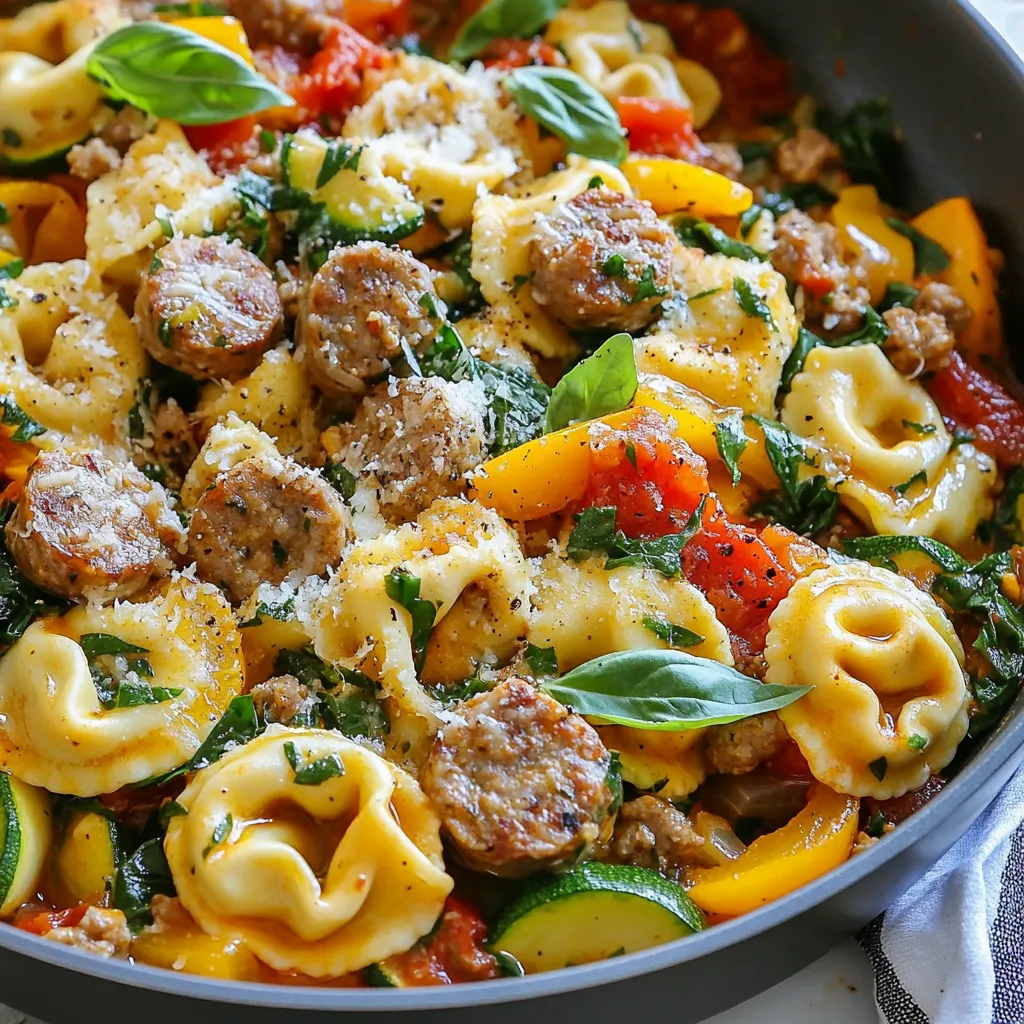 - 1 package (9 oz) cheese tortellini - 8 oz Italian sausage (mild or spicy, casing removed) - 1 tablespoon olive oil The cheese tortellini adds a creamy texture that pairs well with savory sausage. You can choose mild for a gentle flavor or spicy for a kick. The olive oil helps to sauté the ingredients, bringing out their best flavors. - 1 small onion, finely chopped - 1 bell pepper (red or green), diced - 1 zucchini, diced Onions add sweetness and depth. Bell peppers bring color and crunch. Zucchini adds a fresh taste and absorbs the dish's flavors well. - 1 can (14 oz) diced tomatoes, undrained - 1 cup vegetable broth - 1 teaspoon Italian seasoning Diced tomatoes provide acidity and moisture. Vegetable broth adds richness without overpowering. Italian seasoning blends herbs that enhance the dish's essence. {{ingredient_image_1}} - Heating the oil: Start by pouring one tablespoon of olive oil into a large skillet. Set the heat to medium. Wait for the oil to shimmer. This means it's hot enough. - Cooking the sausage: Next, take eight ounces of Italian sausage. Remove the casing and add the sausage to the skillet. Use a spoon to break it apart. Cook it for about five to seven minutes. You want it to turn brown and be fully cooked. - Incorporating onion, bell pepper, and zucchini: After the sausage is ready, chop one small onion, one bell pepper, and one zucchini. Add these to the skillet. Stir and let them cook for three to four minutes. You want them to soften. - Cooking until softened: Keep stirring often. This helps to mix the flavors. The veggies should be tender by now. - Adding garlic and seasoning: Now, take two cloves of minced garlic. Add them to the pan along with one teaspoon of Italian seasoning. Cook for one more minute. This step makes your kitchen smell great! - Introducing tomatoes and broth: Next, open a can of diced tomatoes (14 oz) and add them, juice and all, to the pan. Pour in one cup of vegetable broth. Stir everything together and bring it to a simmer. - Adding tortellini and simmering: Once simmering, grab a package of cheese tortellini (9 oz). Add it to the skillet and mix gently. Cook for four to five minutes. The tortellini should be tender and cooked through. Now, you're almost there! Next, you'll add fresh spinach and season to taste. Enjoy the process! How to perfectly brown sausage To brown sausage well, use medium heat. This helps the sausage cook evenly. Break the sausage into small pieces with a spoon. Cook for 5 to 7 minutes until it's brown. Stir it often. This keeps it from sticking and burning. Tips for cooking tortellini Cook tortellini when the dish is almost done. Add it to the skillet with the broth. This way, it soaks up the flavors. Stir gently to avoid breaking the pasta. Cook for about 4 to 5 minutes until tender. Keep an eye on it. Overcooking makes it mushy. Suggested seasonings Italian seasoning brings a lot of flavor to this dish. You can also add crushed red pepper for heat. A pinch of garlic powder boosts the garlic flavor. If you like herbs, add fresh parsley or oregano. Best toppings to use Grated Parmesan cheese is a must. It adds creaminess and saltiness. Fresh basil on top gives a nice color and taste. You can also sprinkle some black pepper for a little kick. Prep time hacks Chop your onion and bell pepper ahead of time. You can do this the night before. This way, the cooking goes faster. Use a timer to keep track of cooking times. This helps you stay organized. Using pre-chopped ingredients Consider buying pre-chopped vegetables at the store. They save a lot of time. You can find diced onions and peppers in the produce section. This makes putting the dish together super easy. Pro Tips Tip for Tortellini Cooking: Cook the tortellini just until al dente, as they will continue to cook slightly in the hot sauce. Tip for Sausage Flavor: If you want a deeper flavor, consider browning the sausage a bit longer until it's nicely caramelized. Tip for Added Vegetables: Feel free to add other vegetables like mushrooms or broccoli for extra nutrition and flavor. Tip for Creaminess: For a creamier dish, stir in a splash of heavy cream or a dollop of ricotta cheese just before serving. {{image_2}} You can switch out the sausage for chicken or turkey. Both options work well and keep the dish tasty. Ground chicken or turkey will cook fast and soak up the flavors. For a vegetarian version, try using plant-based sausage or beans. These will add protein and a nice texture. You can also use lentils for a hearty touch. You can add more veggies to boost nutrition. Think about spinach, kale, or broccoli. Carrots or peas also work well for color and crunch. Seasonal veggies are great too. In summer, add fresh tomatoes or corn. In fall, try butternut squash or pumpkin. Each season brings new flavors to explore. You can choose between a creamy or tomato-based sauce. A creamy sauce gives a rich taste, while a tomato sauce adds brightness. If you want a deeper flavor, adjust the broth. You can mix in chicken broth or add a splash of wine for more depth. Both options will make your dish shine. To store leftovers, let them cool before putting them in the fridge. Use airtight containers to keep the tortellini fresh. This helps keep flavors strong and prevents drying out. Leftovers can last up to three days in the fridge. Recommended storage containers include glass or BPA-free plastic. These types seal well and keep food safe. They also help you see the contents easily. The best methods for reheating are on the stove or in the microwave. On the stove, add a little water or broth to keep it moist. Heat on low to avoid burning. Stir often for even warming. To reheat in the microwave, use a microwave-safe bowl. Add a splash of water and cover loosely. Heat for one minute, then stir. Repeat until hot. This will help avoid sogginess in the tortellini. For longer storage, you can freeze this dish. First, let it cool completely. Then, place it in a freezer-safe container. Make sure to leave some space for expansion. Label the container with the date. It can last up to three months in the freezer. When you're ready to eat, thaw the dish in the fridge overnight. For quicker thawing, you can use the microwave. Heat on the defrost setting until soft. Then, reheat on the stove or microwave as described. Can I use frozen tortellini? Yes, you can use frozen tortellini. Just add a few extra minutes to the cooking time. Check the package for specific cooking instructions. Frozen tortellini cooks well in the same skillet. How long does it take to cook tortellini? It takes about 4-5 minutes to cook tortellini. You will know they are done when they float to the top of the pan. Make sure to stir gently to avoid sticking. What can I use instead of Italian sausage? You can use chicken or turkey sausage for a lighter option. If you want a vegetarian dish, try using lentils or mushrooms. These choices can add great flavor and texture. Can I use a different type of cheese tortellini? Absolutely! You can use any cheese tortellini you like. Try spinach or mushroom tortellini for a fun twist. Just keep the cooking time the same. Is this recipe gluten-free? No, this recipe is not gluten-free due to the tortellini. However, you can find gluten-free tortellini made from rice or corn flour. This will make the dish safe for gluten-free diets. Can it be made dairy-free? Yes, you can make it dairy-free. Use dairy-free cheese or omit the cheese altogether. This way, everyone can enjoy the dish without dairy. In this post, we explored a simple recipe for one pan tortellini with sausage. We covered the key ingredients like cheese tortellini and Italian sausage, along with fresh veggies like zucchini. I shared step-by-step instructions to make cooking easy. You'll find tips for enhancing flavor and time-saving strategies, plus variations to suit your taste. Finally, I included storage and reheating tips to enjoy leftovers. This dish is quick, tasty, and adaptable. Enjoy making it your own!