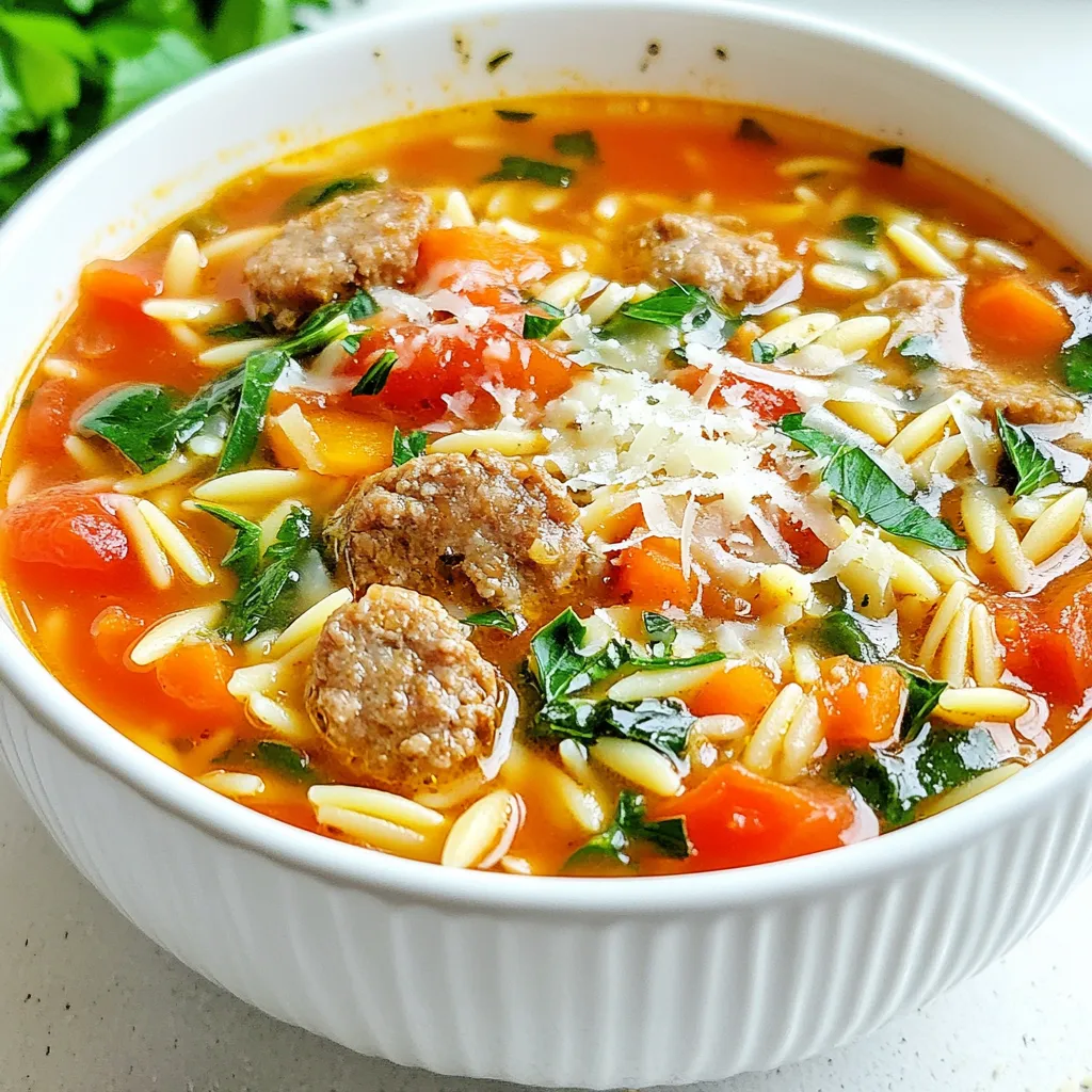 To make Italian sausage orzo soup, you need a few simple items. Here’s the list: - 1 pound Italian sausage (mild or spicy, based on preference) - 1 medium onion, diced - 2 cloves garlic, minced - 2 carrots, diced - 2 celery stalks, diced - 1 can (14.5 ounces) diced tomatoes, with juice - 6 cups chicken broth - 1 cup orzo pasta - 1 teaspoon dried oregano - 1 teaspoon dried basil - 1 bay leaf - Salt and pepper to taste - 2 cups fresh spinach - Grated Parmesan cheese for serving - Fresh parsley for garnish Each ingredient plays a key role in making this soup tasty. The Italian sausage brings rich flavor. Use mild sausage for a light taste or spicy for a kick. Fresh vegetables like onion, carrots, and celery add crunch and nutrition. Garlic enhances the aroma and taste. Canned tomatoes provide a tangy base. Chicken broth adds depth and warmth. Orzo pasta makes the soup hearty and filling. Dried herbs like oregano and basil bring in classic Italian flavors. Spinach adds color and health. Finally, Parmesan cheese and parsley garnish the soup, making it look great and taste even better. This soup is not just a meal; it’s a bowl of comfort. {{ingredient_image_1}} First, take a large pot or Dutch oven. Heat a little olive oil over medium heat. Add 1 pound of Italian sausage to the pot. You can choose mild or spicy sausage based on your taste. Cook the sausage for about 5-7 minutes. Use a spoon to break it up as it cooks. When it’s browned, remove it with a slotted spoon. Set it aside and keep the fat in the pot. Now, it’s time for the veggies! Add 1 diced onion, 2 diced carrots, and 2 diced celery stalks to the pot. Sauté these for about 5-6 minutes. You want the vegetables to soften. Then, stir in 2 minced garlic cloves. Cook for another 1-2 minutes until you smell the garlic’s wonderful aroma. Next, add the canned diced tomatoes (with juice) and 6 cups of chicken broth to the pot. Also, add the cooked sausage back in. Toss in 1 teaspoon of dried oregano, 1 teaspoon of dried basil, and 1 bay leaf. Bring this mixture to a boil. Once it bubbles, lower the heat to let it simmer. Add 1 cup of orzo pasta and cook for about 8-10 minutes. Stir it now and then to keep it from sticking. After the orzo is tender, remove the bay leaf. Stir in 2 cups of fresh spinach until it wilts, which takes about 2 minutes. Taste your soup and add salt and pepper as needed. Serve the soup hot. For a nice touch, top each bowl with grated Parmesan cheese and chopped fresh parsley. Enjoy this warm, hearty meal! Choosing the right Italian sausage makes a big difference. You can pick mild or spicy sausage. If you like heat, go for spicy. If you prefer a subtle taste, mild works best. Look for fresh sausage at your local market. Check the label for quality ingredients. Avoid sausages with too many fillers. A good sausage has a rich flavor that adds depth to the soup. Orzo cooks fast, so keep an eye on it. Add it to the pot only when the soup is boiling. Stir it often to stop it from sticking together. I suggest cooking it for just 8-10 minutes. Taste it to check if it's tender. If you cook it too long, it can turn mushy. You want each orzo piece to be firm and chewy. Fresh herbs bring life to your soup. I love adding fresh parsley and spinach right before serving. They add color and freshness. You can also try basil or dill for a twist. Use herbs that you enjoy. Always chop them finely to spread their flavor evenly. Adding herbs at the end keeps their taste bright and vibrant. Pro Tips Choose Your Sausage Wisely: If you enjoy a bit of heat, opt for spicy Italian sausage; otherwise, mild sausage works beautifully for a comforting flavor. Fresh Herbs Make a Difference: Whenever possible, use fresh basil instead of dried for a burst of flavor that elevates the soup. Don’t Overcook the Orzo: Keep an eye on the orzo as it cooks; overcooking can make it mushy. Aim for al dente for the best texture. Enhance with Lemon: A squeeze of fresh lemon juice right before serving adds a bright acidity that complements the richness of the soup. {{image_2}} You can boost nutrition by adding more veggies. Try bell peppers or zucchini. These add color and taste. You can also toss in green beans or peas. Just chop them small and add them when you sauté the other vegetables. This makes the soup even heartier and more filling. While orzo is great, you can switch it up! Try small shapes like ditalini or even elbow macaroni. If you prefer whole grain, use whole wheat pasta. Keep in mind that cooking times may change. Add the pasta in the last few minutes, just until it’s tender. You can easily make this soup vegetarian. Replace the Italian sausage with plant-based sausage. Use vegetable broth instead of chicken broth. Add more beans or lentils for protein. You can keep the same veggies too. This version is just as tasty and satisfying. After enjoying this Italian sausage orzo soup, you may have some left. To store it, let the soup cool to room temperature. Then, pour it into an airtight container. This keeps the flavors fresh. Place the container in the fridge. The soup will stay good for about 3 to 4 days. If you want to keep it longer, freezing is a great option. To freeze this soup, first cool it completely. Then, use freezer-safe bags or containers. Leave some space at the top. This allows for expansion when it freezes. Label the bags with the date and type of soup. The soup can last up to 3 months in the freezer. When you are ready to eat it, just thaw it overnight in the fridge. Reheating this soup is quick and easy. If it's in the fridge, just pour it into a pot. Heat it over medium heat until it’s hot. Stir it often to keep it from sticking. If reheating frozen soup, let it thaw first. You can also microwave it. Use a microwave-safe bowl and cover it loosely. Heat it in short bursts, stirring in between. Enjoy it hot, topped with some grated Parmesan cheese! Yes, you can make this soup in a slow cooker. Start by browning the Italian sausage in a skillet. After that, transfer the sausage to the slow cooker. Add all the vegetables, diced tomatoes, broth, seasonings, and orzo. Cook on low for 6-8 hours or on high for 3-4 hours. Stir in the fresh spinach right before serving. To make this soup spicier, choose spicy Italian sausage. You can also add red pepper flakes to the pot. Start with a pinch and taste as you go. If you want more heat, add more. Another option is to add diced jalapeños or hot sauce. If you don't have orzo, there are great substitutes. You can use small pasta shapes like ditalini or acini di pepe. Rice or quinoa can also work well in this soup. Adjust the cooking time as needed, since they may take longer to cook. In this blog post, I covered the key steps to make a tasty soup. We discussed the ingredients, from flavorful Italian sausage to fresh greens. I outlined cooking methods and shared tips to avoid overcooked orzo. You can also try fun variations, like adding extra veggies or making it vegetarian. For storage, I included how to keep leftovers fresh. This soup is simple to make and full of flavor. Try it today!
