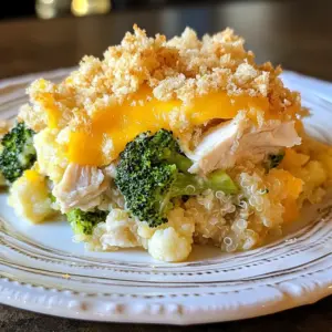 To make the Amazing Chicken Casserole, you need these main ingredients: - 2 cups cooked chicken, shredded - 1 cup broccoli florets - 1 cup cauliflower florets - 1 cup cooked quinoa - 1 can (10.5 oz) cream of mushroom soup - 1 cup sour cream - 1 cup shredded cheese (cheddar or mozzarella) - 1 teaspoon garlic powder - 1 teaspoon onion powder - 1 teaspoon paprika - Salt and pepper to taste - 2 tablespoons olive oil These ingredients work together to create a creamy and hearty dish. The chicken provides protein, while the broccoli and cauliflower add a lovely crunch. Quinoa gives it a nice texture and boosts nutrition. You can add breadcrumbs on top for an extra crunch. - 1 cup breadcrumbs (optional for topping) Breadcrumbs help create a golden crust. They add texture and make the dish even more satisfying. Drizzling with olive oil helps the breadcrumbs brown. If you have dietary needs, here are some easy swaps: - Use gluten-free breadcrumbs instead of regular ones. - Swap quinoa for brown rice or any grain you prefer. - Choose dairy-free sour cream and cheese for a vegan option. These substitutions keep the dish delicious while meeting your needs. You can enjoy this casserole no matter your dietary choices. {{ingredient_image_1}} 1. First, preheat your oven to 350°F (175°C). This helps cook the casserole evenly. 2. In a large bowl, mix 2 cups of shredded chicken, 1 cup of broccoli florets, 1 cup of cauliflower florets, and 1 cup of cooked quinoa. Stir well to combine. 3. In another bowl, whisk together 1 can of cream of mushroom soup, 1 cup of sour cream, 1 teaspoon of garlic powder, 1 teaspoon of onion powder, 1 teaspoon of paprika, and salt and pepper to taste. Make sure this mixture is smooth. 4. Pour the soup mixture over the chicken and veggies. Stir until everything is coated well. 5. Transfer the mixture into a greased 9x13-inch casserole dish. This will prevent sticking. 6. If you want a crunchy top, sprinkle 1 cup of breadcrumbs over the casserole. Drizzle 2 tablespoons of olive oil on top to help the breadcrumbs brown. 7. Add 1 cup of shredded cheese on top. You can use cheddar or mozzarella, depending on your taste. 8. Cover the dish with aluminum foil and bake for 25-30 minutes. This traps steam and keeps it moist. 9. After that, remove the foil and bake for an additional 10-15 minutes. Look for bubbly and golden cheese. 10. Let the casserole cool for a few minutes before serving. This makes it easier to cut and serve. - Serve with a fresh salad or crusty bread for a complete meal. - You can also top the casserole with fresh herbs like parsley for added flavor. - Leftovers can be stored in the fridge and reheated for another meal. To boost the flavor of your casserole, use fresh herbs. Chopped parsley or thyme adds zest. You can also mix in some sautéed onions or mushrooms for depth. If you like spice, add a pinch of cayenne pepper or a splash of hot sauce. Another trick is to use rotisserie chicken instead of plain cooked chicken. This adds a rich, savory taste to the dish. After serving, let the casserole cool. Cover it tightly with plastic wrap or aluminum foil. Store it in the fridge for up to three days. If you want to keep it longer, freeze it. Wrap it well in plastic, then put it in a freezer-safe container. It can last for up to three months in the freezer. To reheat, simply take it out of the fridge or freezer. If frozen, let it thaw in the fridge overnight. Preheat your oven to 350°F (175°C). Place the casserole in the oven for about 20-30 minutes. Cover it with foil to prevent it from drying out. If you want a crisp top, remove the foil for the last 10 minutes. Enjoy it warm and delicious! Pro Tips Tip Title 1: Using leftover rotisserie chicken can save you time and add flavor to your casserole. Tip Title 2: For a healthier option, substitute Greek yogurt for sour cream in the recipe. Tip Title 3: Add extra vegetables like bell peppers or carrots for added nutrition and color. Tip Title 4: Let the casserole sit for a few minutes after baking to help it set and make serving easier. {{image_2}} You can easily change the flavors in this casserole. Try using different veggies like spinach or bell peppers. Swap quinoa for rice or pasta for a new texture. Add herbs like thyme or rosemary for an earthy taste. If you want more spice, add diced jalapeños or chili powder. You can also replace the cream of mushroom soup with cream of chicken or even a homemade sauce. To make this dish gluten-free, use gluten-free breadcrumbs or skip them altogether. Ensure your cream of mushroom soup is gluten-free too. Many brands offer this option. Quinoa is naturally gluten-free, making it a great choice for the base. You can also use brown rice or cauliflower rice for a tasty twist. You can make this casserole vegetarian by omitting the chicken. Use beans or lentils instead for protein. Replace the chicken with extra vegetables, like zucchini or mushrooms. For a creamier texture, add extra sour cream or a plant-based alternative. Make sure the cream of mushroom soup is vegetarian too. This way, everyone can enjoy a delicious, hearty meal. To store your amazing chicken casserole, let it cool first. Once cooled, cover it tightly with plastic wrap or aluminum foil. You can also use an airtight container. This keeps the casserole fresh. Store it in the fridge for up to three days. Make sure to label it with the date for easy tracking. Freezing is a great way to save leftovers. First, let the casserole cool completely. Then, cut it into individual portions. Wrap each portion in plastic wrap, then in foil. You can also use freezer-safe containers. This helps prevent freezer burn. Store it in the freezer for up to three months. When you're ready to eat, thaw it in the fridge overnight. Stored in the fridge, the casserole lasts about three days. After that, it may lose taste or texture. If frozen, it remains good for about three months. To ensure safety, always check for changes in smell or appearance before eating. If in doubt, throw it out! Yes, you can use fresh vegetables. Fresh broccoli and cauliflower work well. Just chop them into small pieces. Cooking time may change if you use raw veggies. They might need a bit longer to cook. You can prepare the chicken casserole a day before. Mix all the ingredients and place them in the dish. Cover and store it in the fridge. When ready to bake, just add a few extra minutes to the cooking time. Chicken casserole pairs well with a simple green salad. You can also serve it with bread or rolls. For extra flavor, try garlic bread or cornbread on the side. These options complement the creamy casserole nicely. This post covered key ingredients for your casserole, including main and optional choices. It laid out simple steps for preparing, baking, and serving. You learned helpful tips for flavor, storage, and reheating. Variations like gluten-free and vegetarian options make this dish more flexible. Finally, storing leftovers properly keeps your meal fresh longer. Choose flavors and ingredients that suit you. Enjoy cooking and sharing your casserole with others!