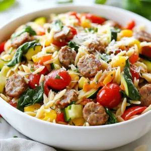 To make this tasty dish, gather these ingredients: - 1 cup orzo pasta - 2 Italian sausages (mild or spicy, casings removed) - 1 tablespoon olive oil - 1 medium onion, finely chopped - 2 cloves garlic, minced - 1 red bell pepper, diced - 1 zucchini, diced - 1 teaspoon dried oregano - 1 teaspoon dried basil - 4 cups chicken or vegetable broth - 1 cup cherry tomatoes, halved - 1 cup fresh spinach - Salt and pepper to taste - Grated Parmesan cheese (for serving) For those who need conversions: - 1 cup = 240 milliliters - 1 tablespoon = 15 milliliters - 1 teaspoon = 5 milliliters When picking Italian sausage, aim for quality. Look for sausages with fresh herbs and spices. Check the label for natural ingredients. Choose mild if you prefer less heat. Go for spicy for a kick. For orzo, opt for whole grain if you want more fiber. It is nutty and delicious. Check the package for cooking time to avoid overcooking. {{ingredient_image_1}} Before you start cooking, gather all your ingredients. This makes the process smooth. You need: - 1 cup orzo pasta - 2 Italian sausages (mild or spicy, casings removed) - 1 tablespoon olive oil - 1 medium onion, finely chopped - 2 cloves garlic, minced - 1 red bell pepper, diced - 1 zucchini, diced - 1 teaspoon dried oregano - 1 teaspoon dried basil - 4 cups chicken or vegetable broth - 1 cup cherry tomatoes, halved - 1 cup fresh spinach - Salt and pepper to taste - Grated Parmesan cheese (for serving) Chop your veggies and measure out the broth. This saves time later. 1. Heat a large skillet over medium heat. Add the olive oil. 2. Add the Italian sausages, breaking them apart with a wooden spoon. Cook for 5-7 minutes until browned. 3. Remove the sausage from the skillet and set aside. 4. In the same skillet, add the chopped onion and minced garlic. Cook for 3-4 minutes until soft. 5. Add the diced red bell pepper and zucchini. Sauté for another 5 minutes until tender. 6. Stir in the dried oregano and dried basil. Mix well. 7. Pour in the chicken or vegetable broth and bring to a boil. 8. Add the orzo pasta and cook for 8-10 minutes, stirring often. 9. When the orzo is al dente, add the cherry tomatoes, cooked sausage, and fresh spinach. 10. Stir until the spinach wilts, about 2 minutes. 11. Season with salt and pepper to taste. 12. Serve hot, topped with grated Parmesan cheese. Cooking on the stovetop takes about 30 minutes total. If you use an Instant Pot, it will save time. Cook the sausage first, then add all other ingredients. Set it for 5 minutes on high pressure. After that, let it release naturally for 5 minutes. This method gives you a similar result but cuts the time down. To get the best texture for your orzo, follow these steps: - Use plenty of water: Ensure you have enough water in the pot. This helps the orzo cook evenly. - Stir often: Stirring prevents the orzo from clumping together. It keeps it light and fluffy. - Cook until al dente: Follow the package instructions. Al dente orzo has a slight bite and is perfect in this dish. - Do not rinse: Rinsing orzo removes the starch. This starch helps the sauce cling to the pasta. Enhancing the flavor of your Italian Sausage Orzo is easy. Here are some ideas: - Fresh herbs: Add fresh basil or parsley at the end for a bright flavor. - Chili flakes: For a kick, sprinkle in some chili flakes while cooking. - Lemon zest: A bit of lemon zest brightens the dish. Just a small amount goes a long way. - Parmesan cheese: Mixing in grated Parmesan adds a nice depth. You can also sprinkle more on top when serving. Pairing sides with your Italian Sausage Orzo makes the meal special. Consider these options: - Garlic bread: A slice of warm garlic bread complements the dish well. - Simple salad: A fresh salad with greens and cherry tomatoes works great. - Roasted vegetables: Serve some seasonal roasted veggies on the side for extra flavor and nutrition. - Wine pairing: Enjoy a glass of Chianti or a light white wine for a perfect match. Pro Tips Use Fresh Ingredients: Always opt for fresh vegetables and herbs to enhance the flavors in your dish. Fresh produce can elevate the taste and texture of your orzo. Customize the Heat: If you prefer a spicier dish, use hot Italian sausage or add red pepper flakes to the sautéed vegetables for an extra kick. Cook the Orzo Properly: Stir the orzo frequently while it cooks to prevent it from sticking together. This will ensure a creamy and well-integrated dish. Garnish with Fresh Herbs: Finish your dish with a sprinkle of fresh basil or parsley before serving to add a pop of color and fresh flavor. {{image_2}} You can easily make Italian Sausage Orzo fit your diet. For a gluten-free version, swap orzo for gluten-free pasta. Many brands offer great options that taste just as good. If you're vegetarian, replace the sausage with plant-based sausage. You can also use mushrooms for a hearty texture. They add umami flavor, making your dish rich and satisfying. You can control the heat in this dish. For a spicy kick, use hot Italian sausage. If you prefer mild flavors, stick with sweet Italian sausage. You can also add red pepper flakes for extra heat. Just sprinkle them in while cooking the sausage. This way, you get a warm, flavorful dish that suits your taste. Seasonal veggies can add color and nutrition to your orzo. In spring, add peas or asparagus. These veggies brighten the dish and add freshness. In summer, try adding corn or diced tomatoes. They bring sweetness and juiciness. In fall, butternut squash or kale work well, giving a hearty feel. Each season offers great options to keep this dish exciting and tasty. To store leftover Italian Sausage Orzo, let it cool down first. Once cooled, place it in an airtight container. Make sure to cover it well. This helps keep it fresh. You can store it in the fridge for up to three days. If you want to keep it longer, freezing is a great option. When you’re ready to eat the leftovers, you need to reheat them. You can use a skillet or microwave. If using a skillet, add a splash of broth or water. This keeps the orzo from drying out. Heat it over medium heat until warm. If using the microwave, put it in a bowl with a lid. Heat in short bursts, stirring in between. This ensures even heating. To freeze Italian Sausage Orzo, first, let it cool completely. Then, scoop it into freezer-safe bags or containers. Make sure to remove as much air as you can. Label the bags with the date. You can freeze it for up to three months. When you’re ready to eat it, thaw it in the fridge overnight. Reheat as mentioned above for best results. Yes, you can make Italian Sausage Orzo ahead of time. Just cook it fully and let it cool. Store in an airtight container in the fridge. It will last for up to three days. When ready to eat, simply reheat it on the stove or in the microwave. Italian Sausage Orzo pairs well with many dishes. Consider serving it with a fresh salad or garlic bread. A side of steamed vegetables also complements the flavors nicely. You can even top it with extra grated Parmesan cheese for a richer taste. Orzo is cooked perfectly when it is al dente. This means it should be firm to the bite but not crunchy. Follow the package instructions, usually around 8-10 minutes. Taste a piece to check if it’s done. It should not be mushy. Absolutely! You can use other types of sausage in this recipe. Chicken, turkey, or even plant-based sausage work well. Adjust the spices to match the flavor of the sausage you choose. Each type will give a unique twist to the dish. Yes, Italian Sausage Orzo is great for meal prep. It stores well and reheats easily. Portion it out into containers for quick lunches or dinners. This dish also keeps its flavor, making it a perfect choice for a busy week ahead. This blog post covered all you need for Italian Sausage Orzo. We discussed key ingredients, step-by-step cooking, and storage methods. You learned tips for perfect texture and flavor. Plus, we shared variations to meet your needs. Take these ideas and create your own delicious dish. Enjoy the process and make it yours! With practice, you’ll master this tasty meal in no time. Your kitchen adventure awaits!