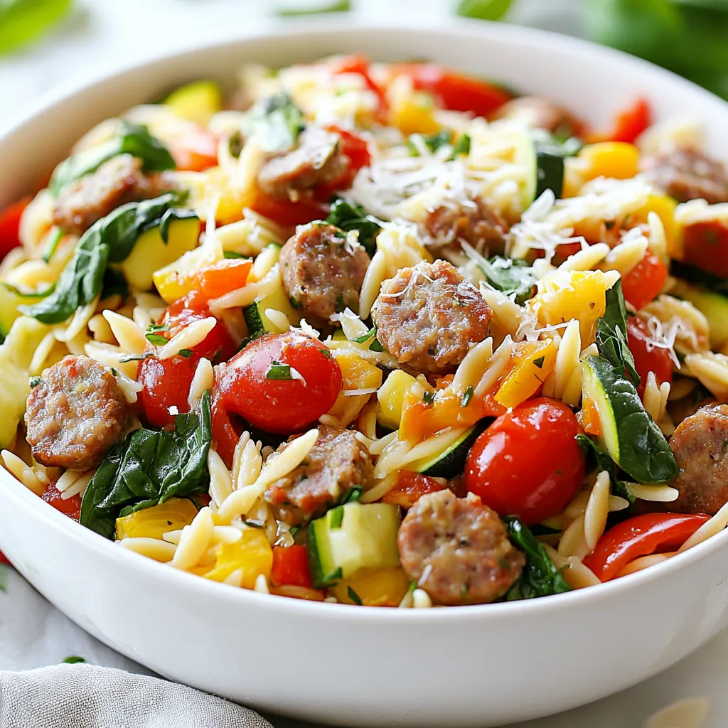 To make this tasty dish, gather these ingredients: - 1 cup orzo pasta - 2 Italian sausages (mild or spicy, casings removed) - 1 tablespoon olive oil - 1 medium onion, finely chopped - 2 cloves garlic, minced - 1 red bell pepper, diced - 1 zucchini, diced - 1 teaspoon dried oregano - 1 teaspoon dried basil - 4 cups chicken or vegetable broth - 1 cup cherry tomatoes, halved - 1 cup fresh spinach - Salt and pepper to taste - Grated Parmesan cheese (for serving) For those who need conversions: - 1 cup = 240 milliliters - 1 tablespoon = 15 milliliters - 1 teaspoon = 5 milliliters When picking Italian sausage, aim for quality. Look for sausages with fresh herbs and spices. Check the label for natural ingredients. Choose mild if you prefer less heat. Go for spicy for a kick. For orzo, opt for whole grain if you want more fiber. It is nutty and delicious. Check the package for cooking time to avoid overcooking. {{ingredient_image_1}} Before you start cooking, gather all your ingredients. This makes the process smooth. You need: - 1 cup orzo pasta - 2 Italian sausages (mild or spicy, casings removed) - 1 tablespoon olive oil - 1 medium onion, finely chopped - 2 cloves garlic, minced - 1 red bell pepper, diced - 1 zucchini, diced - 1 teaspoon dried oregano - 1 teaspoon dried basil - 4 cups chicken or vegetable broth - 1 cup cherry tomatoes, halved - 1 cup fresh spinach - Salt and pepper to taste - Grated Parmesan cheese (for serving) Chop your veggies and measure out the broth. This saves time later. 1. Heat a large skillet over medium heat. Add the olive oil. 2. Add the Italian sausages, breaking them apart with a wooden spoon. Cook for 5-7 minutes until browned. 3. Remove the sausage from the skillet and set aside. 4. In the same skillet, add the chopped onion and minced garlic. Cook for 3-4 minutes until soft. 5. Add the diced red bell pepper and zucchini. Sauté for another 5 minutes until tender. 6. Stir in the dried oregano and dried basil. Mix well. 7. Pour in the chicken or vegetable broth and bring to a boil. 8. Add the orzo pasta and cook for 8-10 minutes, stirring often. 9. When the orzo is al dente, add the cherry tomatoes, cooked sausage, and fresh spinach. 10. Stir until the spinach wilts, about 2 minutes. 11. Season with salt and pepper to taste. 12. Serve hot, topped with grated Parmesan cheese. Cooking on the stovetop takes about 30 minutes total. If you use an Instant Pot, it will save time. Cook the sausage first, then add all other ingredients. Set it for 5 minutes on high pressure. After that, let it release naturally for 5 minutes. This method gives you a similar result but cuts the time down. To get the best texture for your orzo, follow these steps: - Use plenty of water: Ensure you have enough water in the pot. This helps the orzo cook evenly. - Stir often: Stirring prevents the orzo from clumping together. It keeps it light and fluffy. - Cook until al dente: Follow the package instructions. Al dente orzo has a slight bite and is perfect in this dish. - Do not rinse: Rinsing orzo removes the starch. This starch helps the sauce cling to the pasta. Enhancing the flavor of your Italian Sausage Orzo is easy. Here are some ideas: - Fresh herbs: Add fresh basil or parsley at the end for a bright flavor. - Chili flakes: For a kick, sprinkle in some chili flakes while cooking. - Lemon zest: A bit of lemon zest brightens the dish. Just a small amount goes a long way. - Parmesan cheese: Mixing in grated Parmesan adds a nice depth. You can also sprinkle more on top when serving. Pairing sides with your Italian Sausage Orzo makes the meal special. Consider these options: - Garlic bread: A slice of warm garlic bread complements the dish well. - Simple salad: A fresh salad with greens and cherry tomatoes works great. - Roasted vegetables: Serve some seasonal roasted veggies on the side for extra flavor and nutrition. - Wine pairing: Enjoy a glass of Chianti or a light white wine for a perfect match. Pro Tips Use Fresh Ingredients: Always opt for fresh vegetables and herbs to enhance the flavors in your dish. Fresh produce can elevate the taste and texture of your orzo. Customize the Heat: If you prefer a spicier dish, use hot Italian sausage or add red pepper flakes to the sautéed vegetables for an extra kick. Cook the Orzo Properly: Stir the orzo frequently while it cooks to prevent it from sticking together. This will ensure a creamy and well-integrated dish. Garnish with Fresh Herbs: Finish your dish with a sprinkle of fresh basil or parsley before serving to add a pop of color and fresh flavor. {{image_2}} You can easily make Italian Sausage Orzo fit your diet. For a gluten-free version, swap orzo for gluten-free pasta. Many brands offer great options that taste just as good. If you're vegetarian, replace the sausage with plant-based sausage. You can also use mushrooms for a hearty texture. They add umami flavor, making your dish rich and satisfying. You can control the heat in this dish. For a spicy kick, use hot Italian sausage. If you prefer mild flavors, stick with sweet Italian sausage. You can also add red pepper flakes for extra heat. Just sprinkle them in while cooking the sausage. This way, you get a warm, flavorful dish that suits your taste. Seasonal veggies can add color and nutrition to your orzo. In spring, add peas or asparagus. These veggies brighten the dish and add freshness. In summer, try adding corn or diced tomatoes. They bring sweetness and juiciness. In fall, butternut squash or kale work well, giving a hearty feel. Each season offers great options to keep this dish exciting and tasty. To store leftover Italian Sausage Orzo, let it cool down first. Once cooled, place it in an airtight container. Make sure to cover it well. This helps keep it fresh. You can store it in the fridge for up to three days. If you want to keep it longer, freezing is a great option. When you’re ready to eat the leftovers, you need to reheat them. You can use a skillet or microwave. If using a skillet, add a splash of broth or water. This keeps the orzo from drying out. Heat it over medium heat until warm. If using the microwave, put it in a bowl with a lid. Heat in short bursts, stirring in between. This ensures even heating. To freeze Italian Sausage Orzo, first, let it cool completely. Then, scoop it into freezer-safe bags or containers. Make sure to remove as much air as you can. Label the bags with the date. You can freeze it for up to three months. When you’re ready to eat it, thaw it in the fridge overnight. Reheat as mentioned above for best results. Yes, you can make Italian Sausage Orzo ahead of time. Just cook it fully and let it cool. Store in an airtight container in the fridge. It will last for up to three days. When ready to eat, simply reheat it on the stove or in the microwave. Italian Sausage Orzo pairs well with many dishes. Consider serving it with a fresh salad or garlic bread. A side of steamed vegetables also complements the flavors nicely. You can even top it with extra grated Parmesan cheese for a richer taste. Orzo is cooked perfectly when it is al dente. This means it should be firm to the bite but not crunchy. Follow the package instructions, usually around 8-10 minutes. Taste a piece to check if it’s done. It should not be mushy. Absolutely! You can use other types of sausage in this recipe. Chicken, turkey, or even plant-based sausage work well. Adjust the spices to match the flavor of the sausage you choose. Each type will give a unique twist to the dish. Yes, Italian Sausage Orzo is great for meal prep. It stores well and reheats easily. Portion it out into containers for quick lunches or dinners. This dish also keeps its flavor, making it a perfect choice for a busy week ahead. This blog post covered all you need for Italian Sausage Orzo. We discussed key ingredients, step-by-step cooking, and storage methods. You learned tips for perfect texture and flavor. Plus, we shared variations to meet your needs. Take these ideas and create your own delicious dish. Enjoy the process and make it yours! With practice, you’ll master this tasty meal in no time. Your kitchen adventure awaits!