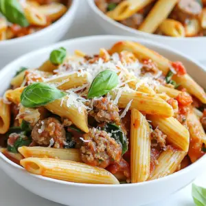 - 8 oz penne pasta - 2 tablespoons olive oil - 1 lb spicy Italian sausage (without casings) - 1 medium onion, finely chopped - 3 cloves garlic, minced - 1 can (14 oz) crushed tomatoes - 1 teaspoon red pepper flakes (adjust to taste) - 1 teaspoon dried oregano - Salt and pepper to taste - 1 cup fresh spinach - ¾ cup grated Parmesan cheese - Fresh basil leaves for garnish The spicy Italian sausage is key. It gives the dish heat and depth. The crushed tomatoes add a rich base. Garlic and onion bring sweetness and aroma. Lastly, fresh spinach adds color and nutrition. Each ingredient plays a part in making this dish pop. You can swap penne pasta with any pasta shape you prefer. If you want less heat, use mild Italian sausage. You can replace fresh spinach with kale or Swiss chard. For a dairy-free option, try nutritional yeast instead of Parmesan. These swaps still keep the dish tasty! {{ingredient_image_1}} Start by boiling a large pot of salted water. Add 8 ounces of penne pasta to the pot. Cook it according to the package instructions. You want it al dente, which means it should still be firm. This usually takes about 10-12 minutes. Once done, drain the pasta and set it aside. In a large skillet, heat 2 tablespoons of olive oil over medium heat. Add 1 pound of spicy Italian sausage, removing the casings first. Use a spatula to break it apart as it cooks. Let it brown for about 5-7 minutes. If there's extra fat, drain it to keep the dish lighter. Next, add 1 finely chopped medium onion to the skillet. Sauté it until it turns translucent, which takes about 3-4 minutes. Then, stir in 3 minced garlic cloves. Cook for another minute until fragrant. Pour in a can of crushed tomatoes (14 ounces) next. Add 1 teaspoon of red pepper flakes, 1 teaspoon of dried oregano, salt, and pepper to taste. Stir well and let it simmer for about 10 minutes. This helps the flavors blend nicely. Now, add the cooked pasta to the sauce. Toss in 1 cup of fresh spinach too. Stir everything until the pasta and spinach are well coated. Cook for another 2-3 minutes until the spinach wilts. Adjust the seasoning if needed. Serve the pasta in bowls and top with ¾ cup of grated Parmesan cheese. Garnish with fresh basil leaves for a lovely touch. Enjoy your delicious meal! To make this dish truly pop, use fresh herbs. Fresh basil adds a bright taste. You can also mix in a pinch of salt and pepper. This helps balance the heat from the sausage. If you want more spice, add extra red pepper flakes. Taste as you go. This lets you find the perfect heat level for you. For a stunning plate, use wide, shallow bowls. Start by adding the pasta first. Then, top it with sauce and sausage. Sprinkle Parmesan cheese on top. Add fresh basil leaves for color. Drizzle a bit of olive oil over the dish. This gives it a nice shine and flavor. Serve immediately to keep everything warm. Pair your pasta with a simple salad. A mix of greens, tomatoes, and a light vinaigrette works well. Garlic bread is another great side. It soaks up the delicious sauce. For drinks, a chilled white wine or sparkling water complements the meal. Enjoying this dish with good company makes it even better! Pro Tips Cook Pasta Al Dente: Make sure to cook the penne pasta just until al dente for the perfect texture that holds up in the sauce. Customize Spice Level: Adjust the amount of red pepper flakes to your preferred spice level; start with less and add more if desired. Fresh Ingredients Matter: Using fresh ingredients, especially basil and spinach, will enhance the flavor and presentation of your dish. Garnish for Impact: A drizzle of high-quality extra virgin olive oil and a sprinkle of extra Parmesan can elevate your dish's appearance and taste. {{image_2}} You can make a tasty vegetarian version of this dish. Instead of spicy Italian sausage, use vegan sausage or lentils. Both options add great texture and flavor. You can also add more vegetables, like bell peppers or mushrooms. They give a nice crunch and extra nutrients. Replace the cheese with a vegan alternative for a complete meal. For a gluten-free meal, use gluten-free penne pasta. Many brands offer gluten-free options that taste great. You can also use spiralized zucchini or butternut squash as a noodle alternative. They are healthy and add a fun twist. Make sure your sausage or meat substitute is gluten-free too. Want to enhance the dish? Try adding more spices. Crushed red pepper or fresh herbs can boost the flavor. You can also mix in olives or capers for a briny taste. For creaminess, add a splash of heavy cream or a dollop of ricotta cheese. These extras make the dish even more delicious. To keep your leftover spicy Italian sausage pasta fresh, let it cool first. Place it in an airtight container. Store it in the fridge for up to three days. Make sure to label the container with the date. This helps you track how long it’s been stored. When you're ready to enjoy your leftovers, reheat them on the stove. Add a splash of water or broth to keep it moist. Heat over medium-low heat, stirring occasionally. You can also use a microwave. Place the pasta in a microwave-safe dish, cover it, and heat for 1-2 minutes. Stir halfway through to heat evenly. If you want to save the pasta for later, freezing is a great option. Portion the pasta into freezer-safe containers. Leave some space at the top for expansion. It can last up to three months in the freezer. When you're ready to eat, thaw it in the fridge overnight. Reheat as mentioned above for a quick meal. You can use other pasta shapes like rigatoni, fusilli, or farfalle. These shapes hold sauce well. You can also try whole wheat or gluten-free versions for a healthier option. Each shape gives a different texture, making the dish fun to eat. To make it milder, use less spicy sausage or omit red pepper flakes. You can add more garlic and onion for flavor without heat. For more spice, add extra red pepper flakes or some hot sauce. Taste as you go to find your perfect heat. Yes, you can prepare the sauce and cook the pasta ahead. Store them in separate containers in the fridge. When ready to eat, just reheat the sauce and combine it with the pasta. This saves time and still tastes great! You learned about key ingredients and steps to make a great pasta dish. We covered cooking techniques, flavor enhancements, and variations for every diet. Remember to store leftovers well and reheating tips can help you enjoy your meal longer. Embrace creativity with ingredient swaps and try out new pairings. Cooking can be fun and rewarding. Enjoy your time in the kitchen and keep exploring new recipes!