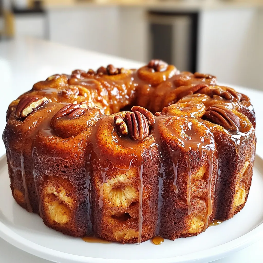 To make Monkey Bread Cinnamon Roll Style, you need a few key items. Here’s what you will use: - 2 cans (16 oz each) refrigerated biscuit dough - 1 cup granulated sugar - 2 tablespoons ground cinnamon - ½ cup unsalted butter, melted - 1 cup brown sugar - ½ cup chopped pecans (optional) - 1 cup powdered sugar - 2 tablespoons milk - 1 teaspoon vanilla extract Each ingredient plays a big role. The biscuit dough gives the bread its fluffy texture. The sugar and cinnamon mix creates that sweet, warm flavor we love. Melted butter and brown sugar make every bite rich and gooey. You can swap some ingredients if you like. For example, use whole wheat biscuit dough for a healthier twist. If you want a nut-free option, just skip the pecans. You can also use maple syrup instead of brown sugar for a different flavor. For a dairy-free version, try coconut oil in place of butter. Using high-quality ingredients matters. Fresh biscuit dough will rise well and taste great. Organic sugar gives a cleaner flavor. Also, fresh ground cinnamon packs more taste than the pre-ground type. Always check the dates on your ingredients. Freshness can make your monkey bread even better. Start by preheating your oven to 350°F (175°C). This step is key for even baking. Next, take a Bundt pan and grease it well. You can use cooking spray or butter. Make sure every nook is covered. This helps the monkey bread slide out easily later. Open your two cans of refrigerated biscuit dough. Cut each biscuit into quarters. This creates bite-sized pieces. Roll each piece into small balls. Next, mix granulated sugar and ground cinnamon in a medium bowl. Coat each dough ball in this cinnamon-sugar mixture. Make sure they are well covered. Now, let’s build the layers. Place half of the coated biscuit pieces at the bottom of your prepared Bundt pan. If you like pecans, sprinkle half of them over this layer. In a separate bowl, mix melted butter and brown sugar. Pour half of this mixture over the biscuit layer. Add the rest of your biscuit pieces on top. Sprinkle the remaining pecans over them. Finish by pouring the last of the butter and brown sugar mixture on top. Bake this in the oven for 30 to 35 minutes. The top should be golden brown when done. To check if it’s ready, insert a toothpick. If it comes out clean, it’s done. Remove the pan from the oven and let it cool for about 10 minutes. Carefully invert the monkey bread onto a serving plate. For the glaze, whisk powdered sugar, milk, and vanilla in a bowl. Drizzle this sweet glaze over the warm monkey bread. Enjoy your delightful creation! To make monkey bread that is soft and fluffy, use fresh biscuit dough. When cutting the dough, make sure each piece is about the same size. Rolling the dough into balls helps create layers. Avoid pressing them too hard; you want them airy. Bake until golden brown, but not too long. A toothpick should come out clean. Letting it cool a bit helps it hold shape when you flip it out. You can add fun flavors to your monkey bread. Try using different spices like nutmeg or cardamom. You can also mix in chocolate chips or dried fruit for a twist. If you love nuts, add walnuts or almonds instead of pecans. For a fun twist, drizzle caramel sauce on top along with the glaze. Experimenting with flavors keeps this treat exciting! One common mistake is overbaking the bread. Keep an eye on it in the oven. If you bake it too long, it becomes dry. Another mistake is not greasing the pan well. This can make it stick and break apart when you flip it. Be careful when layering; if you pack it too tightly, it won’t rise well. Lastly, don’t skip the glaze. It adds a sweet finish that makes this dish special! {{image_2}} Chocolate chip monkey bread adds rich chocolate flavor to your treat. To make this, follow the original recipe, but add chocolate chips. Use about 1 cup of semi-sweet chocolate chips. After rolling the biscuit pieces, toss them in both the cinnamon-sugar mix and the chocolate chips. Layer them in the Bundt pan as usual. The melted chocolate will mix with the buttery sauce, giving you gooey bites of joy. Apple cinnamon monkey bread combines sweet apples with warm spices. To create this variation, dice 1 to 2 medium apples and toss them with the cinnamon-sugar mix. Add the apple chunks between the layers of biscuit pieces. This adds a nice crunch and fruitiness to the dish. The apples will soften and create a sweet filling as they bake. You’ll enjoy a cozy fall flavor in every bite. If you need a nut-free option, simply skip the pecans. The monkey bread will still taste great without them. For added texture, use sunflower seeds or pumpkin seeds instead. These seeds will give a nice crunch while keeping it nut-free. Just sprinkle them between the layers as you build your monkey bread. This way, everyone can enjoy this sweet treat, regardless of nut allergies. To keep your monkey bread fresh, let it cool for a bit. Once it cools, wrap it tightly in plastic wrap. You can also place it in an airtight container. This will help prevent it from drying out. Stored this way, it lasts for up to three days at room temperature. When you want to enjoy leftover monkey bread, preheat your oven to 350°F (175°C). Place the monkey bread in an oven-safe dish. Cover it with foil to keep it moist. Heat for about 10-15 minutes. This warms it through without making it tough. You can also use a microwave. Heat it in short bursts of 15-20 seconds until warm. If you want to store monkey bread for longer, freezing works well. Wrap the cooled monkey bread in plastic wrap and then in foil. This helps to keep out air. It can stay in the freezer for up to three months. When you are ready to eat, take it out and thaw it in the fridge overnight. Once thawed, reheat it in the oven as mentioned before. Enjoy your warm, gooey treat! Yes, you can use homemade biscuit dough. It adds a personal touch to your monkey bread. Just make sure the dough is soft and easy to work with. This helps it rise and bake well. If you make it from scratch, follow a simple biscuit recipe. Keep the flavors similar to the store-bought dough. You can tell when your monkey bread is done by checking its color and texture. Look for a golden brown top. Insert a toothpick into the center. If it comes out clean, your bread is ready. The baking time is usually around 30 to 35 minutes. Keep an eye on it to avoid overbaking. Monkey bread pairs well with many things. You can serve it warm as a dessert. It also makes a great breakfast treat. Some like to enjoy it with coffee or tea. A scoop of vanilla ice cream on top adds a delightful touch. You can even add fresh fruit on the side for a burst of flavor. This post covered key ingredients, step-by-step instructions, tips, variations, and storage. You learned how to prep and bake delicious monkey bread. Focus on quality ingredients for the best taste. Avoid common pitfalls for a perfect texture. Don’t forget about fun variations like chocolate chip or apple cinnamon. With these tips, you'll create something special every time. Store and reheat correctly to enjoy your treats longer. Dive into your baking adventure and impress everyone with your yummy results!
